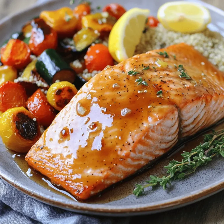 - 4 salmon fillets (6 ounces each) - 1/4 cup pure maple syrup - 2 tablespoons Dijon mustard - 2 tablespoons soy sauce (tamari for gluten-free) - 1 tablespoon extra virgin olive oil - 2 cloves garlic, finely minced - 1 tablespoon freshly squeezed lemon juice - Salt and pepper to taste - Fresh sprigs of thyme or chopped parsley for garnish Gathering the right ingredients is key for this recipe. You will need fresh salmon fillets. Look for ones that are bright in color. The maple syrup gives a lovely sweetness. Dijon mustard adds a nice tang. Soy sauce brings depth. Extra virgin olive oil keeps the salmon moist. Fresh garlic gives it a kick. Lemon juice brightens the dish. Don’t forget salt and pepper for seasoning. They balance all the flavors. Fresh thyme or parsley adds a pop of color. This makes your dish look even better. You can find these ingredients at any grocery store. When you have everything ready, it’s time to start cooking! Check out the Full Recipe for all the steps. - Create the Marinade: In a medium bowl, mix together the maple syrup, Dijon mustard, soy sauce, olive oil, minced garlic, and lemon juice. Whisk it well until smooth. This marinade adds great flavor and moisture. - Coat the Salmon: Place the salmon fillets in a shallow dish or a plastic bag. Pour the marinade over the salmon. Make sure each piece is well coated. Cover the dish or seal the bag and refrigerate for 30 minutes to 2 hours. This time helps the flavors soak into the fish. - Preheat the Oven: Set your oven to 400°F (200°C). This high heat will help caramelize the glaze on the salmon. - Prepare the Baking Sheet: Line a baking sheet with parchment paper or grease it lightly. This makes cleanup easy. Remove the salmon from the marinade, but save the leftover marinade for later. Place the fillets skin-side down on the baking sheet. - Bake the Salmon: Put the baking sheet in the oven and bake for 12-15 minutes. The time depends on how thick your fillets are. Every 5 minutes, brush the salmon with the reserved marinade. This keeps it moist and flavorful. - Check for Doneness: The salmon is done when it flakes easily with a fork. It should reach an internal temperature of 145°F (63°C). - Garnish and Serve: Once baked, take the salmon out of the oven and let it rest for about a minute. Before serving, add fresh thyme or chopped parsley for a pop of color. Enjoy your delicious Maple Dijon Glazed Salmon! For the full recipe, visit the earlier section. Achieving a Balanced Flavor To make a great glaze, mix the maple syrup and Dijon mustard well. The sweet syrup balances the tangy mustard. Use fresh garlic for an extra kick. This mix will coat the salmon nicely. Taste it before you use it. Adjust salt and pepper to your liking. Ensuring Even Cooking Even cooking is key for the best salmon. Place fillets skin-side down on the baking sheet. Space them apart so heat moves around. Brush the glaze over the salmon every five minutes. This keeps the fish moist and tasty. Choosing Fresh Salmon When picking salmon, look for bright colors. The flesh should be firm and shiny. Avoid fish with a strong fishy smell. Fresh salmon makes a big difference in taste. If you can, ask your fishmonger for the catch of the day. Sustainable Seafood Options Choose salmon from sustainable sources. Look for labels like "wild-caught" or "responsibly farmed." These choices help protect our oceans. They also ensure the fish is healthy and tasty. Pairing with Side Dishes Maple Dijon glazed salmon pairs well with many sides. Roasted vegetables add color and flavor. Quinoa or rice gives a nice base. You can also serve it with a fresh salad for crunch. Presentation Tips For a beautiful plate, use a warm, white dish. Add a colorful side, like green beans or carrots. Drizzle any leftover glaze over the fish. Finish with a lemon wedge for a fresh look. This makes your meal not just tasty but also pretty! {{image_4}} You can change the taste of your Maple Dijon Glazed Salmon with a few tweaks. Adding spices or herbs can make a big difference. Try adding red pepper flakes for heat. A pinch of smoked paprika can add depth. Fresh herbs like dill or basil can bring a bright note. Different sweeteners can also change the flavor. Instead of maple syrup, use honey or agave nectar. Each sweetener adds its unique touch. Experiment to find your favorite mix. You can cook this salmon in different ways. Grilling gives it a smoky flavor. Brush the fillets with the marinade while grilling. Baking is easier and keeps the salmon moist. Both methods work well, so choose what you like. Other cooking techniques include broiling or pan-searing. Broiling cooks the salmon from above, giving it a crispy top. Pan-searing adds a nice crust while keeping the inside tender. Try these methods for variety. If you need gluten-free options, use tamari instead of soy sauce. It has a similar taste and works great in the glaze. For dairy-free options, this recipe is already dairy-free. Enjoy it without worrying about milk or cream. You can also swap out the salmon. Try using trout or cod. Each fish has its flavor and texture. Adjust the cooking time based on thickness. Feel free to add your twist to this delicious dish! For the full recipe, check out the notes above. - To store leftovers, place salmon in an airtight container. - Keep the container in the fridge. - The recommended shelf life for cooked salmon is 3 days. - For freezing, wrap the salmon in plastic wrap. - Place it in a freezer-safe bag or container. - It can last up to 3 months in the freezer. - When reheating, use the oven for best results. - Preheat the oven to 350°F (175°C). - Place the salmon on a baking sheet and cover it with foil. - Heat for about 10-15 minutes, or until warmed through. Yes, you can prepare the marinade ahead. Just mix the maple syrup, Dijon mustard, soy sauce, olive oil, garlic, and lemon juice in a bowl. Store it in the fridge for up to three days. This saves time on busy days! Salmon is ready when it flakes easily with a fork. The internal temperature should reach 145°F (63°C). If you can gently pull apart the layers, it’s done. I often check it at the thickest part to be sure. Many sides go well with this dish. Try roasted vegetables, quinoa, or a fresh salad. Garlic mashed potatoes and steamed asparagus also work great. They balance the sweet and tangy glaze nicely. Absolutely! You can use trout, tilapia, or even halibut. Just keep an eye on the cooking time. Thinner fish may cook faster, while thicker ones may need more time. Adjust the bake time as needed. For grilling, preheat your grill to medium heat. Use the same marinade and marinate the fish as usual. Place the salmon skin-side down on the grill. Cook for about 6-8 minutes on each side. Baste it with marinade for added flavor. Enjoy the smoky taste! This post covers a delicious Maple Dijon Glazed Salmon recipe. You learned about key ingredients and how to prepare the dish step by step. Tips on flavor balance and cooking methods ensure great results. I shared variations and storage tips to help you get the most out of your meal. Enjoying a healthy dinner can be simple and tasty. Now, get cooking and impress your family!