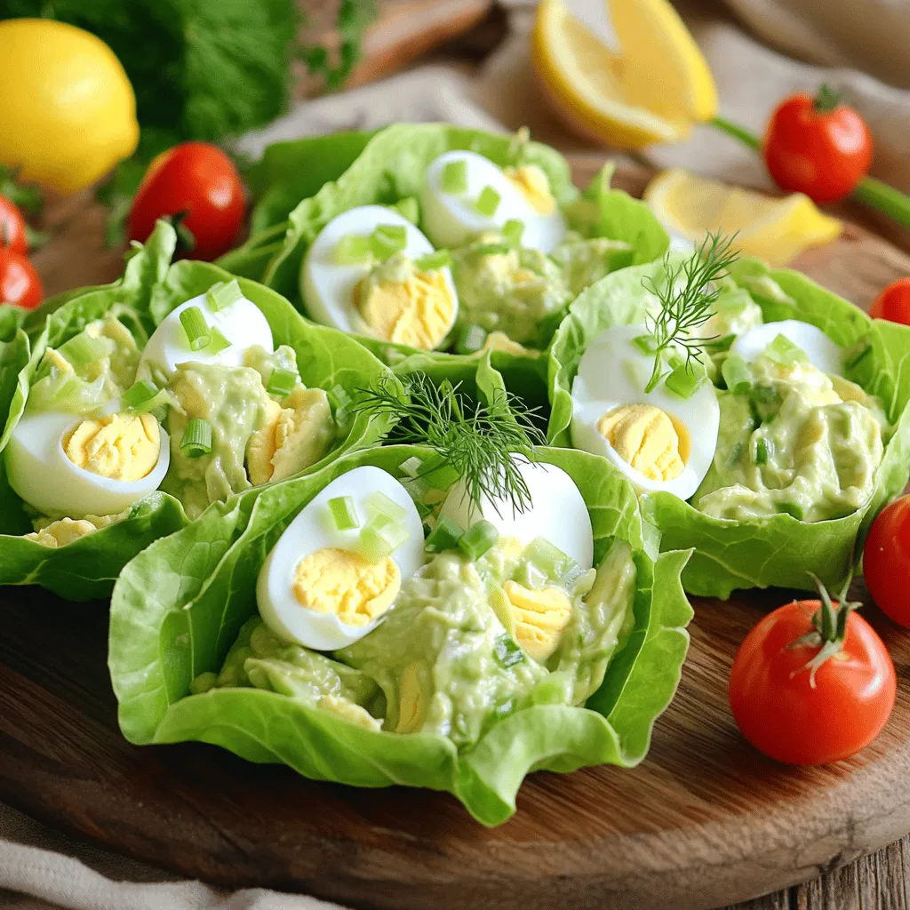 - 4 large eggs, hard-boiled and chopped - 1 ripe avocado, peeled and mashed - 2 tablespoons plain Greek yogurt - 1 tablespoon Dijon mustard - 1 tablespoon fresh lemon juice - 2 green onions, finely sliced - Salt and black pepper to taste - 8 large butter lettuce leaves (or substitute with crunchy romaine) - Fresh dill or parsley for garnish (optional) You might want to spice things up. Try adding: - A pinch of garlic powder for warmth - A few diced tomatoes for sweetness - Chopped celery for crunch - A sprinkle of paprika for a smoky touch Each serving of these wraps packs a nutritious punch. Here’s what you get: - Calories: Approximately 180 - Protein: 10 grams - Carbohydrates: 10 grams - Healthy fats: 12 grams - Fiber: 5 grams These wraps are not just tasty; they are a smart choice for a light meal or snack. You can find the full recipe to whip up these delicious Avocado Egg Salad Lettuce Wraps easily. Start by placing the eggs in a medium-sized saucepan. Cover them with cold water. Make sure the water is at least one inch over the eggs. Heat the saucepan on medium-high until the water boils. When it boils, cover the pan and take it off the heat. Let the eggs sit for 12 minutes. After that, move them to a bowl of ice water for 5 minutes. Once cool, peel and chop the eggs into small pieces. In a large mixing bowl, mash the ripe avocado with a fork. Add the plain Greek yogurt, Dijon mustard, and lemon juice. Next, slice the green onions finely and add them to the bowl. Mix everything until it’s creamy and well combined. Gently fold the chopped eggs into the avocado dressing. Use a spatula to mix without breaking the eggs. This keeps the texture nice and fluffy. Take a butter lettuce leaf and place a generous scoop of the salad in the center. Don’t overfill it; you want to keep the wrap intact. If you like, sprinkle fresh dill or parsley on top for extra flavor. To wrap, carefully fold the edges of the leaf around the filling. You can use a toothpick to hold it if you want. Serve these wraps on a colorful platter. Drizzle with lemon juice for brightness and pair with cherry tomatoes for a fresh bite. For the full recipe, check out the details above. To make the best hard-boiled eggs, start with cold water. Place the eggs in a pot, covering them with water. Heat the pot until the water boils. Once boiling, remove the pot from heat and cover it. Let the eggs sit for 12 minutes. This method gives you perfect yolks without a green ring. After 12 minutes, cool them in ice water for 5 minutes. This makes peeling easier and keeps the eggs tender. For wraps, I love using butter lettuce. Its wide leaves are soft and easy to fold. Romaine is another great choice; it adds a nice crunch. If you want a change, use collard greens or Swiss chard. These options add a unique flavor. Always wash your lettuce well to remove dirt, and dry it gently to keep it crisp. You can make your egg salad unique by adding your favorite ingredients. Try diced bell peppers for crunch. Chopped celery adds a fresh taste. If you like spice, mix in jalapeños or hot sauce. Fresh herbs like cilantro or basil can brighten the flavor. For an extra creamy texture, add more Greek yogurt. You can find the full recipe for Avocado Egg Salad Lettuce Wraps to explore more options. {{image_4}} If you want a vegan twist, swap the eggs and Greek yogurt. You can use chickpeas instead of eggs. Mash them until smooth. For the creamy part, blend avocado with a bit of silken tofu or vegan mayo. This keeps the dish rich and tasty without eggs. This recipe is already gluten-free! The lettuce wraps are perfect for those avoiding gluten. Use butter lettuce or crunchy romaine leaves. They are fresh and add a nice crunch. Be sure to check your mustard and yogurt to ensure they are gluten-free. To make your wraps even more exciting, try adding different ingredients. Here are some ideas: - Diced bell peppers for crunch. - Chopped celery for a bit of crunch. - A sprinkle of paprika for a smoky flavor. - Sliced olives for a salty kick. - Fresh herbs like cilantro or basil for extra zest. These add-ins can create a new taste with each bite. You can always find your favorite mix! For the full recipe, check our detailed instructions. To store leftover egg salad, place it in an airtight container. This keeps it fresh and safe. Make sure to refrigerate it right away. It can last for about 3 days in the fridge. If you see any discoloration or a strange smell, it's best to throw it out. Keep wraps fresh by storing them separately from the filling. Wrap each lettuce leaf in a damp paper towel. Place them in a plastic bag. This keeps them crisp. For the egg salad, use an airtight container. Avoid soggy wraps by not filling them until you’re ready to eat. You won't need to reheat the egg salad. It’s best enjoyed cold. If you prefer warm egg salad, you can heat it gently on the stove. Use low heat and stir often. Avoid cooking it too long, as it can change the texture. For the lettuce wraps, they are best served fresh. Yes, you can make avocado egg salad ahead of time. However, the avocado may brown. To slow this, store it in an airtight container. You can also add a little lemon juice to help keep it fresh. Enjoy it within one day for the best taste. Great side dishes include: - Fresh fruit salad for sweetness - Crunchy carrot sticks for extra crunch - A light cucumber salad for freshness - Baked sweet potato fries for a hearty option These pair well and enhance your meal. Lettuce wraps stay fresh for about 2 hours if kept cool. After that, the lettuce may wilt. If you store them in the fridge, they last about one day. To keep them fresh longer, assemble the wraps just before serving. Yes, you can use several substitutes for Greek yogurt. Consider: - Sour cream for a tangy taste - Hummus for a creamy, vegan choice - Mashed tofu for a protein boost These can add different flavors to your salad. Dips can enhance your wraps. Here are some ideas: - Hummus for a smooth texture - Salsa for a burst of flavor - Ranch dressing for creaminess These dips can add fun flavors to each bite of your wrap. For the full recipe, check out Avocado Egg Salad Lettuce Wraps. This blog post covered how to make a tasty avocado egg salad. We looked at all the ingredients, including optional flavors, and shared nutritional facts. I guided you through easy steps to prepare hard-boiled eggs, make a creamy dressing, and assemble lettuce wraps. You learned tips for perfecting each component and explored variations for different diets. In summary, you can create fun and healthy meals that suit your taste. Enjoy experimenting and making this recipe your own!