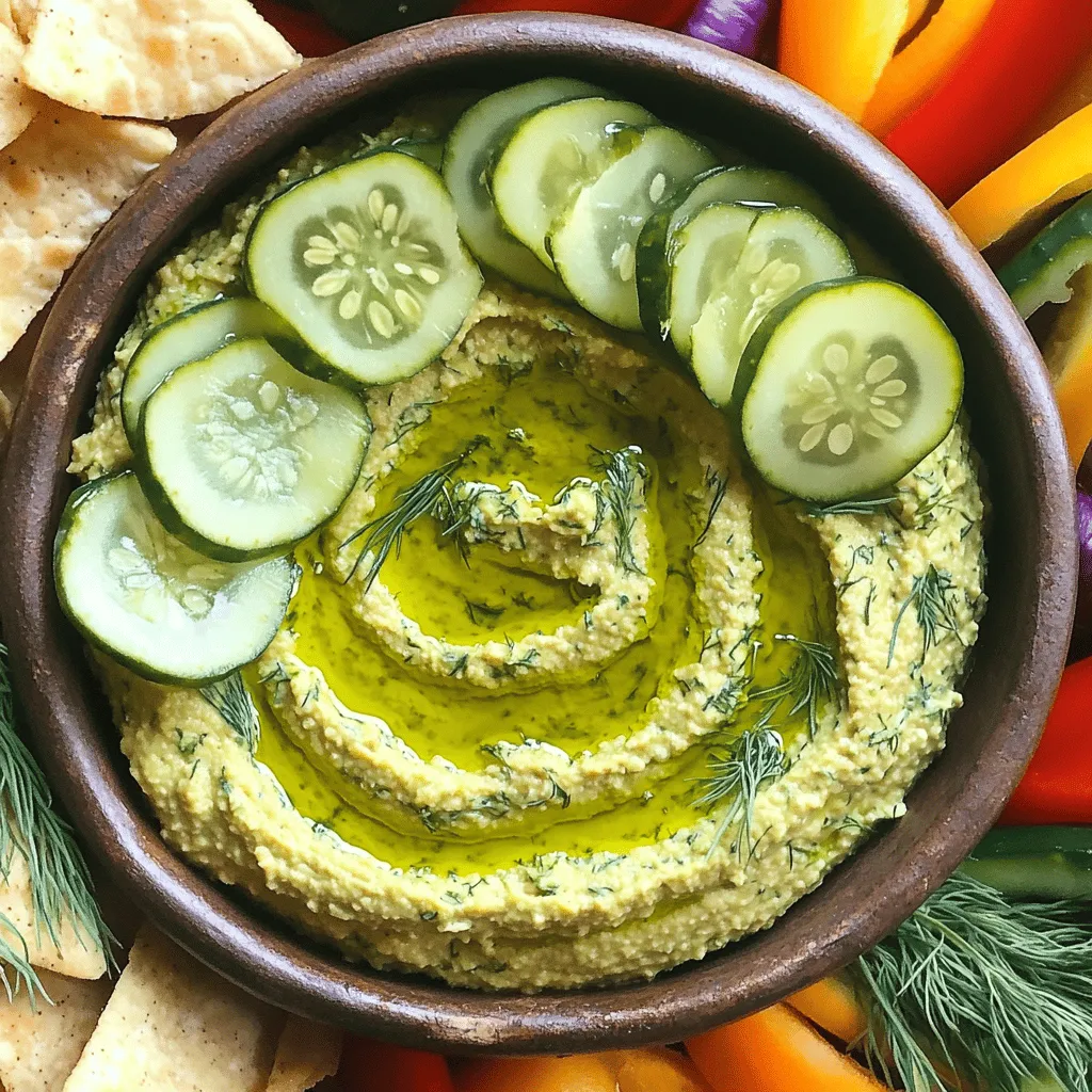 - 1 can (15 oz) chickpeas, thoroughly drained and rinsed - 1/4 cup tahini (sesame seed paste) - 1/4 cup dill pickles, finely chopped Chickpeas form the base of our hummus. They provide creaminess and protein. Tahini adds richness and a nutty flavor. Dill pickles bring that zesty punch that makes this dip special. - 2 tablespoons pickle juice (from the pickle jar) - 1 tablespoon extra virgin olive oil - 1 garlic clove, finely minced Pickle juice adds tang and depth. Olive oil smooths the texture and adds good fat. Garlic gives a fragrant, savory note that makes each bite pop. - 1 teaspoon smoked paprika - 1/2 teaspoon cayenne pepper - Salt and black pepper, to taste Smoked paprika adds a lovely depth with its warm flavor. Cayenne pepper brings the heat, so you can adjust it to your liking. Salt and black pepper balance the flavors perfectly. This blend of ingredients creates a dip that is both tangy and flavorful. You can find the full recipe for Spicy Dill Pickle Hummus in the article above. Enjoy making it! To make Spicy Dill Pickle Hummus, start by gathering your ingredients. You will need: - 1 can (15 oz) chickpeas, thoroughly drained and rinsed - 1/4 cup tahini (sesame seed paste) - 1/4 cup dill pickles, finely chopped - 2 tablespoons pickle juice (from the pickle jar) - 1 tablespoon extra virgin olive oil - 1 garlic clove, finely minced - 1 teaspoon smoked paprika - 1/2 teaspoon cayenne pepper - Salt and black pepper, to taste - Fresh dill, for garnishing - Additional sliced dill pickles, for garnishing Next, place all these ingredients into a food processor. Pulse them together until smooth. Stop occasionally to scrape down the sides of the bowl. This helps make sure everything blends well. If the hummus seems too thick, add a bit of water. Just a teaspoon at a time until you reach your desired texture. Now, it’s time to taste your hummus. If you want more heat, add a little more cayenne pepper. For extra tang, try adding more pickle juice. Remember, the flavors will blend as it sits, so make sure to adjust before serving. For a creamier consistency, keep blending. If it feels too thick, a little more olive oil or water can help. Always taste and tweak until you love it! Once you are happy with your hummus, carefully transfer it to a serving bowl. To make it look pretty, drizzle some olive oil on top. Then, sprinkle fresh dill over the surface. You can also add sliced dill pickles around the edge for a fun touch. Serve your Spicy Dill Pickle Hummus with crispy pita chips, fresh veggies, or as a spread in sandwiches. Enjoy this tangy and flavorful dip at your next gathering or snack time. Check out the Full Recipe for more details! To keep your Spicy Dill Pickle Hummus fresh, store it in an airtight container. This helps to lock in flavor and prevent spoilage. I prefer glass containers because they don’t stain and are easy to clean. Make sure to press a piece of plastic wrap against the hummus surface before sealing it. This adds an extra barrier against air. This hummus tastes best when served chilled. Cold temperatures enhance its creamy texture and zesty flavor. If you’re short on time, you can serve it at room temperature. Pair it with crispy pita chips, fresh veggies, or use it as a spread in sandwiches. This dip adds a fun twist to any meal. For a richer taste, try using roasted garlic instead of raw garlic. Roasting mellows the flavor and adds sweetness. You can swap out olive oil for avocado oil for a different flavor profile. Both oils blend well and keep the hummus creamy. {{image_4}} You can easily change the flavor of Spicy Dill Pickle Hummus. One fun option is to add heat with jalapeños. Just chop them finely and mix them in. Adjust the amount to fit your spice preference. If you want a milder flavor, use less. Another option is to use different herbs. Fresh herbs like parsley or cilantro can give a bright twist. You may also try adding mint for a refreshing taste. Each herb brings a unique flavor that can change the whole dish. Making this hummus vegan-friendly is simple. All the ingredients are already plant-based. You can enjoy it without any worries. If you have gluten issues, this dip is perfect for you. It pairs well with veggies like carrots and cucumbers. You can also serve it with gluten-free pita chips. This ensures everyone at your table can join in on the fun. If you want to switch up the base, you can use other legumes. Black beans or white beans can be great chickpea alternatives. They each have different tastes, making it fun to experiment. For tahini substitutes, try using sunflower seed butter. It has a similar creamy texture and nutty flavor. You can also use Greek yogurt for a tangy twist. Just make sure it fits your dietary needs. Feel free to explore these variations to make the recipe your own. For the complete recipe, check out the Full Recipe section! Each serving of Spicy Dill Pickle Hummus has about 100 calories. This dip is rich in nutrients. - Calories per serving: 100 - Macronutrient details: - Protein: 4g - Fat: 5g - Carbohydrates: 10g - Fiber: 2g Chickpeas are a great source of protein and fiber. They help keep you full. - Benefits of chickpeas: - Promote heart health - Aid digestion - Support weight management Dill pickles add a nice zing and flavor to your hummus. They have health perks too. - Advantages of dill pickles: - Low in calories - Rich in antioxidants - Provide probiotics for gut health A good serving size is about 2-3 tablespoons. This is enough for a tasty snack. - Recommended portion sizes: 2-3 tablespoons per person - Snack versus meal accompaniment: Great as a snack or spread for sandwiches. Enjoy it with veggies or pita chips. Homemade hummus lasts about 4 to 7 days when stored in the fridge. Make sure to keep it in an airtight container. The freshness of the ingredients can affect how long it stays good. For the best taste, eat it within the first few days. Yes, you can make Spicy Dill Pickle Hummus in advance. This dip tastes even better after a day in the fridge. The flavors blend and deepen over time. Just be sure to store it well to keep it fresh. You have many tasty options for dipping! Try these: - Crispy pita chips - Fresh veggies like carrots and cucumbers - Toasted bread slices - Tortilla chips - Crackers Each of these pairs well with the tangy flavor of the hummus. Enjoy mixing and matching! You can find the full recipe [here](#). Spicy Dill Pickle Hummus combines chickpeas, tahini, and pickles for a flavorful dip. You can enhance the taste with garlic, olive oil, and spices like smoked paprika. Remember to adjust flavors to your liking and store it right for freshness. This hummus is versatile; try variations with jalapeños or different herbs. It’s easy to make, nutritious, and perfect for snacks or meals. Enjoy creating this tasty treat and share it with friends!