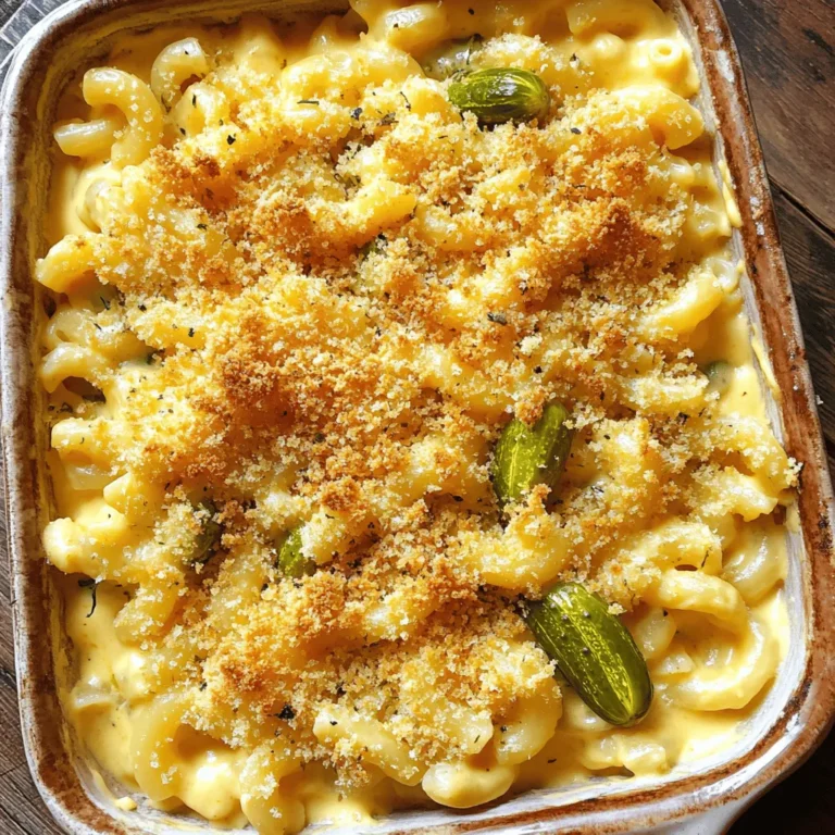 - 8 oz elbow macaroni - 2 cups sharp cheddar cheese, shredded - 1 cup dill pickles, finely diced - 1/2 cup pickle juice - 2 tablespoons unsalted butter - 2 tablespoons all-purpose flour - 2 cups whole milk - 1 teaspoon garlic powder - 1 teaspoon onion powder - Salt and freshly ground pepper, to taste - 1/2 cup breadcrumbs (optional, for added crunch) When making pickle mac and cheese, start with the right ingredients. The main star here is the elbow macaroni. This pasta shape holds the creamy cheese sauce well. Next, use sharp cheddar cheese for a bold flavor. The diced dill pickles add a tangy crunch. Don't forget the pickle juice, which gives extra zest. For a smooth cheese sauce, melt unsalted butter and mix in flour to create a roux. Then, slowly add whole milk to thicken it. The garlic and onion powder enhance the taste. Season with salt and pepper to balance the flavors. If you want a crunchy topping, breadcrumbs are an excellent choice. They add texture and contrast to the soft mac and cheese. This combination of ingredients makes a savory dish that surprises and delights. For a full recipe, check out the details above. Enjoy your cooking! - Bring a large pot of salted water to a rolling boil. - Cook elbow macaroni until al dente, then drain. Cooking the pasta is where it all starts. Make sure your water is really boiling before adding the elbow macaroni. This helps the pasta cook evenly. Stir it a bit while it cooks. You want it to be firm but not hard. Al dente means it should still have a little bite. Once done, drain it well and set it aside. - Melt butter and create a roux with flour. - Incorporate whole milk and thicken the mixture. - Gradually add shredded cheddar cheese until melted. Now, onto the cheese sauce! In the same pot, melt the butter over medium heat. Once melted, add the flour. Stir and cook for about a minute to make a roux. This thickens your sauce. Then, slowly pour in the whole milk. Whisk it well to avoid lumps. Cook until it thickens, stirring often. After that, reduce the heat and add the shredded cheddar cheese. Stir until it melts and becomes smooth. - Mix in pickle juice and diced dill pickles. - Season with garlic powder, onion powder, salt, and pepper. - Fold in the cooked macaroni. This is where the magic happens! Pour the pickle juice into your cheese sauce. Add the diced dill pickles, too. They add a zesty kick! Season with garlic powder, onion powder, salt, and pepper. Mix it all well. Now, gently fold in the cooked macaroni. You want every piece to be coated in that tangy cheese sauce. - Transfer to a greased baking dish. - Sprinkle breadcrumbs and bake until golden brown. If you want a crunchy topping, this step is for you! Transfer your mac and cheese to a greased baking dish. Sprinkle breadcrumbs over the top evenly. Then, pop it into a preheated oven at 350°F (175°C). Bake it for 15-20 minutes until the top is golden and bubbly. This gives you that perfect crunch! Check out the Full Recipe for more details and enjoy your zesty pickle mac and cheese! - Ensure pasta is cooked al dente for the best texture. - Use freshly shredded cheese for optimal melting. Cooking pasta just right is key. If it’s too soft, your dish will turn mushy. Al dente pasta holds its shape and gives the dish a nice bite. For cheese, pre-shredded options often have additives that can impact melting. Freshly shredded cheese melts smoothly, giving you that creamy texture you want. - Quick tips on balancing flavors with pickles. - Alternatives for using sweet or bread-and-butter pickles. Pickles add a tang that livens up your mac and cheese! If your pickles are too tart, balance them with a bit of sugar or honey. You can also use sweet or bread-and-butter pickles if you prefer a milder taste. Their sweetness can create a fun contrast with the cheese. - Suggestions for adding spices or herbs. - How to customize creaminess to your preference. Add spices like smoked paprika or black pepper for extra depth. Fresh herbs like parsley or dill can brighten the dish. If you want it creamier, adjust the milk or cheese ratio. For a thicker sauce, use less milk; for a lighter sauce, add more. Experiment to find your favorite combo! For a complete experience, check out the Full Recipe for every detail you need. {{image_4}} You can switch up the cheese in your pickle mac and cheese. Try using mozzarella for a creamy texture. Gouda adds a nice, smoky flavor. If you like heat, pepper jack will spice things up. Each cheese brings its own twist to the dish. Mixing cheeses can create a more complex flavor that surprises your taste buds. Add fun mix-ins to make your dish stand out. Crumbled bacon brings a salty crunch that pairs well with pickles. Diced chicken adds protein and makes the meal heartier. For some greens, toss in spinach or bell peppers. These veggies not only boost nutrition but also add color to your dish. You can cook your mac and cheese in different ways. Stovetop is quick and easy. Just stir your pasta with the cheese sauce until it’s creamy. If you want a baked version, place it in the oven for a crunchy top. You can also use an Instant Pot to speed things up. Just follow the same steps, but in a fraction of the time. Each method gives you a unique taste and texture. For the full recipe, check out the Zesty Pickle Mac and Cheese. After enjoying your pickle mac and cheese, you can store any leftovers. First, let it cool down. Then, place it in an airtight container. This keeps it fresh and tasty. Store it in the fridge for up to three days. For longer storage, you can freeze it. When freezing, use a freezer-safe container. Make sure to leave some space at the top. The mac and cheese will expand as it freezes. It can last for up to three months in the freezer. To reheat your pickle mac and cheese, avoid the microwave if you can. The microwave may dry it out. Instead, use the oven for best results. Preheat your oven to 350°F (175°C). Place the mac and cheese in a baking dish. Add a splash of milk to keep it creamy. Cover it with foil to trap moisture. Heat for about 20 minutes or until warm. If you must use a microwave, do it in short bursts. Heat for 30 seconds, then stir. This helps keep the flavor and texture just right. Yes, you can use gluten-free pasta. Many brands offer great options. Just choose one that cooks well and has a similar shape to elbow macaroni. Cook it according to the package instructions. It still tastes amazing with the cheese and pickles. If you are gluten-sensitive, check the labels carefully to avoid cross-contamination. If you don’t have pickles, try using pickled jalapeños for some heat. You can also use capers for a briny flavor. Another option is to add a splash of vinegar to your cheese sauce. This will give it a nice tang. Experiment with what you have at home to find your favorite flavor twist. To serve pickle mac and cheese at a party, use a large dish. You can sprinkle fresh herbs on top for a pop of color. Pair it with crunchy veggies like carrots and cucumber sticks. It also goes well with a light salad. For drinks, serve lemonade or iced tea to balance the richness. Guests will love this fun twist on a classic dish! You've learned how to make a tasty pickle mac and cheese from scratch. We covered the key ingredients, cooking instructions, and fun variations. Remember, using quality cheese and cooking pasta just right makes a big difference. Feel free to mix in proteins or veggies for added flavor. Store leftovers properly, and you'll enjoy this dish multiple times. Experiment and find your favorite twist on this classic. Your kitchen can be a place of tasty creations!