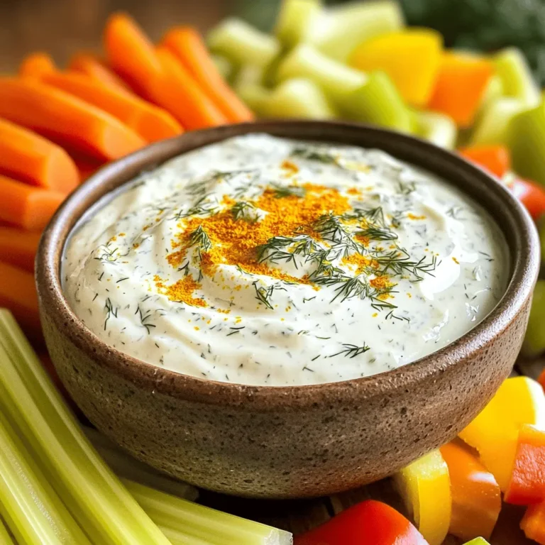 - 1 cup plain Greek yogurt - 1 tablespoon buttermilk or milk - 1 teaspoon dried dill - 1 teaspoon garlic powder - 1 teaspoon onion powder - 1 teaspoon dried parsley - 1/2 teaspoon salt - 1/4 teaspoon black pepper - 1/4 teaspoon smoked paprika - 1 tablespoon fresh lemon juice - Fresh vegetables for dipping - Hot sauce for extra spice - Chopped fresh herbs like cilantro or chives - Additional spices like cayenne pepper or Italian seasoning Greek yogurt ranch dip is not just tasty; it is also good for you. Greek yogurt has more protein than sour cream. This protein helps build muscles and keeps you full. It has fewer calories and less fat too. You can enjoy the rich flavor without the guilt. Greek yogurt also has probiotics. These are good bacteria that help your gut stay healthy. So, when you enjoy this dip, you get great taste and health benefits. You can dip crunchy carrots, celery, or bell peppers. You can find the full recipe above to help you make this delicious dip. - Step 1: Combine Greek yogurt and buttermilk in a bowl. Use a whisk to mix well. - Step 2: Add dried dill, garlic powder, onion powder, dried parsley, salt, black pepper, and smoked paprika. Stir until fully blended. - Step 3: Incorporate fresh lemon juice. Mix everything until smooth and creamy. To get the perfect texture, make sure you blend thoroughly. Use a spatula to scrape the sides of the bowl. This helps mix in any clumps. Stir gently but firmly. This way, the flavors mix evenly. Chilling your dip is crucial. Let it rest in the fridge for at least 30 minutes. This allows the flavors to blend and deepen. For serving, arrange fresh vegetables like carrots, celery, and bell peppers on a platter. You can also use small bowls for individual servings. Add a sprig of dill on each bowl for a lovely touch. For the full recipe, check out the detailed instructions above. To make your Greek yogurt ranch dip even better, consider adjusting the spices. Start with the listed amounts for a balanced flavor. After mixing, taste your dip. If you want it spicier, add more black pepper or smoked paprika. You can also brighten the flavor by adding extra lemon juice. The best time to tweak the flavor is right after mixing. Take small bites and adjust until it feels just right. Storing leftovers properly keeps your dip fresh. Use an airtight container for the best results. Glass or plastic containers work well. Make sure to seal it tightly to avoid any air. This keeps the flavors strong and prevents spoilage. Your dip will last up to three days in the fridge. If you plan a party, making this dip ahead is smart. You can prepare it a day in advance. Just mix it up and store it in the fridge. The longer it sits, the better the flavors blend. Take it out about 30 minutes before serving. This allows it to warm slightly, enhancing the taste. You want everyone to enjoy the full flavor when it’s time to dig in. {{image_4}} You can spice up your ranch dip in fun ways. Add hot sauce for heat. Mix in fresh jalapeños for a kick. You can also try different herbs. Use fresh basil instead of dill for a twist. Or, add oregano for an Italian flair. If you prefer a vegan version, use coconut yogurt. You can also swap buttermilk with almond milk. For gluten-free options, check your spices. Most are safe, but always read labels. This way, everyone can enjoy the dip. This dip pairs well with many dishes. Serve it with chips for a snack. You can also spread it on sandwiches for extra flavor. Try drizzling it over salads for a creamy touch. Use it as a topping for baked potatoes too. The options are endless! To keep your Greek yogurt ranch dip fresh, store it in an airtight container. This will help prevent it from absorbing other smells in your fridge. Properly stored, the dip lasts for about 5 to 7 days. This allows you to enjoy it during the week without worry. Yes, you can freeze this dip, but it may lose some texture. For best results, pour the dip into a freezer-safe container. Leave some space at the top for expansion. When you're ready to enjoy it, thaw the dip in the fridge overnight. Stir well before serving to restore some of its creamy goodness. Got leftover dip? Use it as a salad dressing or spread. You can add it to wraps or sandwiches for extra flavor. Mixing it with pasta can also create a tasty creamy sauce. The dip adds a nice kick to any meal, so get creative! Yes, Greek yogurt ranch dip is healthier than the traditional version. It has less fat and fewer calories. Greek yogurt packs a protein punch, making it filling and nutritious. A typical ranch dip uses sour cream and mayo, which are higher in fat. Greek yogurt provides creaminess without the extra calories. You get all the flavor without the guilt. Yes, you can make this dip ahead of time. In fact, it tastes better after chilling. You can prepare it a day earlier and store it in the fridge. Just cover it tightly to keep it fresh. When you're ready to serve, give it a quick stir. This helps the flavors blend even more. You can serve this dip with various dippers. Fresh veggies like carrots, celery, and bell peppers are perfect. You can also use crackers or pita chips. For a twist, try serving it with tortilla chips. The options are endless! You can even spread it on sandwiches or wraps. Greek yogurt ranch dip lasts about 5 to 7 days in the fridge. Make sure to store it in an airtight container. If you notice any changes in color or smell, it’s best to toss it. Always check before you enjoy your delicious dip again. Greek yogurt ranch dip is easy to make and adapt. We learned about its tasty ingredients, health benefits, and fun variations. Include fresh herbs or try a spicy flavor. Make it ahead for gatherings to save time. Proper storage keeps it fresh for future snacks. Enjoy experimenting with different pairings and recipes. This dip fits well into meals and snacks alike. Once you try it, I bet you'll want to make it often!