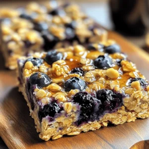 - 2 cups rolled oats - 1 cup almond flour - 1/2 cup ripe bananas, mashed - 1/4 cup honey or maple syrup - 1/2 cup almond milk - 1 teaspoon vanilla extract - 1 teaspoon baking powder - 1/2 teaspoon ground cinnamon - 1 cup fresh or frozen blueberries - 1/4 cup chopped nuts - You can use agave nectar or coconut sugar instead of honey. - Different types of milk like soy or coconut work great too. - Each serving has about 150 calories. - The bars have 25 grams of carbs, 3 grams of protein, and 5 grams of fat. - They also provide around 3 grams of dietary fiber. These ingredients come together to create a wholesome snack. The oats and bananas give you energy, while the blueberries add vitamins. I love how you can adjust the sweeteners to fit your taste. If you want a nutty crunch, the chopped nuts add texture and healthy fats. You’ll love these blueberry oatmeal breakfast bars for breakfast or a snack. Check out the Full Recipe for all the details! - Preheat the oven to 350°F (175°C). - Prepare the baking dish with parchment paper. - Combine the dry ingredients in a bowl. - Whisk wet ingredients until smooth. To start, preheat your oven. I find that 350°F (175°C) is perfect for these bars. Next, take your 8x8 inch baking dish and line it with parchment paper. This helps with easy removal after baking. Now for the mixing! In a large bowl, combine the dry ingredients. This includes the rolled oats, almond flour, baking powder, ground cinnamon, and chopped nuts. Stir them well. This step ensures that every bite is packed with flavor. In another bowl, whisk the wet ingredients together. Take your ripe bananas and mash them up. Then add honey or maple syrup, almond milk, and vanilla extract. Make sure this mixture is smooth. It should blend perfectly. Once you have both mixtures ready, pour the wet mix into the dry bowl. Gently stir until just combined. Be careful not to overmix. Now, fold in the blueberries. This adds that juicy burst of flavor. - Transfer mixture to the baking dish. - Bake for 25-30 minutes. Now you can pour the mixture into your prepared baking dish. Use a spatula to spread it evenly. Make sure the top looks nice and smooth. It's time to bake! Place the dish in the oven and let it bake for about 25-30 minutes. You’ll know it’s done when the edges turn golden brown. A toothpick inserted in the center should come out clean. For a full recipe, check the details above. Enjoy the process! - How to check for doneness: To check if your bars are ready, look for a golden edge. You can also insert a toothpick in the center. If it comes out clean, they are done. - Adjusting baking time for different ovens: Every oven is unique. If your bars need more time, add 5-minute checks. Keep an eye on the edges. They should not burn. - Alternatives for almond flour: If you need a substitute for almond flour, try oat flour or whole wheat flour. Both will work well in this recipe. - Dairy-free options: Use coconut milk or soy milk instead of almond milk. They add creaminess without dairy. - Suggestions for serving and garnishing: Cut the bars into squares. You can serve them plain or sprinkle with a bit of cinnamon for flair. Fresh blueberries on top add a nice touch. - Storing leftovers in the fridge: Keep any leftover bars in an airtight container. They stay fresh for up to one week in the fridge. {{image_4}} You can easily change the flavor of your Blueberry Oatmeal Breakfast Bars. Adding spices can bring warmth and depth. Try using nutmeg or cardamom for a unique twist. Both spices add a cozy note to the bars. You can also mix in different fruits. Strawberries and raspberries work great too. They add a fresh taste and vibrant color. Feel free to get creative with your choices! For a different texture, consider using various nuts. Walnuts and almonds are excellent options. They add crunch and healthy fats to your bars. You can also boost the nutrition by adding seeds. Chia seeds and flaxseeds provide fiber and protein. They are easy to mix into the batter. These small changes can make a big difference in how your bars feel. If you need gluten-free options, swap rolled oats for certified gluten-free oats. This keeps your bars safe for those with gluten sensitivities. For vegan modifications, replace honey with maple syrup. This simple switch keeps the sweetness while making the recipe plant-based. You can also use almond milk or any milk of your choice. These adjustments ensure everyone can enjoy your nutritious snack. Check out the full recipe for more ideas! Once you bake your Blueberry Oatmeal Breakfast Bars, let them cool completely. Then, store them in the fridge. Use an airtight container to keep them fresh. This helps maintain their taste and texture. You can also layer the bars with parchment paper. This prevents them from sticking together. If you want to keep your bars longer, freezing is a great option. Wrap each bar in plastic wrap or aluminum foil. Place them in a freezer-safe bag or container. This keeps them protected from freezer burn. When you are ready to eat, take them out and let them thaw in the fridge overnight. In the fridge, these bars last about one week. If you freeze them, they can last up to three months. Just remember to check for any signs of spoilage before eating. Enjoy these tasty bars anytime you want a nutritious snack! You can find the Full Recipe to guide you through making these delicious bars. How to make Blueberry Oatmeal Breakfast Bars vegan? To make these bars vegan, simply replace honey with maple syrup. Use plant-based milk, like almond or oat milk. Ensure any add-ins, like chocolate or nuts, are also vegan-friendly. Can I use quick oats instead of rolled oats? Yes, you can use quick oats. They will change the texture slightly, making the bars softer. If you prefer chewier bars, stick with rolled oats. What can I use instead of almond flour? You can use all-purpose flour or oat flour as a substitute. If you want a nut-free option, try using coconut flour. Adjust the liquid as needed since coconut flour absorbs more moisture. Can I make these bars in advance? Absolutely! You can prepare the bars a day or two ahead. Store them in the fridge for best freshness. They also freeze well for longer storage. Is it okay to use frozen blueberries? Yes, frozen blueberries work great! They add a nice burst of flavor. Just fold them in gently to avoid breaking them too much. What sweeteners can I substitute for honey? You can use agave nectar, maple syrup, or brown sugar. Adjust the amount based on your taste. Each sweetener may change the flavor slightly, so feel free to experiment! These blueberry oatmeal breakfast bars are easy and fun to make. You can mix simple ingredients, bake, and enjoy a tasty treat. Remember, you can change flavors and textures with different fruits and nuts. Store them well, and they will stay fresh. Making these bars lets you explore different options. Vegan or gluten-free, the choice is yours! Enjoy breakfast your way and share with family. Let the kitchen be your playground.
