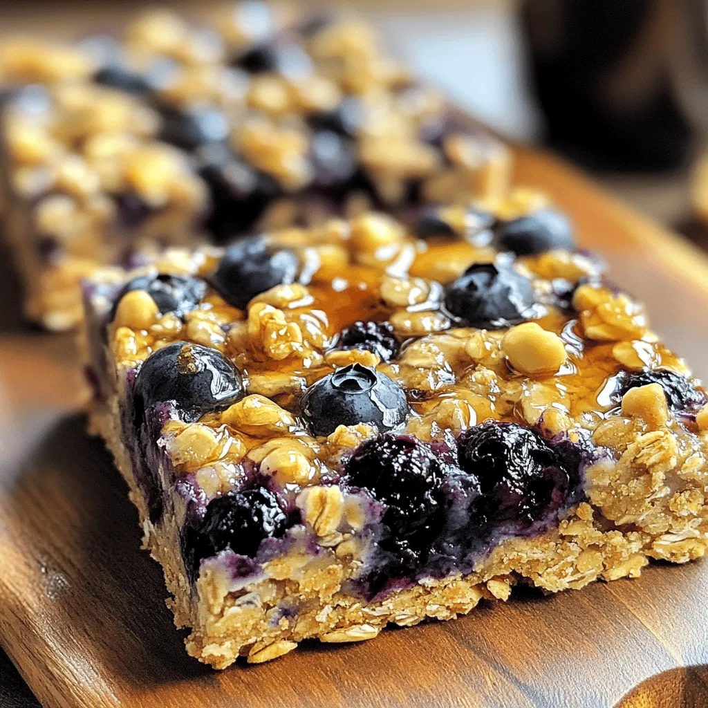 - 2 cups rolled oats - 1 cup almond flour - 1/2 cup ripe bananas, mashed - 1/4 cup honey or maple syrup - 1/2 cup almond milk - 1 teaspoon vanilla extract - 1 teaspoon baking powder - 1/2 teaspoon ground cinnamon - 1 cup fresh or frozen blueberries - 1/4 cup chopped nuts - You can use agave nectar or coconut sugar instead of honey. - Different types of milk like soy or coconut work great too. - Each serving has about 150 calories. - The bars have 25 grams of carbs, 3 grams of protein, and 5 grams of fat. - They also provide around 3 grams of dietary fiber. These ingredients come together to create a wholesome snack. The oats and bananas give you energy, while the blueberries add vitamins. I love how you can adjust the sweeteners to fit your taste. If you want a nutty crunch, the chopped nuts add texture and healthy fats. You’ll love these blueberry oatmeal breakfast bars for breakfast or a snack. Check out the Full Recipe for all the details! - Preheat the oven to 350°F (175°C). - Prepare the baking dish with parchment paper. - Combine the dry ingredients in a bowl. - Whisk wet ingredients until smooth. To start, preheat your oven. I find that 350°F (175°C) is perfect for these bars. Next, take your 8x8 inch baking dish and line it with parchment paper. This helps with easy removal after baking. Now for the mixing! In a large bowl, combine the dry ingredients. This includes the rolled oats, almond flour, baking powder, ground cinnamon, and chopped nuts. Stir them well. This step ensures that every bite is packed with flavor. In another bowl, whisk the wet ingredients together. Take your ripe bananas and mash them up. Then add honey or maple syrup, almond milk, and vanilla extract. Make sure this mixture is smooth. It should blend perfectly. Once you have both mixtures ready, pour the wet mix into the dry bowl. Gently stir until just combined. Be careful not to overmix. Now, fold in the blueberries. This adds that juicy burst of flavor. - Transfer mixture to the baking dish. - Bake for 25-30 minutes. Now you can pour the mixture into your prepared baking dish. Use a spatula to spread it evenly. Make sure the top looks nice and smooth. It's time to bake! Place the dish in the oven and let it bake for about 25-30 minutes. You’ll know it’s done when the edges turn golden brown. A toothpick inserted in the center should come out clean. For a full recipe, check the details above. Enjoy the process! - How to check for doneness: To check if your bars are ready, look for a golden edge. You can also insert a toothpick in the center. If it comes out clean, they are done. - Adjusting baking time for different ovens: Every oven is unique. If your bars need more time, add 5-minute checks. Keep an eye on the edges. They should not burn. - Alternatives for almond flour: If you need a substitute for almond flour, try oat flour or whole wheat flour. Both will work well in this recipe. - Dairy-free options: Use coconut milk or soy milk instead of almond milk. They add creaminess without dairy. - Suggestions for serving and garnishing: Cut the bars into squares. You can serve them plain or sprinkle with a bit of cinnamon for flair. Fresh blueberries on top add a nice touch. - Storing leftovers in the fridge: Keep any leftover bars in an airtight container. They stay fresh for up to one week in the fridge. {{image_4}} You can easily change the flavor of your Blueberry Oatmeal Breakfast Bars. Adding spices can bring warmth and depth. Try using nutmeg or cardamom for a unique twist. Both spices add a cozy note to the bars. You can also mix in different fruits. Strawberries and raspberries work great too. They add a fresh taste and vibrant color. Feel free to get creative with your choices! For a different texture, consider using various nuts. Walnuts and almonds are excellent options. They add crunch and healthy fats to your bars. You can also boost the nutrition by adding seeds. Chia seeds and flaxseeds provide fiber and protein. They are easy to mix into the batter. These small changes can make a big difference in how your bars feel. If you need gluten-free options, swap rolled oats for certified gluten-free oats. This keeps your bars safe for those with gluten sensitivities. For vegan modifications, replace honey with maple syrup. This simple switch keeps the sweetness while making the recipe plant-based. You can also use almond milk or any milk of your choice. These adjustments ensure everyone can enjoy your nutritious snack. Check out the full recipe for more ideas! Once you bake your Blueberry Oatmeal Breakfast Bars, let them cool completely. Then, store them in the fridge. Use an airtight container to keep them fresh. This helps maintain their taste and texture. You can also layer the bars with parchment paper. This prevents them from sticking together. If you want to keep your bars longer, freezing is a great option. Wrap each bar in plastic wrap or aluminum foil. Place them in a freezer-safe bag or container. This keeps them protected from freezer burn. When you are ready to eat, take them out and let them thaw in the fridge overnight. In the fridge, these bars last about one week. If you freeze them, they can last up to three months. Just remember to check for any signs of spoilage before eating. Enjoy these tasty bars anytime you want a nutritious snack! You can find the Full Recipe to guide you through making these delicious bars. How to make Blueberry Oatmeal Breakfast Bars vegan? To make these bars vegan, simply replace honey with maple syrup. Use plant-based milk, like almond or oat milk. Ensure any add-ins, like chocolate or nuts, are also vegan-friendly. Can I use quick oats instead of rolled oats? Yes, you can use quick oats. They will change the texture slightly, making the bars softer. If you prefer chewier bars, stick with rolled oats. What can I use instead of almond flour? You can use all-purpose flour or oat flour as a substitute. If you want a nut-free option, try using coconut flour. Adjust the liquid as needed since coconut flour absorbs more moisture. Can I make these bars in advance? Absolutely! You can prepare the bars a day or two ahead. Store them in the fridge for best freshness. They also freeze well for longer storage. Is it okay to use frozen blueberries? Yes, frozen blueberries work great! They add a nice burst of flavor. Just fold them in gently to avoid breaking them too much. What sweeteners can I substitute for honey? You can use agave nectar, maple syrup, or brown sugar. Adjust the amount based on your taste. Each sweetener may change the flavor slightly, so feel free to experiment! These blueberry oatmeal breakfast bars are easy and fun to make. You can mix simple ingredients, bake, and enjoy a tasty treat. Remember, you can change flavors and textures with different fruits and nuts. Store them well, and they will stay fresh. Making these bars lets you explore different options. Vegan or gluten-free, the choice is yours! Enjoy breakfast your way and share with family. Let the kitchen be your playground.