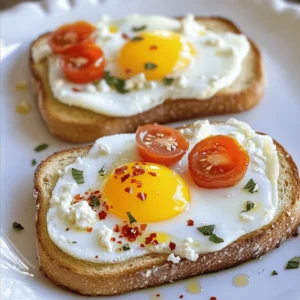 - Feta cheese, crumbled - Large eggs - Olive oil - Red pepper flakes - Fresh herbs (dill or parsley) - Bread options (sourdough or multigrain) - Salt and black pepper - Cherry tomatoes for garnish To make your Viral Feta Egg Toast, you need some key items. Feta cheese is the star of this dish. Use crumbled feta for easy mixing. Large eggs add protein and flavor. Olive oil gives a nice richness and helps with cooking. For the extra kick, red pepper flakes bring spice. Fresh herbs like dill or parsley add freshness. Choose your bread wisely. Sourdough or multigrain works best for crunch and taste. If you want, season with salt and black pepper. Cherry tomatoes make a lovely garnish. They add color and a fresh taste. If you want to see the full list of ingredients and more details, check the Full Recipe. Set your oven to 400°F (200°C). This high heat will toast the bread well. Preheating is key for even cooking. In a small bowl, combine the crumbled feta, one tablespoon of olive oil, red pepper flakes, and herbs. Use a fork to mix until creamy. You want it smooth but still a bit chunky. This texture adds flavor and richness. Take your favorite bread, like sourdough or multigrain. Spread the feta mixture evenly over each slice. Make sure to cover every part. This step helps the flavors soak into the bread. Place the baking sheet with the bread in the oven. Bake for about 10-12 minutes. Look for golden brown edges and a slightly melted topping. This means your toast is ready. While the toast bakes, heat the remaining tablespoon of olive oil in a non-stick skillet. Crack the eggs into the skillet. Cook them until the whites are firm but the yolks stay runny, about 4-5 minutes. Covering the skillet can speed up cooking. Once your toast is done, take it out of the oven carefully. Place a cooked egg on each slice. Season with salt and black pepper to taste. For a fresh touch, add halved cherry tomatoes on top. Serve hot for the best flavor. For the complete recipe, check out the Full Recipe. Enjoy this tasty dish! To get creamy feta, don’t over-mix. Start with crumbled feta in a bowl. Add olive oil and mix gently with a fork. Aim for a smooth texture, but keep some lumps. This gives your topping character and flavor. For perfectly runny yolks, use medium heat. Heat your skillet and add olive oil. Crack the eggs in gently. Cover the skillet to help the whites cook. Check them after 4-5 minutes. The yolks should remain soft and glossy. Make your toast look lovely with garnishes. Use fresh herbs like dill or parsley. A sprinkle on top adds color and flavor. You can also add halved cherry tomatoes for a pop of red. Serve on a colorful plate for extra appeal. {{image_4}} You can change the cheese for more fun. Goat cheese adds a tangy flavor. Ricotta gives a creamy texture. Both options work well on the toast. Try them to mix things up! Adding veggies makes this dish even better. Spinach is a great choice. It cooks fast and adds color. You can also use avocado for a creamy bite. Just slice it and place it on top of the egg. These greens boost flavor and nutrition. Don't be afraid to experiment! You can try different spices like garlic powder or cumin. A drizzle of hot sauce can add a kick. Mix in fresh herbs like basil or chives for extra zest. These simple tweaks keep the dish exciting and fresh. For more details on how to make this delicious toast, check the Full Recipe. To keep your Viral Feta Egg Toast fresh, store leftovers in an airtight container. Place the toast in the fridge if you don’t eat it right away. Avoid stacking the toast, as this can make the bread soggy. If you have extra feta topping, keep it in a separate container. It will stay fresh longer this way. When you're ready to enjoy your leftovers, reheat them in the oven. Preheat the oven to 350°F (175°C). Place the toast on a baking sheet and warm it for about 5-7 minutes. This method helps maintain the crispiness of the bread. You can also use a toaster oven if you prefer. Avoid the microwave, as it can make the bread chewy. Stored correctly, your Feta Egg Toast will last about 2-3 days in the fridge. The feta topping can stay fresh for up to a week. However, the taste is best when enjoyed fresh. If you want to prepare in advance, consider making the feta mixture and storing it separately. This way, you can assemble your toast quickly later. Yes, you can easily make this recipe vegan. Instead of feta cheese, use a plant-based feta or almond cheese. For eggs, try tofu or chickpea flour scrambled with turmeric. Use olive oil as usual. This way, you keep the creamy texture and tasty flavors. If you don’t have feta, try goat cheese or ricotta. Cream cheese is another option, though it will change the texture. Each cheese will give a different twist to your toast, so feel free to experiment. To keep the bread crisp, use thick slices. Toast the bread first before adding the feta mix. Bake it until the edges are golden. Avoid overloading the topping. This way, the bread stays nice and crunchy. You can prep some parts ahead. Mix the feta and store it in the fridge. You can also slice the bread and keep it fresh. Just cook the eggs right before serving for the best taste. This will help you enjoy your toast without a lot of fuss. For the full recipe, check out the detailed instructions above. This blog post shared a simple and tasty way to make feta toast with eggs. We covered the main and optional ingredients, step-by-step instructions, and helpful tips for perfect results. Plus, we explored tasty variations and storage tips. Enjoy making this dish that can please everyone. Experiment with flavors and enjoy your time in the kitchen!