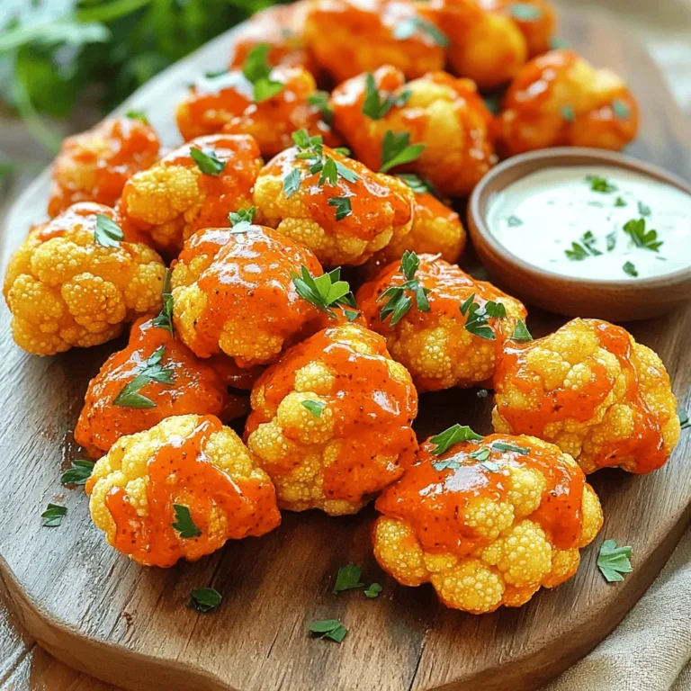 To make Buffalo Cauliflower Bites, you'll need the following ingredients. Each item plays a key role in creating that crispy and flavorful snack we all love. - 1 large head of cauliflower, cut into bite-sized florets - 1 cup all-purpose flour - 1 cup almond milk (or your choice of non-dairy milk) - 1 teaspoon garlic powder - 1 teaspoon onion powder - 1 teaspoon smoked paprika - 1/2 teaspoon salt - 1/2 teaspoon black pepper - 1 cup buffalo sauce (store-bought or homemade) - 2 tablespoons coconut oil, melted When choosing your ingredients, I suggest using fresh cauliflower. It gives the best texture and taste. For flour, any brand works, but all-purpose is great for a crispy batter. Almond milk adds a nice touch, but feel free to use your favorite non-dairy option. For buffalo sauce, you can buy it or make your own. Homemade sauce allows you to adjust the heat. Using high-quality spices, like smoked paprika, can elevate your dish. I recommend checking for freshness on all spices. This ensures your bites are packed with flavor. If you want a unique twist, try different sauces or spices. You can even add a little more garlic powder if you love that flavor. Now that you have your list ready, let's move on to the next steps in the recipe! 1. Start by preheating your oven to 450°F (230°C). This heat will make the cauliflower crispy. Line a baking sheet with parchment paper. This step helps with easy clean-up. 2. In a large bowl, combine the all-purpose flour, almond milk, garlic powder, onion powder, smoked paprika, salt, and black pepper. Use a whisk to mix until you have a smooth batter. The batter should not be too thick or too runny. 3. Now, take each cauliflower floret and dip it into the batter. Make sure it is coated well on all sides. Place the battered florets on the baking sheet in a single layer. Repeat until all florets are coated. 1. Bake the cauliflower in the oven for 20 minutes. This will make the florets tender. The batter will also start to get crispy. 2. While the cauliflower bakes, mix the buffalo sauce and melted coconut oil in another bowl. Stir well to combine. This sauce will give the bites their famous flavor. 3. After 20 minutes, take the baking sheet out of the oven. Carefully toss the baked cauliflower in the buffalo sauce mixture. Make sure each piece is coated evenly. 4. Spread the coated florets back onto the baking sheet. Return them to the oven for another 10 to 15 minutes. Keep an eye on them for your desired crispiness. 5. Once they are baked to your liking, take them out of the oven. Let the cauliflower bites cool for a few minutes before serving. This resting time helps the flavors settle. Now you're ready to enjoy these crispy and flavorful buffalo cauliflower bites! Check out the Full Recipe for more details. To make the batter just right, start with the flour. Use all-purpose flour for a good base. Then mix in your almond milk slowly. This helps you see the thickness. You want it to be smooth, not too thick or thin. A good batter will stick well to the cauliflower. For crispier bites, try a few tricks. First, bake the cauliflower for a little longer. Keep an eye on them; you want them golden brown. Another tip is to space the florets well on the baking sheet. This lets hot air flow around and makes them crispier. If you want an extra crunch, you can sprinkle some breadcrumbs before the final bake. To add more flavor, consider extra spices. A pinch of cayenne pepper gives a nice kick. You might also enjoy adding some cumin for a smoky taste. Mixing in these spices can create new flavors that excite your taste buds. When it comes to dipping, ranch or blue cheese dressing works great. If you like a sweeter touch, try honey mustard. You can even mix some sriracha with your ranch for a spicy twist. These sauces can make your buffalo cauliflower bites even more tasty. For the best experience, serve your bites hot and fresh! For the full recipe, check out the detailed steps above. {{image_4}} You have options for cooking buffalo cauliflower bites. The air fryer is a great choice. It can make the bites crispy without much oil. Here’s how to do it: 1. Preheat your air fryer to 400°F (200°C). 2. Coat the cauliflower florets with the batter just like in the oven method. 3. Place the florets in the air fryer basket. Make sure they are in a single layer. 4. Cook them for about 12-15 minutes, shaking the basket halfway through for even cooking. Grilling is another fun option. It adds a smoky flavor that pairs well with buffalo sauce. Here’s how to grill them: 1. Preheat your grill to medium-high heat. 2. Use skewers to hold the cauliflower florets. This makes flipping easier. 3. Brush the florets with oil and sprinkle with salt. 4. Grill for about 10-12 minutes, turning them until they are charred and tender. You can spice things up with sauce variations. If you love heat, add more hot sauce or cayenne pepper to your buffalo sauce. This will give your bites an extra kick. You can also try different sauces for unique flavors. A honey mustard sauce offers sweetness that balances the heat. You can mix honey, mustard, and a dash of hot sauce for a tasty alternative. Another option is a barbecue sauce for a smoky flavor. Simply toss your baked cauliflower bites in the sauce after baking. For more ideas, check the [Full Recipe]. These variations keep things interesting and let you customize your snack for any occasion. To keep your buffalo cauliflower bites fresh, store them in an airtight container. Place a paper towel inside to absorb moisture. This helps maintain their crispy texture. You can store them in the fridge for up to three days. When it’s time to reheat, avoid using the microwave. Instead, use the oven. Preheat it to 350°F (175°C). Spread the bites on a baking sheet. Heat for about 10 minutes, or until they are warm and crispy again. You can freeze these bites, but there are two ways to do it. 1. Freezing uncooked bites: Prepare the cauliflower bites, but do not bake them. Place the coated florets on a baking sheet and freeze them. Once frozen, transfer them to a freezer bag. They will last for about three months. 2. Freezing cooked bites: If you have leftover baked bites, let them cool completely. Then, store them in an airtight container or freezer bag. They can also last for about three months. To thaw, move them to the fridge overnight. For reheating, follow the same oven method as before. Bake at 350°F (175°C) for about 15 minutes, or until heated through. This keeps them crispy and tasty. You can serve buffalo cauliflower bites with many great sides. Some popular options include: - Ranch dressing - Blue cheese dressing - Celery sticks - Carrot sticks - Fresh parsley for garnish These options add crunch and flavor. They also make a nice contrast to the spicy bites. Yes, you can make this recipe gluten-free. Just replace the all-purpose flour with gluten-free flour. Almond flour or chickpea flour works well. The batter will still coat the cauliflower well and create that crispy texture. You will know the bites are done when they are golden brown. They should have a crispy texture. Check them after 20 minutes of baking and then again after the second bake. A fork should easily pierce the cauliflower. Absolutely! You can use other vegetables like: - Broccoli florets - Brussels sprouts - Zucchini slices These veggies will absorb the buffalo sauce flavor too. Just adjust the baking time as needed. Enjoy experimenting! For the full recipe, click here: [Full Recipe]. In this post, you learned how to make buffalo cauliflower bites. We covered each ingredient, from measurements to brand suggestions. The step-by-step instructions helped you prepare and bake for crispiness. Tips for enhancing flavor and storing leftovers were also shared. Remember, you can also try cooking methods like air frying or grilling. Feel free to mix up sauces for new tastes. Enjoy your cooking adventure, and have fun experimenting!