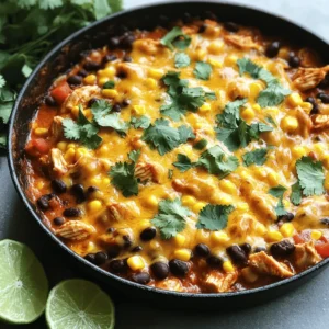 - 1 pound boneless, skinless chicken breasts - 1 tablespoon extra virgin olive oil - 1 medium yellow onion - 2 cloves garlic - 1 can (15 oz) black beans - 1 can (10 oz) enchilada sauce - 1 cup frozen corn kernels - 1 cup diced tomatoes - 1 teaspoon ground cumin - 1 teaspoon chili powder - Fresh cilantro leaves - Lime wedges For this Chicken Enchilada Skillet, you need simple but tasty ingredients. The star is the chicken. I prefer boneless, skinless chicken breasts for easy cooking. Start with a tablespoon of olive oil. This oil adds flavor and helps cook the chicken well. Next, grab a medium yellow onion and two cloves of garlic. These two bring great aroma and taste to our dish. I love using fresh garlic for its punchy flavor. Now, let's add some extra goodness. A can of black beans is a must. They add protein and fiber. Then, we need a can of enchilada sauce. This gives the dish its classic taste. We also want a cup of frozen corn. It adds a nice sweetness. Lastly, a cup of diced tomatoes brings freshness. You can use fresh or canned, depending on what you have. For seasoning, ground cumin and chili powder are key. They give the dish depth and warmth. Finally, fresh cilantro leaves and lime wedges will elevate the meal. They add brightness and flavor right when you serve it. Check out the Full Recipe for all the details on making this delicious meal! First, heat one tablespoon of olive oil in a large skillet over medium heat. Once the oil is warm, add one pound of diced chicken. Cook the chicken for about 5 to 7 minutes. Stir it often until it turns white and is no longer pink in the center. After cooking, take the chicken out of the skillet and set it aside on a plate. In the same skillet, add one medium yellow onion that you finely chopped, along with two minced cloves of garlic. Sauté these for about 3 to 4 minutes. Keep stirring until the onions turn soft and clear. This step adds a lovely aroma to your dish. Now, return the cooked chicken to the skillet. Add one can of drained and rinsed black beans, one cup of frozen corn, and one cup of diced tomatoes. Don’t forget to pour in one can of enchilada sauce, one teaspoon of ground cumin, and one teaspoon of chili powder. Sprinkle in some salt and black pepper to taste. Stir everything well to mix the flavors evenly. Next, lower the heat and let the mixture simmer for 5 to 10 minutes. This step helps the flavors blend nicely. Stir occasionally to stop the food from sticking to the bottom of the skillet. While the mixture simmers, preheat your oven's broiler. After simmering, sprinkle one and a half cups of shredded cheddar cheese on top. This will create a delicious cheesy layer. Place the skillet under the broiler for about 3 to 5 minutes. Broil until the cheese becomes bubbly and golden brown. Keep an eye on it to avoid burning. When finished, carefully take the skillet out of the oven. Let it cool for a minute. Then, garnish with fresh cilantro leaves and serve with lime wedges. This adds a fresh touch and brightens the dish. Enjoy your flavorful Chicken Enchilada Skillet! For more details, refer to the Full Recipe. To cook chicken perfectly, use fresh, high-quality chicken. Cut it into small, even pieces. This helps it cook faster and more evenly. Heat your skillet and add olive oil before adding the chicken. Cook until there is no pink left, about 5 to 7 minutes. For added flavor, marinate the chicken. You can use lime juice, cumin, or even a bit of salsa. This will make your chicken even tastier. You can boost the flavor of your dish with extra spices. I love adding smoked paprika or coriander for a unique taste. For heat, consider adding diced jalapeños or red pepper flakes. Start with a small amount, then taste. This way, you control the heat level. If you like it spicy, go bold! Serve your Chicken Enchilada Skillet with sides like rice or a fresh salad. Cornbread or tortilla chips also complement the dish well. For drinks, try a cold margarita or iced tea. To make serving special, consider using the skillet as a serving dish. This adds a rustic touch and keeps everything warm. Place lime wedges around the skillet for a pop of color and extra zest! {{image_4}} For a tasty meatless version, swap the chicken for chickpeas or mushrooms. You can use one can of chickpeas or about two cups of diced mushrooms. This change keeps the dish hearty and filling. Cook the veggies just until tender to ensure they don't get mushy. The cooking time remains about the same, so you won't need to adjust much. Just remember, using these ingredients will add a different flavor profile, but it’s still delicious! If you want to try different proteins, turkey and beef work well. Use one pound of ground turkey or beef in place of chicken. When using turkey, cook it until it's no longer pink, which takes about 7-8 minutes. For ground beef, it may take a bit longer, around 8-10 minutes. Drain the fat after browning for a healthier dish. Both options add a rich taste that complements the enchilada sauce. Feel free to add seasonal vegetables for extra color and nutrients. Bell peppers, zucchini, or spinach are excellent choices. Just chop them up and toss them in with the other ingredients. They will cook down nicely in the skillet. For toppings, think about adding fresh avocado or a dollop of sour cream. These toppings enhance the flavor and create a creamy texture that pairs well with the spicy enchiladas. You can find the full recipe to guide you through these variations! Store your chicken enchilada skillet in an airtight container. This keeps it fresh and tasty. You can refrigerate it for up to 3 days. If you plan to eat it later, cool it down before storing. This helps prevent moisture. To freeze the chicken enchilada skillet, let it cool completely. Then, transfer it to a freezer-safe container. Make sure to seal it tightly. You can freeze it for up to 3 months. When you want to eat it, thaw it overnight in the fridge. This keeps the texture nice. Reheat your enchilada skillet in a skillet on low heat. Stir it often to keep it from sticking. You can also use the microwave. Cover it with a damp paper towel to avoid drying out. Add a splash of water if it looks dry. This keeps it moist and tasty. Yes, you can use pre-cooked chicken. This saves time and makes cooking easier. When using pre-cooked chicken, just add it to the skillet with other ingredients. You may need to reduce cooking time since the chicken is already cooked. This can help keep the dish juicy and tender. If you need a substitute for enchilada sauce, you can make your own. Mix tomato sauce with spices like cumin, chili powder, and garlic powder. You can also blend salsa with some broth for a quick option. This gives a fresh flavor to your skillet. To add some heat to your dish, try adding diced jalapeños. You can also use a hotter chili powder or cayenne pepper. For extra spice, add a splash of hot sauce to the mix. Adjust the heat to match your taste. Yes, this recipe is great for meal prep. You can cook it ahead of time and store it in the fridge. Just portion it out in containers for easy meals all week. Reheat when ready to enjoy a tasty meal. To keep leftovers fresh, place them in an airtight container. Store in the fridge for up to four days. If you want to keep it longer, freeze it for up to three months. When reheating, make sure it’s heated through for the best taste. This blog post covered how to create a tasty chicken enchilada skillet. We discussed essential ingredients, easy steps, and helpful tips. You can customize this dish with different proteins or flavors. Store leftovers safely to enjoy later. Don't forget to try out the variations for unique twists! With these instructions, you can make a dish that's both simple and delicious. Enjoy your cooking and the delight of sharing this meal.