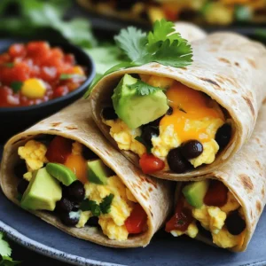 - Eggs and Milk - Eggs are the star of your burrito. They add protein and flavor. Milk makes the eggs soft and fluffy. Use four large eggs and half a cup of milk for the best result. - Black Beans and Fresh Vegetables - Black beans provide fiber and protein. They also add a creamy texture. You need half a cup of rinsed black beans. Fresh veggies like a small red bell pepper and a small yellow onion, both finely diced, bring color and crunch. - Cheese and Tortillas - Cheese adds richness. Choose between cheddar or pepper jack. Use half a cup of shredded cheese. Whole wheat tortillas are perfect for wrapping your filling. You’ll need four tortillas for this recipe. These ingredients create a balanced and filling meal. You can find the full recipe [here](#). To start, you need to whisk the eggs. Take a medium bowl and crack in 4 large eggs. Add 1/2 cup of milk. Whisk them together until they are smooth. Then, season this mixture with a little salt and freshly cracked pepper. This adds flavor to your eggs. Next, we need to cook the vegetables. Heat 2 tablespoons of olive oil in a large non-stick skillet over medium heat. Once the oil is hot, add 1 small yellow onion and 1 small red bell pepper, both finely diced. Sauté them for about 4-5 minutes. You want them tender and fragrant. Now comes the fun part. Add in 1/2 cup of black beans that you’ve rinsed and drained. Sprinkle in 1 teaspoon of ground cumin for a warm flavor. Stir everything together and cook for another 2-3 minutes. This warms the beans and brings the flavors together. Then, it’s time to cook the eggs. Pour the whisked egg mixture into the skillet. Gently stir them as they begin to set. Cook for about 3-4 minutes or until the eggs are fully cooked, fluffy, and light. Once done, remove the skillet from heat. To assemble your burritos, lay a whole wheat tortilla flat on your workspace. Spoon a generous portion of the egg and bean mixture into the center. Next, top it with a few slices of avocado and a sprinkle of shredded cheese. You can choose either cheddar or pepper jack. Now, let’s fold and roll the burrito. Carefully fold the sides of the tortilla over the filling. Then, roll it up from the bottom, tucking it tightly. Repeat this with the remaining tortillas and filling. For a crispy finish, return the burritos to the skillet, seam-side down. Toast them for 1-2 minutes on each side over medium heat. This will make them golden brown and slightly crisp. Serve the burritos warm, garnished with fresh cilantro leaves and a side of salsa or hot sauce. Enjoy! Achieving Fluffy Eggs To get fluffy eggs, whisk them well with milk. Air makes the eggs rise. Cook them gently over medium heat. Stir slowly as they cook. This keeps them light and fluffy. Avoiding Overcooking Watch your eggs closely while they cook. Eggs can go from soft to dry in seconds. Remove them from heat when they are just set. They will continue to cook after being taken off the stove. Adding More Vegetables or Proteins Feel free to add more veggies like spinach or mushrooms. You can also add proteins like cooked sausage or diced ham. This makes the burrito more filling and fun. Spice Variations If you like heat, add jalapeños or a dash of hot sauce. For a different flavor, try smoked paprika or chili powder. These spices can make your breakfast so exciting. Ideal Accompaniments Serve your burritos with salsa or fresh avocado. A side of fruit adds a nice touch, too. You could even add a dollop of sour cream for creaminess. Presentation Ideas Place the burritos on a colorful plate. Add a sprinkle of cilantro on top for color. Cut them in half to show off the filling. This makes your meal look tasty and fresh. For the full recipe, check out the detailed instructions. {{image_4}} For a tasty twist, you can make vegetarian sunrise burritos. Just swap the meat for tofu or extra veggies. Tofu adds protein and absorbs flavors well. You can use bell peppers, zucchini, or spinach. This way, you still enjoy a filling meal without meat. If you want more protein, try adding sausage or bacon. Cook the sausage until it's browned and crumbled. For bacon, fry until crispy, then crumble over the eggs. This gives the burritos a hearty flavor. You can even mix both for a double protein boost. For gluten-free options, consider using corn tortillas or other gluten-free wraps. They hold the filling well and add a different taste. You can also check for store-bought gluten-free tortillas. This way, everyone can enjoy your sunrise breakfast burritos. Feel free to explore these variations to make your breakfast exciting! For the full recipe, be sure to check out the provided details. To keep your burritos fresh, follow these steps: - Refrigeration Tips: Place leftover burritos in an airtight container. Store them in the fridge. They stay good for up to three days. - Freezing Instructions: If you want to keep them longer, wrap each burrito in foil. Then, put them in a freezer bag. They can last for up to three months in the freezer. To enjoy your burritos again, use these methods: - Best Methods for Preserving Texture: The oven works best. Preheat it to 350°F. Place the burrito on a baking sheet. Heat for about 15-20 minutes. This keeps the tortilla crispy. You can also use a microwave. Wrap the burrito in a damp paper towel. Heat it for 1-2 minutes. This method is quick but may make the tortilla soft. To make Sunrise Breakfast Burritos vegetarian, just leave out the eggs. Instead, use tofu or extra veggies. You can add mushrooms, spinach, or zucchini for a tasty option. Season them well with spices like cumin and paprika to keep the flavor strong. Yes, you can make these burritos ahead of time. Prepare the filling and store it in the fridge for up to three days. You can also wrap the burritos tightly in foil and freeze them. Just reheat them in the oven or microwave when you’re ready to eat! Many sauces go well with Sunrise Breakfast Burritos. Salsa is a classic choice. It adds freshness and a bit of spice. You can also try hot sauce for heat or avocado crema for creaminess. A drizzle of ranch dressing adds a tasty twist too. To change the spice level, adjust the amount of cumin and add chili powder. For more heat, include diced jalapeños or a dash of cayenne pepper. If you prefer mild flavors, skip the spicy ingredients and focus on herbs like cilantro for freshness. Yes, there are a few good ways to warm tortillas. You can heat them in a dry skillet for about 30 seconds on each side. Alternatively, wrap them in a damp paper towel and microwave for 15-20 seconds. This keeps them soft and pliable for wrapping. In this article, we explored how to create delicious Sunrise Breakfast Burritos. You learned about essential ingredients like eggs, black beans, and fresh veggies. We broke down the steps for mixing, cooking, and assembling, plus tips for perfect eggs and custom flavors. You can also modify these burritos to fit dietary needs or preferences. Remember, these burritos are easy to store and reheat well. Enjoy your cooking journey and share your tasty results!