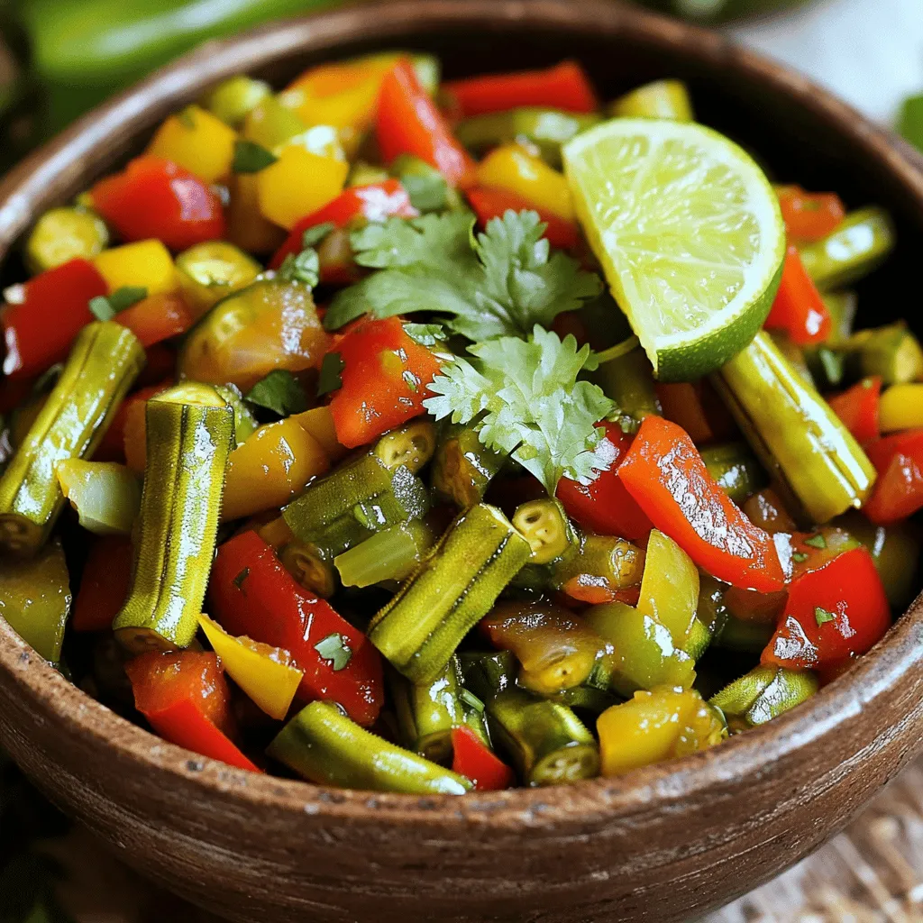 To make spicy sautéed okra, gather these fresh and flavorful ingredients: - 1 pound fresh okra, trimmed and sliced into 1/2 inch rounds - 1 red bell pepper, diced - 1 green bell pepper, diced - 1 medium onion, thinly sliced - 3 cloves garlic, minced - 1 teaspoon ground cumin - 1 teaspoon smoked paprika - 1/2 teaspoon cayenne pepper (adjust according to heat preference) - 3 tablespoons olive oil - Salt and freshly cracked black pepper to taste - Fresh cilantro, coarsely chopped (for garnish) This handy recipe combines simple steps for a delicious side dish. The tools you need are: - Large skillet - Cutting board - Chef's knife - Wooden spoon or spatula Now that you have your ingredients and tools ready, let's get cooking! 1. Heat the Oil Start by pouring 3 tablespoons of olive oil into a large skillet. Turn the heat to medium-high. Wait until the oil shimmers. This helps to get the okra nice and crispy. 2. Sauté the Okra Add 1 pound of sliced okra to the hot skillet. Sauté it for about 5 to 7 minutes. Keep stirring occasionally. You want the okra to brown slightly. This step is key to reducing its sliminess. 3. Add the Peppers and Onions When the okra turns light golden, push it to one side of the skillet. On the other side, add 1 sliced onion, 1 diced red bell pepper, and 1 diced green bell pepper. Cook these for about 4 to 5 minutes. You want the onions to become soft and clear. 4. Mix in Garlic Now, stir in 3 cloves of minced garlic. Cook for just 1 minute. It should smell really good, and the garlic will soften quickly. 5. Add Spices Sprinkle 1 teaspoon of ground cumin, 1 teaspoon of smoked paprika, and 1/2 teaspoon of cayenne pepper over the veggies. Add salt and black pepper to taste. Toss everything together. Let it cook for another 2 to 3 minutes. This helps the spices blend well and boosts the flavor. 6. Garnish and Serve Take the skillet off the heat. Add a handful of chopped cilantro on top. This adds a fresh touch. - Heating oil: 1-2 minutes - Sautéing okra: 5-7 minutes - Cooking veggies: 4-5 minutes - Cooking garlic: 1 minute - Mixing in spices: 2-3 minutes - Total: About 20 minutes from start to finish. - Freshness Matters: Use fresh okra for the best texture. - High Heat: Sauté on medium-high heat. This helps to reduce moisture. - Browning: Make sure the okra browns slightly. This change in color cuts down on sliminess. - Less Water: Do not wash the okra right before cooking. The moisture can make it slimy. You can find the full recipe for this dish above. Enjoy your cooking! - Best Heat Settings: Use medium-high heat. This helps the okra cook fast while getting nice and brown. Too low, and it may become slimy. Too high, and it might burn. - Stirring and Timing Recommendations: Stir the okra every couple of minutes. This helps it cook evenly. After adding the other veggies, let them sit for a minute before stirring. This gives them time to soften. - How to Increase or Decrease Heat: To add more spice, increase the cayenne pepper. A little can go a long way! If you want less heat, start with just a pinch. You can always add more later. - Alternative Spices to Use: If you want to change the flavor, try using chili powder or even curry powder. Both add a nice kick and different taste. Use what you love! Check the full recipe for more ideas. {{image_4}} Alternative Vegetables to Add You can mix in other veggies for more flavor. Try adding sliced zucchini or diced tomatoes. These veggies pair well with okra. You can also use corn for a sweet crunch. Spinach adds a nice green touch and cooks quickly. Vegan and Vegetarian Options This dish is vegan-friendly already. If you want a heartier meal, add chickpeas or black beans. These options increase protein and make your dish more filling. You can also serve it over quinoa or brown rice for extra fiber. Adding Proteins To make this dish more filling, add cooked shrimp or chicken. They cook fast and blend well with the spices. For a vegetarian option, try adding tofu. Make sure to press and cube it first. This keeps the tofu firm and tasty. Different Spice Blends Feel free to get creative with your spices. Instead of cumin, try curry powder for a different kick. Or, add smoked chili powder for a deeper flavor. Adjust the cayenne pepper to match your spice level. You can always start small and add more later. For the full recipe, check out the [Full Recipe]. After making spicy sautéed okra, store leftovers in an airtight container. This keeps the dish fresh. Place the container in the fridge. Leftovers stay good for about three to four days. To freeze, let the okra cool first. Then, transfer it to a freezer-safe bag. Remove as much air as you can from the bag. Label it with the date. Frozen okra lasts up to three months. When you're ready to eat, thaw the okra in the fridge overnight. You can also use the microwave for quicker thawing. Once thawed, reheat in a skillet on medium heat. Stir well to warm it up evenly. This way, you can enjoy the spicy sautéed okra again! You can serve spicy sautéed okra with many dishes. It pairs well with rice, especially fluffy jasmine rice. You can also enjoy it with quinoa for a healthy twist. This dish adds color and taste to any meal. Try it with grilled chicken or fish for a complete plate. The flavors blend nicely and make a great combo. Yes, you can use frozen okra. Just remember to thaw it first. Frozen okra can be softer than fresh but still works well in this dish. Drain excess water to avoid extra sliminess. Sauté it in a hot pan to keep it crispy. The taste will be good, and it saves time. Spicy sautéed okra is very healthy. It is low in calories and high in fiber. Okra is full of vitamins like A and C. Using olive oil adds healthy fats. The spices can boost metabolism too. This dish is a great way to enjoy vegetables and keep meals nutritious. You can find the full recipe for this tasty side dish in the earlier sections. This blog post covered everything you need to make spicy sautéed okra. You learned about the ingredients, preparation steps, and useful cooking tips. I also shared variations to suit your taste and storage info for leftovers. Cooking can be easy and fun when you know the basics. Don’t hesitate to experiment with flavors. With this guide, you can cook a fantastic dish every time. Enjoy your cooking journey!