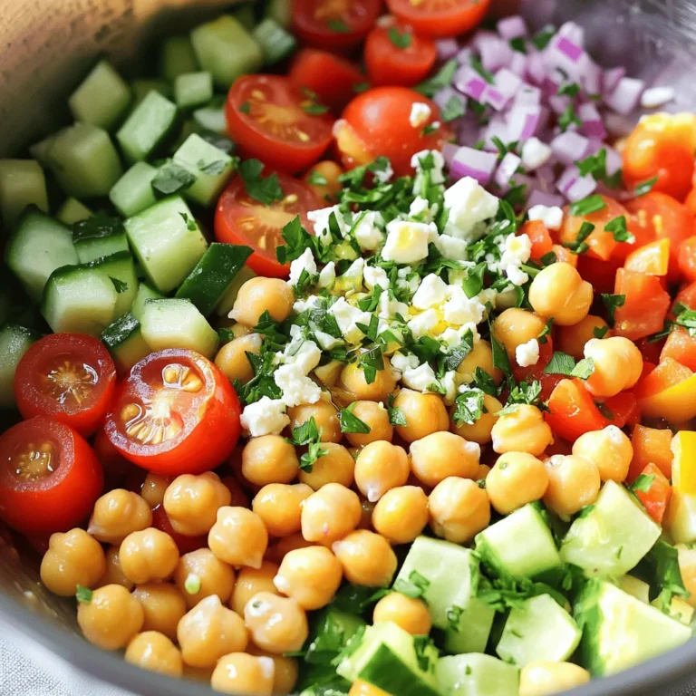To make a tasty Simple Chickpea Salad, gather these ingredients: - 2 cans (15 oz each) chickpeas, drained and thoroughly rinsed - 1 cup cherry tomatoes, halved - 1 medium cucumber, diced into bite-sized pieces - 1/2 medium red onion, finely chopped - 1 bell pepper (any color), diced for a pop of color - 1/4 cup fresh parsley, finely chopped for added freshness - 1/4 cup crumbled feta cheese (optional for a creamy touch) - 3 tablespoons extra virgin olive oil for a rich flavor - 2 tablespoons fresh lemon juice for brightness - 1 teaspoon ground cumin for warmth - Sea salt and freshly ground black pepper to taste Using fresh ingredients makes the salad bright and crunchy. The chickpeas are pantry staples, so they are easy to keep on hand. Fresh parsley, tomatoes, and cucumbers add flavor and color. If you need a quick meal, grab canned chickpeas. They save time and effort. Not everyone can enjoy all foods. If you are dairy-free, skip the feta cheese. You can add avocado for creaminess instead. If you have a legume allergy, try cooked quinoa. It adds the same texture without chickpeas. Use lemon juice to brighten up the dish if you cannot have vinegar. These swaps keep the salad tasty and friendly for all. To make this salad, start with two cans of chickpeas. Drain them well and rinse under cold water. This step makes sure they are clean and ready to use. Next, grab a big mixing bowl. Add the chickpeas along with halved cherry tomatoes, diced cucumber, and finely chopped red onion. This mix gives the salad a great crunch. Don't forget the bell pepper; it adds color and taste! Finally, toss in the fresh parsley and feta cheese if you want a creamy flavor. Now, let's make the dressing. In a small bowl, whisk together olive oil, lemon juice, ground cumin, salt, and pepper. This dressing brings all the flavors together. Pour the dressing over your salad mix. Gently toss everything with a spatula or spoon. Make sure every piece is coated well. This step is key to a tasty salad. After mixing, taste the salad. You might want to add more salt, pepper, or lemon juice. Adjust it to your liking! For the best taste, let your salad sit for about 15 to 20 minutes. This time allows the flavors to blend perfectly. If you want to impress your guests, serve it in clear bowls. This way, they can see all the vibrant colors. For an extra touch, sprinkle some more parsley and feta on top. Enjoy your refreshing chickpea salad, made easy and delicious with the full recipe! Store your chickpea salad in a tight container. This keeps it fresh and tasty. Place it in the fridge right after serving. It will last for up to three days. If you see any liquid forming, drain it off before serving. This helps keep the salad crisp. To keep your chickpeas fresh, rinse them well before mixing. You can also soak dried chickpeas overnight. If you use fresh veggies, wash and dry them right before use. Store them in a dry place to avoid spoilage. For the best flavor, add dressing just before serving. This keeps the veggies crunchy. Serve your salad in a large bowl or individual cups. You can add extra toppings like olives or nuts. This adds flavor and texture. Pair the salad with whole grain bread for a filling meal. For a fun twist, serve it with pita chips. You can find the full recipe for Chickpea Delight Salad to enjoy this fresh dish. {{image_4}} You can make your chickpea salad even more exciting with Mediterranean flavors. Try adding kalamata olives for a salty kick. Sun-dried tomatoes add a sweet and tangy taste. You can also toss in artichoke hearts for a unique twist. These ingredients pair well with the fresh herbs. They bring a taste of the Mediterranean right to your table. If you want a vegan version, skip the feta cheese. You can use avocado instead for creaminess. Nutritional yeast is a great option too. It gives a cheesy flavor without any dairy. You can also add nuts like almonds or walnuts for crunch. This keeps your salad tasty and plant-based. Change your salad with the seasons. In spring, add fresh peas and radishes for a crisp bite. In summer, include diced peaches or grilled corn for sweetness. Fall calls for roasted sweet potatoes or pumpkin seeds for warmth. In winter, incorporate pomegranate seeds for a burst of color and flavor. You can enjoy this salad all year by mixing in seasonal ingredients. For the full recipe, check the Chickpea Delight Salad section! Chickpeas are not just tasty; they pack a punch of nutrition. They are rich in protein, which helps build muscle. They also contain fiber, which aids digestion. Eating chickpeas can help keep your heart healthy. They have vitamins and minerals like iron and magnesium as well. This makes them a great choice for any meal. One serving of this Simple Chickpea Salad has about 200-250 calories. This can vary based on the amount of added ingredients like feta cheese. Most of the calories come from healthy fats and protein. This balance helps keep you full and satisfied. You can enjoy this salad without guilt! In each serving, you will find around 10 grams of protein. There are also about 15 grams of carbs, mostly from the chickpeas and veggies. The salad has around 10 grams of fat, mainly from olive oil. This healthy fat is good for your heart. The fiber content is about 6 grams per serving, which is great for digestion. You can learn more about the full nutritional details in the Full Recipe. You can store Simple Chickpea Salad in the fridge for up to three days. Make sure to keep it in an airtight container. After that, the salad may lose its crunch and flavor. If you notice any signs of spoilage, it's best to toss it. Yes, you can make this salad ahead of time. In fact, making it a few hours before serving can improve the taste. Letting the salad sit helps the flavors blend well. Just keep it covered in the fridge until you're ready to enjoy it. You can add many tasty toppings to boost flavor. Here are some ideas: - Avocado slices for creaminess - Olives for a briny kick - Roasted nuts for crunch - Grilled chicken for extra protein - A sprinkle of chili flakes for heat Feel free to mix and match these toppings to make the salad your own. For the full recipe, check out the Chickpea Delight Salad 🥗. Simple chickpea salad is easy to make and fun to eat. You can use fresh or pantry ingredients and swap out common allergens. Following the step-by-step guide makes prep simple. I’ve shared ways to enhance flavors and tips for storage. You can try various twists to keep it exciting. Chickpeas offer many health benefits, making this salad a great choice. Whether you serve it alone or with a tasty topping, you’re set for a delicious meal. Enjoy experimenting with this versatile dish!