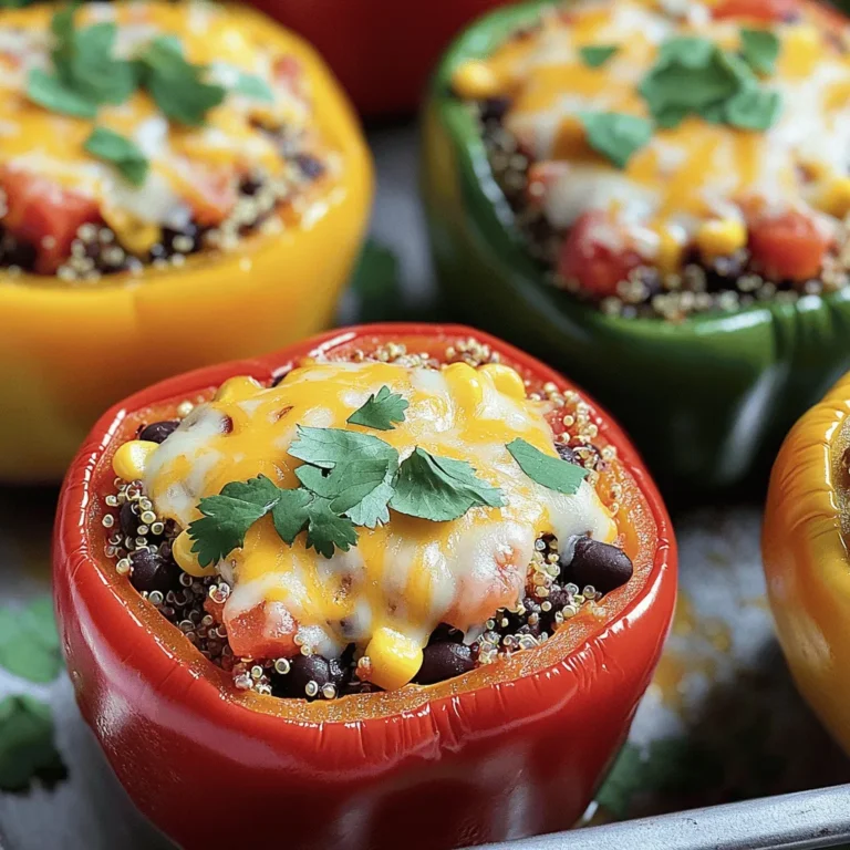 - 4 large bell peppers (any color) - 1 cup quinoa, thoroughly rinsed - 2 cups vegetable broth - 1 can (15 oz) black beans, rinsed and drained - 1 cup corn (can be fresh, frozen, or canned) - 1 can (14.5 oz) diced tomatoes with green chilies, undrained - 1 teaspoon ground cumin - 1 teaspoon chili powder - 1 teaspoon garlic powder - Salt and pepper to taste - 1 cup shredded cheese (cheddar or a Tex-Mex blend of your choice) - Fresh cilantro, chopped (optional) When making Tex-Mex Quinoa Stuffed Peppers, the ingredients will make or break your dish. The bell peppers serve as colorful and tasty containers. I love using any color I can find. Next, quinoa is the star grain here. It’s light, fluffy, and full of protein. Rinse it well to remove any bitter taste. Vegetable broth gives the quinoa its flavor. The black beans boost protein and add a rich texture. Corn adds sweetness and crunch. The diced tomatoes with green chilies bring a nice kick and moisture to the mix. Spices are key to that Tex-Mex vibe. Ground cumin, chili powder, and garlic powder give warmth and depth. Don’t forget to season with salt and pepper to bring all the flavors together. For toppings, cheese is a must for that melty goodness. I like using a Tex-Mex blend for extra flavor. Fresh cilantro sprinkled on top adds a fresh touch. For the full recipe, check out the details provided. The blend of these ingredients creates a dish that is not only delicious but also vibrant and satisfying. - Preheat the oven to 375°F (190°C). - Slice the tops off each bell pepper and remove seeds and membranes. Start by preheating your oven. This helps cook the peppers evenly. While the oven warms up, take your bell peppers. Cut off their tops and remove the seeds. This step is key, as it makes room for the tasty filling. You can use any color of bell pepper you like! - Bring vegetable broth to a boil and add rinsed quinoa, then reduce heat and simmer. Next, grab a saucepan. Pour in vegetable broth and bring it to a boil. Once it bubbles, add rinsed quinoa. This step is simple but very important. Turn down the heat and cover the pot, letting it simmer. In about 15 minutes, the quinoa will be fluffy and ready to mix. - Combine cooked quinoa with black beans, corn, diced tomatoes, spices, salt, and pepper. Now it’s time to make the filling. Take a big mixing bowl and add your fluffy quinoa. Next, toss in the black beans, corn, and diced tomatoes. Don’t forget the spices! Add ground cumin, chili powder, and garlic powder. Sprinkle in salt and pepper to taste. Mix everything well until all the flavors blend together. - Fill the bell peppers with the quinoa mixture and arrange in a baking dish. - Bake covered with foil for 25-30 minutes, then uncover and bake for an additional 10 minutes. You’re almost there! Now, carefully stuff each bell pepper with your quinoa mixture. Press it down gently to fit everything in. Place the stuffed peppers upright in a greased baking dish. If you want, sprinkle cheese on top for a delicious finish. Cover the dish with foil and bake for 25-30 minutes. After that, remove the foil and bake for another 10 minutes. This makes the peppers tender and the cheese melty. Check your Full Recipe for detailed timings. You can swap quinoa for other grains. Brown rice works well if you need a change. Couscous is another great option. You can also use farro or bulgur for a different texture. For beans, use any you like! Pinto beans add a nice creaminess. Lentils are a fantastic choice too. They cook faster and pack a protein punch. To enhance flavor, toast your spices in a dry pan. This brings out their natural oils and aromas. Just a minute or two is all you need. For perfect quinoa, rinse it well before cooking. This removes bitterness. Use a ratio of one cup quinoa to two cups broth for fluffiness. Pair these stuffed peppers with a fresh side salad. A zesty salsa adds color and flavor. Guacamole also complements the dish perfectly. For plating, use a colorful platter. Drizzle salsa around the peppers for a fun touch. You can even sprinkle extra cheese on top for a melty finish. Enjoy the vibrant look and taste! {{image_4}} You can easily make this dish vegan. Simply substitute the cheese with a dairy-free option. Look for vegan cheese brands that melt well. You can also add more veggies to the mix. Zucchini, mushrooms, or spinach make great choices. They add flavor and nutrition. Feel free to get creative with whatever you have on hand. If you want to add protein, consider ground meat. Turkey or beef works well. Just cook the meat before mixing it with the quinoa. For a plant-based option, use tofu or tempeh. Crumble them and sauté before adding them to the filling. This adds a nice texture and boosts the protein content. Do you love spice? You can add fresh jalapeños to the filling for heat. Sriracha is another great option if you prefer a sauce. Experiment with different spice blends too. A pinch of cayenne or smoked paprika can enhance the flavor. Just be careful not to overpower the other tastes. To store stuffed peppers in the fridge, let them cool first. Place them in an airtight container. They will stay fresh for about 3-5 days. When you are ready to eat, reheat them in the oven or microwave. For the oven, set it to 350°F (175°C). Heat for about 15-20 minutes until warm. If using a microwave, cover the peppers with a damp paper towel. Heat them for 2-3 minutes. Freezing stuffed peppers is simple and great for meal prep. First, let them cool down completely. Wrap each pepper in plastic wrap, then place them in a freezer-safe bag. Make sure to remove as much air as possible. They will last in the freezer for up to 3 months. To thaw, move the peppers to the fridge overnight. If you're in a hurry, you can use the microwave. Cook them on the defrost setting for 5-7 minutes. After thawing, bake them at 350°F (175°C) until heated through. In the fridge, stuffed peppers last 3-5 days. In the freezer, they can stay good for about 3 months. Always check for signs of spoilage before eating. If they look or smell off, it's best to toss them. Proper storage helps keep your delicious Tex-Mex quinoa stuffed peppers safe and tasty. Enjoy every bite of this flavorful veggie dish, even days later! You can find the full recipe for more details. Tex-Mex cuisine blends Mexican and American cooking. It started in Texas in the late 1800s. People combined traditional Mexican flavors with local ingredients. This mix created unique dishes. You see flavors like chili, cumin, and cheese in Tex-Mex food. It is popular for its bold tastes and colorful dishes. Yes, you can prepare Tex-Mex Quinoa Stuffed Peppers ahead of time. Just make the filling and stuff the peppers. Then, cover and refrigerate them for up to 24 hours. When you are ready, bake them as the recipe states. This saves time and makes meal prep easy. You can tell the peppers are done by their color and texture. They should look bright and slightly soft. Use a fork to check if they are tender. The cheese on top should be melted and bubbly. If both these signs are present, your peppers are ready to eat. You can serve many sides with Tex-Mex Quinoa Stuffed Peppers. Here are some ideas: - A fresh green salad with lime dressing - Homemade guacamole with tortilla chips - Mexican-style rice or cilantro-lime rice - A side of salsa, for dipping and extra flavor Yes, this recipe is gluten-free. Quinoa, black beans, and fresh vegetables are all gluten-free. Just make sure to check the labels on canned ingredients. Some products may contain gluten. Using gluten-free vegetable broth ensures the entire meal stays gluten-free. Enjoy a tasty and safe meal! This blog post covered the tasty Tex-Mex Quinoa Stuffed Peppers. We looked at the easy ingredients and steps. You can use quinoa, black beans, and spices for flavor. I shared tips on substitutions and cooking techniques, too. In conclusion, these stuffed peppers are versatile and fun to make. You can mix up flavors and ingredients to fit your taste. Enjoy crafting your own delicious meal!