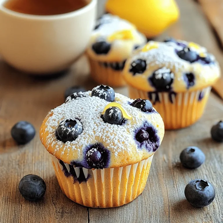 To make these blueberry lemon yogurt muffins, gather the following ingredients: - 1 cup all-purpose flour - 1 cup whole wheat flour - 1 tablespoon baking powder - 1/2 teaspoon baking soda - 1/4 teaspoon salt - 1/2 cup granulated sugar - 1/2 cup plain Greek yogurt - 1/2 cup milk (whole or 2%) - 1/3 cup vegetable oil (or melted coconut oil) - 2 large eggs - Zest of 1 lemon (about 1 tablespoon) - 1 tablespoon freshly squeezed lemon juice - 1 cup fresh blueberries (or frozen, if unavailable) Each ingredient plays a key role. The all-purpose and whole wheat flour give structure. Baking powder and baking soda help the muffins rise. Salt balances the sweetness, while sugar adds flavor. Greek yogurt keeps muffins moist and adds tang. Milk and oil add richness. Eggs bind everything. Lemon zest and juice provide a fresh, zesty kick. Lastly, blueberries burst with juicy flavor in every bite. For the full recipe, you will find step-by-step instructions that guide you through the baking process. Enjoy the lovely blend of flavors in these muffins! 1. Preheat your oven to 375°F (190°C). This temperature helps the muffins rise nicely. 2. Prepare a muffin tin by lining it with paper liners or spraying it with cooking spray. This step keeps the muffins from sticking. 3. In a large bowl, sift together the all-purpose flour, whole wheat flour, baking powder, baking soda, and salt. Whisk these dry ingredients until mixed well and fluffy. 4. In another bowl, mix together the granulated sugar and Greek yogurt. Add the milk, vegetable oil, eggs, lemon zest, and lemon juice. Whisk until smooth. 1. Gently pour the wet mixture into the dry ingredients. Use a spatula to fold the two mixtures together. Do this until just combined. Overmixing can make the muffins dense. 2. Now it’s time to add the fresh blueberries. Carefully fold them into the batter. Be gentle to avoid crushing the berries. 1. Use a scoop or spoon to fill the muffin cups. Fill each cup about two-thirds full, leaving space for rising. 2. Bake in your preheated oven for 18-20 minutes. The muffins should turn a nice golden brown. Check with a toothpick. If it comes out clean or with some moist crumbs, they are ready. 3. After baking, let the muffins cool in the pan for about 5 minutes. Then, move them to a wire rack to cool completely. This step ensures the best texture. For the full recipe, please refer to the section above. Enjoy your baking! To achieve the best texture, do not overmix your muffin batter. When you combine the wet and dry ingredients, mix just until you see no more flour. Overmixing can cause your muffins to be tough instead of fluffy. Serve your blueberry lemon yogurt muffins warm for the best taste. Freshly baked muffins are soft and moist, enhancing the flavors of blueberries and lemon. This little detail makes a big difference in your overall experience. For a lovely finish, consider adding a dusting of powdered sugar on top. It gives a sweet touch and makes your muffins look elegant. You can also drizzle a simple lemon glaze over the cooled muffins. Just mix powdered sugar with a bit of lemon juice to create a delicious topping. Pair these muffins with a cup of tea or coffee. They complement each other perfectly, making for a refreshing breakfast or snack. Enjoying them this way enhances the flavors and brings a cozy feeling to your day. {{image_4}} You can easily change the flavor of your blueberry lemon yogurt muffins. Adding nuts can give them a nice crunch. Try walnuts or pecans for a hearty bite. You can also sprinkle in some cinnamon for warmth. This spice adds a cozy touch that pairs well with the lemon and blueberries. Using different fruits is another fun way to mix it up. Raspberries or strawberries can replace blueberries. They bring their own unique flavors and colors to the muffins. If you have seasonal fruits, feel free to experiment with those too! If you're looking to make these muffins a bit healthier, consider some simple swaps. Instead of sugar, use honey or maple syrup. These natural sweeteners add flavor and may offer health benefits. You can also use low-fat yogurt or plant-based milk. Almond or oat milk work well and keep the muffins moist. These swaps can help you enjoy delicious muffins without guilt. To keep your blueberry lemon yogurt muffins fresh, store them at room temperature. Use an airtight container to prevent them from drying out. If you want to keep them longer, refrigeration works too. Just note that cold muffins may lose some flavor. For freezing, wrap each muffin tightly in plastic wrap, then place them in a freezer bag. This method keeps them safe from freezer burn. You can enjoy them later without losing taste. To warm up your muffins, you have a few options. The microwave is quick; just heat for 10 to 15 seconds. If you want a crisp outside, use the oven. Preheat it to 350°F and warm the muffins for about 5 to 7 minutes. This method helps regain that fresh-baked texture. Avoid overheating, or they may become dry. Enjoy your muffins warm for the best flavor! Can I use frozen blueberries? Yes, you can use frozen blueberries. They work well in this recipe. If you choose frozen, do not thaw them. Just fold them in while still frozen to prevent excess juice from making the batter wet. How do I make these muffins vegan? To make these muffins vegan, replace the eggs with flax eggs. Mix 1 tablespoon of ground flaxseed with 2.5 tablespoons of water. Let it sit for 5 minutes to thicken. You can also use plant-based yogurt and milk instead of Greek yogurt and regular milk. What can I substitute for Greek yogurt? You can use any plain yogurt as a substitute. If you want a dairy-free option, try coconut yogurt or almond yogurt. These alternatives give a similar texture and moisture to the muffins. Caloric content and serving size Each muffin has about 150 calories. This makes them a great snack or breakfast option. The recipe yields 12 muffins, so you can enjoy them throughout the week. Health benefits of ingredients used These muffins are packed with nutrients. Blueberries are full of antioxidants. Whole wheat flour adds fiber, aiding digestion. Greek yogurt provides protein, which helps keep you full longer. The lemon adds vitamin C, boosting your immune system. Each bite is not just tasty but healthy too! Now you know how to make delicious blueberry muffins. We covered the key ingredients, simple steps, and helpful tips. You can adjust flavors and serve them perfectly. Remember, avoid overmixing for the best texture. Enjoy your muffins warm and share them with friends. Explore variations and storage tips to keep them fresh. Baking is fun, and these muffins are sure to impress! Keep experimenting and enjoy every bite.