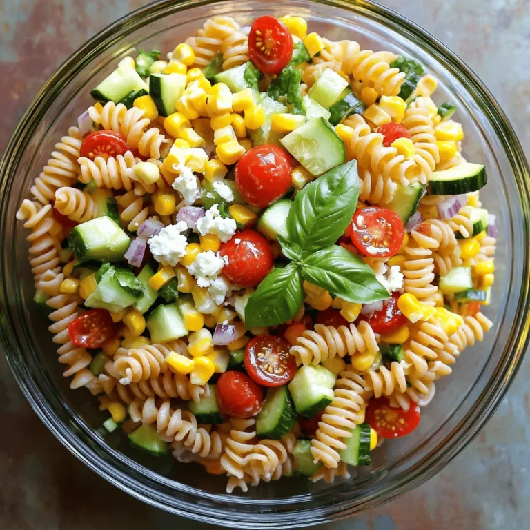 - 2 cups whole wheat fusilli pasta - 1 cup cherry tomatoes, halved - 1 medium cucumber, diced - 1 bell pepper (choose red or yellow), diced - 1 cup corn kernels (freshly cooked or frozen) - 1 medium zucchini, diced - 1/4 cup red onion, finely chopped - 1/4 cup fresh basil leaves, chopped - 1/4 cup crumbled feta cheese (optional) - 3 tablespoons extra virgin olive oil - 2 tablespoons fresh lemon juice - Salt and fresh ground pepper to taste When I prepare this summer veggie pasta salad, I start with high-quality ingredients. Fresh veggies add great taste and color. Whole wheat fusilli offers a nutty flavor and a nice texture. I love the sweetness of cherry tomatoes and crunch of cucumber. Bell peppers add vibrant hues, and zucchini brings a tender bite. For the dressing, I prefer extra virgin olive oil and fresh lemon juice. They create a bright, zesty flavor that complements the salad. Salt and pepper enhance all the ingredients. Using crumbled feta cheese gives a nice creamy touch, but it’s optional. This salad serves four people. Each serving has about 250 calories. It contains around 8 grams of protein, 35 grams of carbs, and 10 grams of fats. The pasta and veggies offer a balanced mix of nutrients. If you need gluten-free options, try brown rice pasta or chickpea pasta. For a vegan approach, replace feta cheese with nutritional yeast or vegan cheese. These swaps keep the salad tasty while fitting dietary needs. I use these tips and measurements to make a salad that pleases everyone. Check the full recipe for more details. Start by boiling water in a large pot. Add a generous pinch of salt to the water. This adds flavor to the pasta. When the water reaches a rolling boil, add 2 cups of whole wheat fusilli. Cook it for about 8 to 10 minutes. You want it al dente, which means firm to the bite. After cooking, drain the pasta in a colander. Rinse it under cold water to stop the cooking. This will also cool the pasta down for your salad. While the pasta cools, it’s time to chop the veggies. Use a sharp knife for clean cuts. I like to cut the cherry tomatoes in half. Dice the cucumber and bell pepper into small, even pieces. This helps with even flavor in every bite. The zucchini should be diced as well. Lastly, finely chop the red onion. Combine all these vibrant veggies in a large bowl. When the pasta is cool, it’s time to mix everything. Add the cooled pasta to your bowl of chopped veggies. Gently toss the ingredients together. Make sure the pasta and veggies are well mixed. You don't want any clumps of pasta. Now, let’s create the dressing. In a small bowl, whisk together 3 tablespoons of extra virgin olive oil and 2 tablespoons of fresh lemon juice. Add a pinch of salt and a few cracks of fresh pepper. Whisk until the mixture is smooth and well combined. This emulsifies the dressing, making it creamy and rich. Drizzle your dressing over the pasta and veggies. Add the chopped fresh basil and crumbled feta cheese if you like. Toss everything together gently but thoroughly. Ensure each piece is coated with the dressing. This will make every bite delicious. Now, let your salad chill in the fridge for at least 30 minutes. This is key for letting the flavors blend. The cold temperature also makes the salad refreshing. You can enjoy it cold or at room temperature, but chilling it really enhances the taste. For the full recipe, check out the details above. When cooking pasta, start with plenty of water. Use a large pot for best results. Add a good amount of salt to the water. This enhances the pasta's flavor. Bring the water to a full boil before adding the pasta. For whole wheat fusilli, cook it for about 8-10 minutes. Test it for doneness. You want it al dente, or firm to the bite. After cooking, drain and rinse the pasta under cold water. This stops the cooking and cools the pasta down. To add more flavor, include fresh herbs and spices. Basil is a great choice for this salad. You can also use parsley or oregano. A squeeze of fresh lemon juice brightens the taste. For extra zest, try adding some minced garlic or red pepper flakes. These simple additions make your salad pop with flavor. Presentation is key to making your salad shine. Use a large, clear glass bowl. This shows off the bright colors of the veggies. For garnish, sprinkle extra basil leaves on top. A dusting of feta cheese adds a nice touch too. Serve the pasta salad chilled or at room temperature. This keeps it fresh and tasty. For more serving ideas, consider pairing it with grilled chicken or crusty bread. For the full recipe, check out the vibrant Summer Veggie Pasta Salad. Enjoy creating a dish that looks as good as it tastes! {{image_4}} You can change the veggies in your pasta salad based on what is fresh. In summer, I love adding colorful bell peppers and zucchini. In fall, try roasted butternut squash or sweet potatoes. Seasonal vegetables not only taste better but also offer great nutrients. You can mix and match to fit your taste. Think about using asparagus in spring or cherry tomatoes all summer long. Just remember to keep the colors bright for a lovely dish. If you want a gluten-free meal, swap the whole wheat pasta for gluten-free pasta. There are many options available today, like rice or corn pasta. For a vegan version, skip the feta cheese or replace it with a vegan cheese. You can also add more veggies, like spinach or kale, for a hearty meal. These adaptations ensure everyone can enjoy your salad without worry. Adding protein can make this salad more filling. Cooked chicken, shrimp, or even tofu work great. You can also toss in some chickpeas or black beans for a plant-based boost. Just make sure to season the proteins well. This gives your salad a nice depth of flavor. It’s an easy way to turn a side dish into a main course. For the full recipe, check out the ingredients and steps above. Enjoy your cooking! To keep your Summer Veggie Pasta Salad fresh, store it in the fridge. Place the salad in an airtight container. This helps keep the flavors intact. It can last about 3 to 5 days. If you notice any moisture, use a paper towel to absorb it. This way, the salad stays crisp and tasty. If you want to save some for later, freezing is an option. However, pasta can change texture when frozen. To freeze, pack the salad in a freezer-safe container. Leave some space for expansion. It’s best to eat it within a month. When you want to enjoy it again, move it from the freezer to the fridge to thaw overnight. For leftovers, enjoy your pasta salad cold or at room temperature. If you prefer it warm, gently heat it in a pan. Add a splash of olive oil to keep it moist. Avoid microwaving it, as this can cause sogginess. Always check for taste and adjust the seasoning if needed. For the full recipe, check out the details above! You can keep this salad for up to three days in the fridge. Store it in an airtight container. This helps keep the flavors fresh and bright. If you find it gets a little soggy, don’t worry! You can mix in fresh veggies to liven it up again. Absolutely! You can use any pasta shape you like. Try rotini, penne, or bowtie pasta. Each shape adds a fun twist to the salad. Just remember to cook the pasta until it's al dente. This keeps it from getting mushy when you mix it with the veggies. To keep your salad crisp, follow these tips: - Rinse the pasta with cold water after cooking. - Use fresh vegetables and avoid overcooking them. - Add dressing just before serving. This helps keep everything fresh. These steps ensure every bite stays crunchy and delightful. This pasta salad pairs well with many dishes. Serve it with grilled chicken or fish for a hearty meal. It also goes great with burgers or hot dogs at a barbecue. For a light option, enjoy it with a bowl of soup. The salad adds color and flavor to any plate. This blog post shared a simple summer veggie pasta salad recipe. It included tasty ingredients, clear steps, and useful tips. Remember, fresh veggies and a zesty dressing bring out the best flavors. You can easily adapt the recipe for any diet or season. Storing leftovers is simple, and there are many fun ways to enjoy them later. Dive into this dish for a bright, healthy meal. Make it your own, and enjoy every bite!