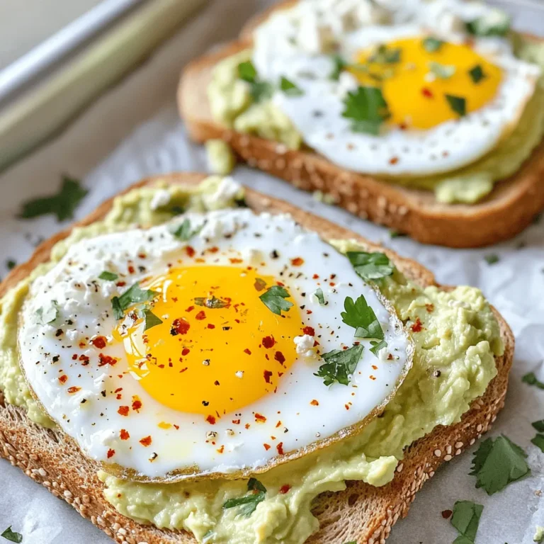 To make Viral Feta Egg Toast, you need simple ingredients. This dish is tasty and quick to prepare. It takes just 20 minutes from start to finish. You can enjoy it for breakfast or brunch. Here’s what you need. - 100g feta cheese, crumbled - 2 large eggs - 2 slices of whole grain or sourdough bread - 1 ripe avocado, mashed - 1 tablespoon olive oil (plus additional for brushing) - 1 teaspoon chili flakes (adjust to taste) - Fresh herbs (such as parsley or dill), finely chopped for garnish - Salt and black pepper to taste - Optional: 1 tablespoon lemon juice for added freshness Feel free to add your twist! You can include toppings like sliced tomatoes or radishes. You might also try adding garlic powder to the feta mix for extra flavor. If you want a spicy kick, add sliced jalapeños. These options keep the recipe fun and fresh. To start, grab a small bowl. Add 100g of crumbled feta cheese. Pour in 1 tablespoon of olive oil. Next, sprinkle in 1 teaspoon of chili flakes. For a fresh taste, add 1 tablespoon of lemon juice. Use a fork to mix everything together. You want a spreadable texture. Keep mashing until it is creamy. Now, take 2 slices of whole grain or sourdough bread. You can toast them in a toaster or on a skillet. If using a skillet, heat it over medium heat. Brush each slice lightly with olive oil for extra crunch. Toast until golden brown and crispy. This should take about 3-5 minutes. Next, heat a small drizzle of olive oil in a non-stick skillet. Crack 2 large eggs into the skillet. For sunny-side-up eggs, cook until the whites are set. The yolks should still be runny. This usually takes about 3-4 minutes. For softer eggs, try poaching them instead. Be sure to sprinkle a pinch of salt and some black pepper for flavor. Now that you have all these steps, you can easily assemble your dish. Follow the Full Recipe to make the perfect Viral Feta Egg Toast. Enjoy! Toasting bread is key for a great feta egg toast. Here are my top tips: - Choose the right bread: Whole grain or sourdough works best. They add flavor and texture. - Oil it up: Lightly brush your bread with olive oil before toasting. This gives it a nice crunch. - Watch the heat: Use medium heat to avoid burning. You want golden brown, not blackened. - Toast both sides: Flip the bread halfway for even toasting. This helps create that perfect crispy layer. Adding ingredients can make your toast even better. Here are some ideas: - Spices: Try adding smoked paprika or garlic powder to the feta mix for depth. - Veggies: Top with sliced tomatoes or radishes for freshness and crunch. - Cheese: Crumbled goat cheese or ricotta can add creaminess. - Greens: Add arugula or spinach for a pop of color and nutrition. Cooking eggs just right is crucial. Here’s how to do it: - Sunny-side up: Cook for about 3-4 minutes. Wait until the whites are firm but the yolks stay soft. - Poached: Poaching takes about 4-5 minutes. Use simmering water for gentle cooking. - Scrambled: If you prefer scrambled eggs, cook for 5-7 minutes. Stir frequently for fluffy results. Using these tips will help you create a delicious and impressive Viral Feta Egg Toast. Remember to check out the Full Recipe for even more details! {{image_4}} You can easily make a vegan version of feta egg toast. Swap the feta cheese for a creamy vegan cheese. You can use cashew cheese or tofu-based feta. For the eggs, try using chickpea flour. Mix it with water, a pinch of turmeric, and a dash of salt. Cook this mix in a non-stick skillet for a tasty egg substitute. This way, you still get the same rich taste without any animal products. Feel free to get creative with toppings! You can add sliced tomatoes, radishes, or arugula for extra crunch. If you like spice, drizzle sriracha or add pickled jalapeños on top. Want a touch of sweetness? Try drizzling honey or maple syrup on your toast. You could even sprinkle some everything bagel seasoning for a tasty twist. Each topping changes the flavor, making your breakfast unique every time. If you have dietary needs, there are great substitutions. For gluten-free eaters, use gluten-free bread. You can also replace the olive oil with avocado oil if you prefer. If you want a lower-fat option, use low-fat feta cheese. For those who are watching sodium intake, try a no-salt feta cheese. Each swap still gives you a delicious taste while meeting your needs. You can enjoy this meal no matter your diet! For the full recipe, check out the Viral Feta Egg Toast recipe above. To keep your Viral Feta Egg Toast fresh, store it in an airtight container. Place any uneaten toast in the fridge right after eating. This helps keep the flavors intact. You can store the toast for up to two days, but the texture may change. If you have leftover feta mixture or avocado, store those separately in small containers. When you want to enjoy your leftover toast, you can reheat it easily. Use a toaster or a skillet to warm the bread. For the best results, reheat the eggs on low heat. This keeps the yolks runny without overcooking them. If using a microwave, heat it in short bursts to avoid rubbery eggs. Always check the freshness of your ingredients. Use ripe avocados for the best taste. Store feta cheese in its brine or in a sealed container with olive oil. This keeps it creamy and flavorful. Keep eggs in the fridge and check for freshness before use. Follow these tips to ensure your meals stay delicious and safe to eat. I prefer whole grain or sourdough bread for this recipe. These types add great flavor and texture. Whole grain bread is hearty and filling, while sourdough has a nice tang. Both options toast well and hold the toppings without falling apart. You can prep elements of this recipe ahead of time. You can make the feta mixture and store it in the fridge. Just keep it in an airtight container. You can also toast the bread earlier, but it’s best fresh. Avoid cooking the eggs in advance, as they taste best when made fresh. Adjusting the spice level is easy. If you like heat, add more chili flakes to the feta mix. For a milder taste, reduce the amount you use. You can also leave them out completely. Consider adding a sprinkle of paprika or freshly cracked black pepper for flavor without heat. This guide covered the essential ingredients and step-by-step instructions for your feta egg toast. You learned how to prepare the feta mixture, toast the bread, and cook the eggs perfectly. I also shared tips to boost flavor and various ways to adapt the recipe for your needs. Remember to store leftovers properly for the best taste. By trying these methods, you can create a delicious meal that suits any palate. Enjoy making and sharing your tasty toast!