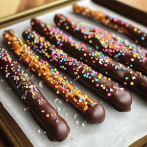 To make chocolate dipped pretzel rods, gather these simple ingredients: - 1 cup pretzel rods - 1 cup dark chocolate chips (milk chocolate can be used as an alternative) - 1 tablespoon coconut oil (optional) - 1/4 cup colorful sprinkles or crushed nuts (optional) - Sea salt flakes (optional) These ingredients create a fun and tasty treat. The pretzel rods add a nice crunch. The dark chocolate gives a rich flavor. You can use milk chocolate if you prefer something sweeter. Coconut oil helps the chocolate melt smoothly. Sprinkles or nuts add a colorful touch. Sea salt gives a nice salty contrast to the sweet chocolate. You can find the full recipe above for more detailed steps. Enjoy making this fun treat! Start by gathering all your tools and ingredients. You need a baking sheet, parchment paper, and a microwave-safe bowl. Line the baking sheet with parchment paper. This step stops the pretzel rods from sticking later on. Make sure your area is clean. A tidy workspace makes cooking easier and more fun! In your microwave-safe bowl, mix the chocolate chips with coconut oil if you want. The coconut oil helps the chocolate melt smoother and shine brighter. Microwave the bowl in 30-second bursts. After each burst, take it out and stir. Keep going until the chocolate is smooth and fully melted. This usually takes about 1 to 2 minutes. Be careful not to burn the chocolate! Grab a pretzel rod and dip it into the melted chocolate. Aim to coat about two-thirds of the rod. Let any extra chocolate drip back into the bowl. If you want to add sprinkles or nuts, do it now. You can dip the wet chocolate into the toppings or sprinkle them on top. Make sure to do this quickly while the chocolate is still soft. Place each dipped pretzel rod on the lined baking sheet. If you like, sprinkle a bit of sea salt on top. This adds a nice sweet and salty taste. Once all the rods are dipped, pop the baking sheet into the fridge. Let them chill for about 30 minutes. This helps the chocolate harden fully. When they are done, you can enjoy or gift them to someone special. For the full recipe, check out the earlier section! To get smooth chocolate, use dark chocolate chips. You can also add one tablespoon of coconut oil. This makes the chocolate creamy. Microwave the chocolate in short bursts. Stir after each 30 seconds. This helps it melt evenly. Avoid overheating the chocolate. You want it silky, not burnt. Toppings add fun and flavor. Use colorful sprinkles or crushed nuts for a pop. Apply them right after dipping the pretzel rods. The chocolate should still be wet. This helps the toppings stick well. Don’t be shy; cover them well. You can also sprinkle sea salt for a sweet and salty mix. Packaging makes your treat look special. Use clear cellophane bags for a nice touch. Tie them with a colorful ribbon. This makes a great gift for friends or family. You can also add a tag with a sweet note. Your chocolate-dipped pretzel rods will look lovely and thoughtful. For more details, refer to the Full Recipe. {{image_4}} You can play with flavors when making chocolate dipped pretzel rods. Try using white chocolate or milk chocolate instead of dark chocolate. Each type gives a unique taste. You can also add flavored oils like almond or mint to the melted chocolate. This adds a fun twist to your treats. Seasonal fun can brighten up your pretzel rods. For Halloween, use orange and black sprinkles. During Christmas, red and green sprinkles work wonders. You can also drizzle colorful candy melts over the chocolate. This gives your rods a festive look. Don’t forget to use crushed candy canes in winter for a minty touch! Pair your chocolate dipped pretzel rods with other snacks. They go great with a hot cup of cocoa or coffee. You could also serve them with fruit dips like caramel or peanut butter. These combos make a delightful snack spread for parties. If you want a crunchy treat, try serving them with popcorn. The salty and sweet mix is a hit! For those who want to explore more, check out the Full Recipe for tips and ideas. To keep your chocolate dipped pretzel rods fresh, store them in an airtight container. Use wax paper or parchment paper to separate the rods. This prevents them from sticking together. Place the container in a cool, dry place. Avoid areas near heat sources or direct sunlight, as heat can melt the chocolate. When stored properly, chocolate dipped pretzel rods last about two weeks. The chocolate may start to lose its shine after a few days, but the taste remains great. For the best flavor and texture, enjoy them within the first week. If you want to keep your dipped pretzel rods longer, freezing is a great option. Wrap each pretzel rod in plastic wrap or foil. Place them in a freezer-safe bag or container. When you're ready to enjoy them, take them out and let them thaw at room temperature. Avoid refreezing once they have thawed. This keeps the chocolate smooth and tasty. For the full recipe, check out the earlier section. Yes, you can use white chocolate. It melts well and tastes sweet. You can dip the pretzel rods in white chocolate just like dark chocolate. This gives a nice change in flavor and looks great too. Try adding colorful sprinkles on top for a fun look. To keep the chocolate smooth, work in small batches. Melt only what you need at a time. If the chocolate starts to harden, you can reheat it gently in the microwave. Just use short bursts of heat and stir often. Adding a little coconut oil can also help keep it smooth. You can find pre-made chocolate dipped pretzel rods at many stores. Look in the candy aisle or the bakery section. Some online retailers also sell them. This saves time if you want a quick treat. However, making them at home is easy and fun, as shown in the Full Recipe. Making chocolate-dipped pretzel rods is simple and fun. You start with basic ingredients like pretzel rods and chocolate chips. Then, you melt, dip, and decorate your treats. I shared tips to help you achieve a smooth chocolate consistency and ideas for fun toppings. You also learned how to store your creations to keep them fresh. Try different flavors and seasonal designs for variety. Enjoy this tasty snack and share it with friends!