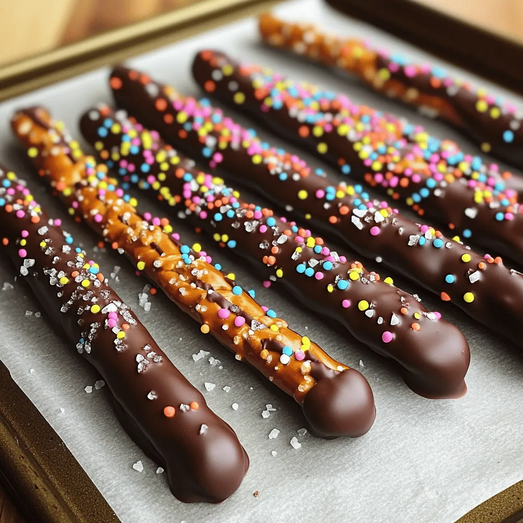 To make chocolate dipped pretzel rods, gather these simple ingredients: - 1 cup pretzel rods - 1 cup dark chocolate chips (milk chocolate can be used as an alternative) - 1 tablespoon coconut oil (optional) - 1/4 cup colorful sprinkles or crushed nuts (optional) - Sea salt flakes (optional) These ingredients create a fun and tasty treat. The pretzel rods add a nice crunch. The dark chocolate gives a rich flavor. You can use milk chocolate if you prefer something sweeter. Coconut oil helps the chocolate melt smoothly. Sprinkles or nuts add a colorful touch. Sea salt gives a nice salty contrast to the sweet chocolate. You can find the full recipe above for more detailed steps. Enjoy making this fun treat! Start by gathering all your tools and ingredients. You need a baking sheet, parchment paper, and a microwave-safe bowl. Line the baking sheet with parchment paper. This step stops the pretzel rods from sticking later on. Make sure your area is clean. A tidy workspace makes cooking easier and more fun! In your microwave-safe bowl, mix the chocolate chips with coconut oil if you want. The coconut oil helps the chocolate melt smoother and shine brighter. Microwave the bowl in 30-second bursts. After each burst, take it out and stir. Keep going until the chocolate is smooth and fully melted. This usually takes about 1 to 2 minutes. Be careful not to burn the chocolate! Grab a pretzel rod and dip it into the melted chocolate. Aim to coat about two-thirds of the rod. Let any extra chocolate drip back into the bowl. If you want to add sprinkles or nuts, do it now. You can dip the wet chocolate into the toppings or sprinkle them on top. Make sure to do this quickly while the chocolate is still soft. Place each dipped pretzel rod on the lined baking sheet. If you like, sprinkle a bit of sea salt on top. This adds a nice sweet and salty taste. Once all the rods are dipped, pop the baking sheet into the fridge. Let them chill for about 30 minutes. This helps the chocolate harden fully. When they are done, you can enjoy or gift them to someone special. For the full recipe, check out the earlier section! To get smooth chocolate, use dark chocolate chips. You can also add one tablespoon of coconut oil. This makes the chocolate creamy. Microwave the chocolate in short bursts. Stir after each 30 seconds. This helps it melt evenly. Avoid overheating the chocolate. You want it silky, not burnt. Toppings add fun and flavor. Use colorful sprinkles or crushed nuts for a pop. Apply them right after dipping the pretzel rods. The chocolate should still be wet. This helps the toppings stick well. Don’t be shy; cover them well. You can also sprinkle sea salt for a sweet and salty mix. Packaging makes your treat look special. Use clear cellophane bags for a nice touch. Tie them with a colorful ribbon. This makes a great gift for friends or family. You can also add a tag with a sweet note. Your chocolate-dipped pretzel rods will look lovely and thoughtful. For more details, refer to the Full Recipe. {{image_4}} You can play with flavors when making chocolate dipped pretzel rods. Try using white chocolate or milk chocolate instead of dark chocolate. Each type gives a unique taste. You can also add flavored oils like almond or mint to the melted chocolate. This adds a fun twist to your treats. Seasonal fun can brighten up your pretzel rods. For Halloween, use orange and black sprinkles. During Christmas, red and green sprinkles work wonders. You can also drizzle colorful candy melts over the chocolate. This gives your rods a festive look. Don’t forget to use crushed candy canes in winter for a minty touch! Pair your chocolate dipped pretzel rods with other snacks. They go great with a hot cup of cocoa or coffee. You could also serve them with fruit dips like caramel or peanut butter. These combos make a delightful snack spread for parties. If you want a crunchy treat, try serving them with popcorn. The salty and sweet mix is a hit! For those who want to explore more, check out the Full Recipe for tips and ideas. To keep your chocolate dipped pretzel rods fresh, store them in an airtight container. Use wax paper or parchment paper to separate the rods. This prevents them from sticking together. Place the container in a cool, dry place. Avoid areas near heat sources or direct sunlight, as heat can melt the chocolate. When stored properly, chocolate dipped pretzel rods last about two weeks. The chocolate may start to lose its shine after a few days, but the taste remains great. For the best flavor and texture, enjoy them within the first week. If you want to keep your dipped pretzel rods longer, freezing is a great option. Wrap each pretzel rod in plastic wrap or foil. Place them in a freezer-safe bag or container. When you're ready to enjoy them, take them out and let them thaw at room temperature. Avoid refreezing once they have thawed. This keeps the chocolate smooth and tasty. For the full recipe, check out the earlier section. Yes, you can use white chocolate. It melts well and tastes sweet. You can dip the pretzel rods in white chocolate just like dark chocolate. This gives a nice change in flavor and looks great too. Try adding colorful sprinkles on top for a fun look. To keep the chocolate smooth, work in small batches. Melt only what you need at a time. If the chocolate starts to harden, you can reheat it gently in the microwave. Just use short bursts of heat and stir often. Adding a little coconut oil can also help keep it smooth. You can find pre-made chocolate dipped pretzel rods at many stores. Look in the candy aisle or the bakery section. Some online retailers also sell them. This saves time if you want a quick treat. However, making them at home is easy and fun, as shown in the Full Recipe. Making chocolate-dipped pretzel rods is simple and fun. You start with basic ingredients like pretzel rods and chocolate chips. Then, you melt, dip, and decorate your treats. I shared tips to help you achieve a smooth chocolate consistency and ideas for fun toppings. You also learned how to store your creations to keep them fresh. Try different flavors and seasonal designs for variety. Enjoy this tasty snack and share it with friends!