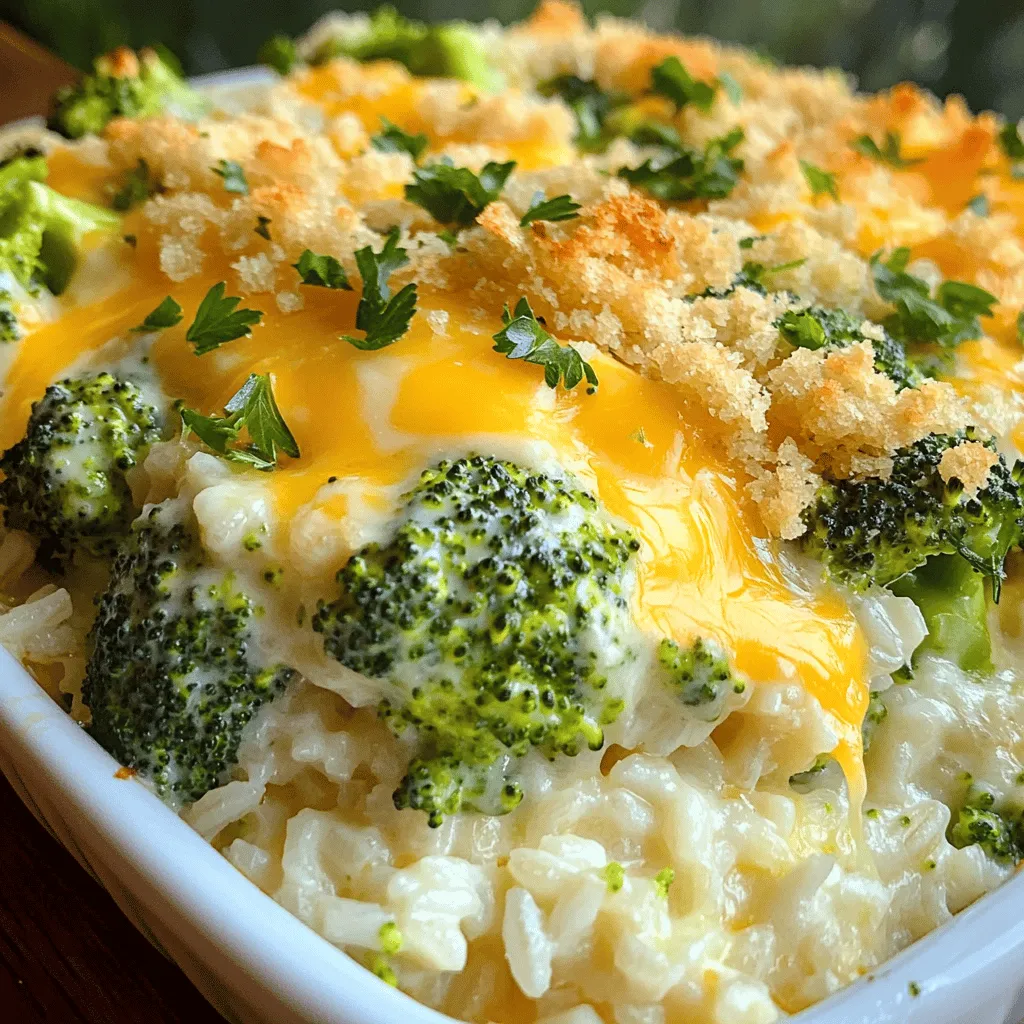 - 2 cups cooked white or brown rice - 3 cups fresh broccoli florets (or thawed frozen broccoli) - 2 cups shredded cheddar cheese (divided) - 1 cup cream of mushroom soup (store-bought or homemade) - 1 cup milk - Seasonings: 1/2 teaspoon garlic powder, 1/2 teaspoon onion powder, salt and pepper to taste - Optional Topping: 1/2 cup bread crumbs, 2 tablespoons melted butter To make this cheesy broccoli rice casserole, you need a few key ingredients. The rice is the base, giving the dish its hearty texture. I recommend using either white or brown rice. Both options work well. Next, fresh broccoli florets add a nice crunch and color. If you don’t have fresh broccoli, thawed frozen broccoli will work too. It's a great time-saver! Cheddar cheese is the star of this dish. You’ll use some in the mix and save some for the top. This gives a nice cheesy crust when baked. You’ll also need cream of mushroom soup and milk. These ingredients make the casserole creamy and flavorful. Lastly, add seasonings like garlic powder, onion powder, salt, and pepper. These give your dish extra flavor. If you want a crunchy topping, consider using bread crumbs mixed with melted butter. This adds a lovely texture contrast to the creamy base. For the full recipe and instructions, check out the recipe section. First, preheat your oven to 350°F (175°C). Take a 9x13 inch baking dish and grease it with cooking spray or butter. This step helps the casserole not stick. Next, bring a large pot of water to a boil. Add the broccoli florets to the pot and cook them for 2-3 minutes. You want them bright green and slightly tender. After cooking, drain the broccoli and set it aside. In a large mixing bowl, combine the following ingredients: - 2 cups cooked white or brown rice - 3 cups fresh broccoli florets (or thawed frozen broccoli) - 1 1/2 cups shredded cheddar cheese - 1 cup cream of mushroom soup - 1 cup milk - 1/2 teaspoon garlic powder - 1/2 teaspoon onion powder - Salt and pepper to taste Using a spoon or spatula, mix everything well. Make sure the rice and broccoli are evenly coated with cheese and soup. This ensures every bite is cheesy and delicious. Now, pour the mixture into your greased baking dish. Spread it out evenly across the bottom. In a small bowl, mix 1/2 cup of bread crumbs with 2 tablespoons of melted butter. This will make a crunchy topping. Sprinkle the buttery bread crumbs on top of the casserole. Then, add the remaining 1/2 cup of shredded cheddar cheese over everything. Place the casserole in the preheated oven. Bake for 25-30 minutes. Check to see if the cheese is melted, bubbly, and golden brown. When it looks good, it’s ready to enjoy! For more details, refer to the Full Recipe. To make the best Cheesy Broccoli Rice Casserole, start with freshly cooked rice. It gives your dish the perfect texture. Using leftover rice can make the casserole gummy and less appealing. Next, let's talk about the broccoli. You can blanch or steam it to keep its bright green color. This step is key to making your dish look as good as it tastes. Cook the broccoli for just a few minutes. It should be tender but still firm. This way, it will hold up well in the casserole. When you serve your casserole, add a sprinkle of fresh parsley on top. It adds a pop of color and a nice fresh taste. You can also top it with extra cheese for more flavor. Pair the casserole with a protein, like grilled chicken or baked fish. This adds balance to your meal. It turns your casserole into a full dinner that everyone will enjoy. {{image_4}} You can make this dish fit many diets. If you need a gluten-free option, use cornstarch instead of bread crumbs. This keeps the dish light while still giving it a nice crunch. For those who avoid dairy, you can swap in plant-based cheese and milk. Both options keep the cheesy flavor while making it suitable for various diets. Want to add some protein? You can toss in cooked chicken or turkey. This makes the casserole heartier and adds great taste. You can also mix in other veggies. Bell peppers and carrots add color and extra nutrition. These simple changes can make your casserole even more delicious and fun to eat. To store leftovers, let the casserole cool down. Once cool, cover it tightly with plastic wrap or foil. You can also use an airtight container. This helps keep it fresh and prevents drying out. The casserole can last in the fridge for about three to four days. Be sure to check for any signs of spoilage before eating. If you want to freeze the casserole, first let it cool completely. Place it in a freezer-safe container or wrap it in plastic wrap and foil. This helps to keep the flavor and texture intact. You can freeze it for up to three months. When you’re ready to eat, thaw it overnight in the fridge. To reheat, bake it in the oven at 350°F until hot. This method helps maintain the cheesy goodness and the crunch from the bread crumbs. Enjoy your meal even after it has been frozen! For the full recipe, check the section above. You can easily prepare Cheesy Broccoli Rice Casserole ahead of time. First, cook the rice and broccoli as per the recipe. Then, mix all the ingredients in a bowl. Instead of baking it right away, cover the dish with plastic wrap or foil. Store it in the fridge for up to 24 hours. When ready to bake, just remove the cover and bake it at 350°F (175°C) for about 30-35 minutes. This saves time and makes meal prep easy! Yes, you can use frozen broccoli! It works just as well. Just thaw it before adding it to the casserole. You do not need to cook it first. Thawing helps it blend nicely with the other ingredients. Use about 3 cups of thawed frozen broccoli. It keeps the dish quick and simple while still being tasty. This casserole pairs well with many sides. Try serving it with a light salad or some grilled chicken. You can also add a slice of crusty bread for a heartier meal. For drinks, a cool lemonade or iced tea complements the dish nicely. These additions balance the flavors and create a full meal experience. In this post, we covered how to make a delicious Cheesy Broccoli Rice Casserole. We discussed the main ingredients, cooking steps, and helpful tips to enhance your dish. Remember to customize it to your taste and dietary needs. This recipe is perfect for sharing and can be easily stored for later. Enjoy the creamy, cheesy goodness with your favorite sides or as a standalone meal. Cooking should be fun and easy, and this casserole nails both!