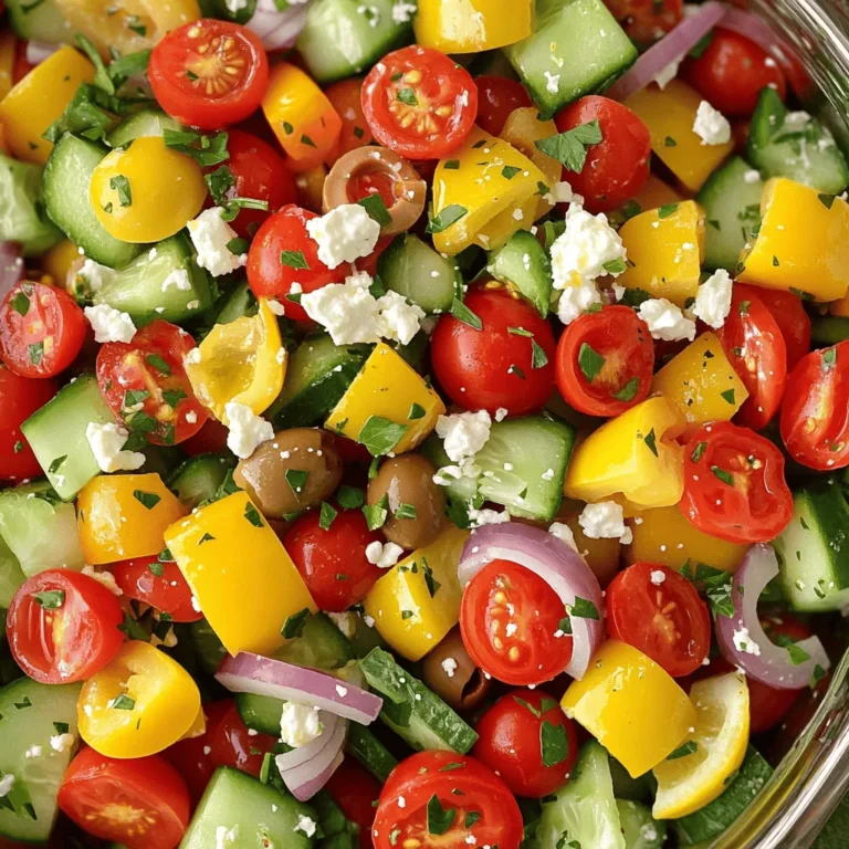 To make a tasty Easy Greek Salad, you need: - 2 cups cherry tomatoes, halved - 1 medium cucumber, diced - 1 red bell pepper, diced - 1 yellow bell pepper, diced - 1/2 red onion, thinly sliced - 1 cup Kalamata olives, pitted and halved - 1 cup feta cheese, crumbled - 3 tablespoons extra virgin olive oil - 2 tablespoons fresh lemon juice - 1 teaspoon dried oregano - Salt and freshly ground black pepper to taste - Fresh parsley, finely chopped (for garnish) When you shop for your salad, look for bright colors. Choose firm tomatoes, crisp cucumbers, and vibrant bell peppers. Check for any bruises or soft spots on the produce. For onions, select ones that feel heavy and have a dry outer skin. Fresh herbs like parsley should smell strong and look bright. This will make your salad taste better! If you can't find some ingredients, don't worry! You can swap cherry tomatoes for regular tomatoes. Any cucumber can work if you can't find the one you usually buy. You can use green bell peppers instead of red or yellow. If you prefer a different cheese, try goat cheese or even a dairy-free option. Just keep the flavors fresh and bright. For the full recipe, check out the Mediterranean Delight Greek Salad. To start, prepare the vegetables. First, take 2 cups of cherry tomatoes and cut them in half. Next, grab 1 medium cucumber and dice it into small pieces. Then, take 1 red bell pepper and 1 yellow bell pepper, and dice them both. These colors make the salad bright! Now, slice 1/2 a red onion thinly. Lastly, measure out 1 cup of Kalamata olives, pitting and halving them. Now, it’s time to make the dressing. In a small bowl, combine 3 tablespoons of extra virgin olive oil and 2 tablespoons of fresh lemon juice. Add in 1 teaspoon of dried oregano. Then, sprinkle in a pinch of salt and freshly ground black pepper. Whisk them together until the dressing is nice and smooth. This dressing adds a burst of flavor to your salad. In a large mixing bowl, add your prepared vegetables. Toss in the halved Kalamata olives. Drizzle the dressing over the veggies. Use a large spoon to gently mix everything. You want all the veggies coated! Next, sprinkle 1 cup of crumbled feta cheese on top. Give it one last soft toss to mix in the feta without breaking it. You can serve this salad right away or chill it in the fridge for about 15 minutes. This waiting lets the flavors blend perfectly. Enjoy your Mediterranean delight! For the full recipe, check the instructions above. To get the most flavor from your Easy Greek Salad, serve it chilled. This enhances the crispness of the veggies. Add the dressing just before serving. This keeps the salad fresh and crunchy. You can also sprinkle fresh herbs, like parsley or mint, right before serving. These herbs add a pop of color and extra flavor. To save time, prep all your veggies first. Use a sharp knife for quick chopping. Cherry tomatoes and cucumbers are easy to cut. You can buy pre-diced bell peppers and onions at the store too. Another great tip is to make the dressing in advance. Store it in a jar and shake it before use. This way, you can whip up your salad in minutes. For a beautiful presentation, use a large, shallow bowl. This lets the colors shine. Layer the ingredients rather than mixing them. Start with a base of greens, then add the colorful veggies on top. Finish with crumbled feta and a drizzle of dressing. You can add lemon wedges on the side. This not only looks nice but also allows guests to add more flavor if they wish. For a final touch, a sprinkle of fresh parsley adds a lovely contrast. For the full recipe, check out the Mediterranean Delight Greek Salad. {{image_4}} You can easily switch up your Greek salad. Try adding artichoke hearts, capers, or even roasted red peppers. These ingredients add more flavor and texture. You might also want to include some fresh arugula or spinach for added greens. This keeps the salad vibrant and exciting. If you want a vegan Greek salad, skip the feta cheese. Instead, use avocado or tofu for creaminess. You could also try vegan feta, which tastes great. This way, you still enjoy a rich flavor without any dairy. For vegetarians, the original recipe works perfectly, so feel free to add extra feta. Herbs and spices can make your salad pop. Fresh dill or mint adds a lovely twist. You can also sprinkle in some paprika for warmth. If you like a kick, add red pepper flakes. These simple changes make your salad unique and full of flavor. With these variations, you’ll never get bored of your Greek salad again! To keep your Easy Greek Salad fresh, place it in an airtight container. This helps to lock in flavors and prevent spoilage. If you have leftover dressing, store it separately. This way, the salad won’t get soggy. When you want to eat it again, just mix the dressing in fresh. Store your vegetables in the fridge. Keep cherry tomatoes on the counter for better flavor. Cucumbers and bell peppers do well in the crisper drawer. To keep feta cheese fresh, wrap it in parchment paper and then place it in a container. You can also add a little olive oil to keep it moist. Most ingredients last about 3-5 days in the fridge. Cherry tomatoes may last up to a week. Cucumbers and bell peppers generally stay fresh for about 5 days. Feta cheese, when stored well, can last up to 2 weeks. Always check for signs of spoilage before using. The best homemade Greek salad dressing is simple and fresh. You need three key ingredients: olive oil, lemon juice, and oregano. Start with three tablespoons of olive oil. Then, add two tablespoons of lemon juice. Sprinkle in one teaspoon of dried oregano. Mix these well in a bowl. You can add salt and pepper to taste. This dressing is tasty and brightens the salad. Yes, you can make Easy Greek Salad in advance. Prepare the salad without the dressing. Store it in the fridge for up to a day. When you're ready to eat, drizzle the dressing over the salad. This keeps the veggies crunchy and fresh. If you add the dressing early, the salad may get soggy. Greek salad is packed with nutrients. It is low in calories but high in vitamins. The fresh vegetables provide fiber and hydration. Feta cheese adds protein and calcium. Olive oil offers healthy fats. Eating Greek salad can support heart health and aid digestion. It’s a great choice for a light meal. You can easily customize this recipe. For a vegan option, skip the feta cheese. Use a different cheese or leave it out entirely. If you're gluten-free, this recipe is already safe. For nut allergies, ensure the olives are safe. You can also swap out veggies based on your taste or what you have. Greek salad pairs well with many dishes. It is great with grilled chicken or fish. You can serve it with pita bread for a filling snack. A side of hummus also complements the salad nicely. For a hearty meal, add some quinoa or couscous. This combination makes a balanced and tasty dinner. For the full recipe, check out the Mediterranean Delight Greek Salad section. Easy Greek Salad is simple and fun to make. You learned about fresh ingredients, tips for prep, and ways to serve. Consider adding your favorite items like olives or chickpeas for variety. Store leftovers properly to keep them fresh longer. Remember, Greek salad packs great flavor and nutrition. You can make it ahead and customize it for your needs. Enjoy creating your perfect salad!