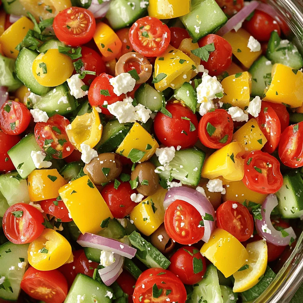 To make a tasty Easy Greek Salad, you need: - 2 cups cherry tomatoes, halved - 1 medium cucumber, diced - 1 red bell pepper, diced - 1 yellow bell pepper, diced - 1/2 red onion, thinly sliced - 1 cup Kalamata olives, pitted and halved - 1 cup feta cheese, crumbled - 3 tablespoons extra virgin olive oil - 2 tablespoons fresh lemon juice - 1 teaspoon dried oregano - Salt and freshly ground black pepper to taste - Fresh parsley, finely chopped (for garnish) When you shop for your salad, look for bright colors. Choose firm tomatoes, crisp cucumbers, and vibrant bell peppers. Check for any bruises or soft spots on the produce. For onions, select ones that feel heavy and have a dry outer skin. Fresh herbs like parsley should smell strong and look bright. This will make your salad taste better! If you can't find some ingredients, don't worry! You can swap cherry tomatoes for regular tomatoes. Any cucumber can work if you can't find the one you usually buy. You can use green bell peppers instead of red or yellow. If you prefer a different cheese, try goat cheese or even a dairy-free option. Just keep the flavors fresh and bright. For the full recipe, check out the Mediterranean Delight Greek Salad. To start, prepare the vegetables. First, take 2 cups of cherry tomatoes and cut them in half. Next, grab 1 medium cucumber and dice it into small pieces. Then, take 1 red bell pepper and 1 yellow bell pepper, and dice them both. These colors make the salad bright! Now, slice 1/2 a red onion thinly. Lastly, measure out 1 cup of Kalamata olives, pitting and halving them. Now, it’s time to make the dressing. In a small bowl, combine 3 tablespoons of extra virgin olive oil and 2 tablespoons of fresh lemon juice. Add in 1 teaspoon of dried oregano. Then, sprinkle in a pinch of salt and freshly ground black pepper. Whisk them together until the dressing is nice and smooth. This dressing adds a burst of flavor to your salad. In a large mixing bowl, add your prepared vegetables. Toss in the halved Kalamata olives. Drizzle the dressing over the veggies. Use a large spoon to gently mix everything. You want all the veggies coated! Next, sprinkle 1 cup of crumbled feta cheese on top. Give it one last soft toss to mix in the feta without breaking it. You can serve this salad right away or chill it in the fridge for about 15 minutes. This waiting lets the flavors blend perfectly. Enjoy your Mediterranean delight! For the full recipe, check the instructions above. To get the most flavor from your Easy Greek Salad, serve it chilled. This enhances the crispness of the veggies. Add the dressing just before serving. This keeps the salad fresh and crunchy. You can also sprinkle fresh herbs, like parsley or mint, right before serving. These herbs add a pop of color and extra flavor. To save time, prep all your veggies first. Use a sharp knife for quick chopping. Cherry tomatoes and cucumbers are easy to cut. You can buy pre-diced bell peppers and onions at the store too. Another great tip is to make the dressing in advance. Store it in a jar and shake it before use. This way, you can whip up your salad in minutes. For a beautiful presentation, use a large, shallow bowl. This lets the colors shine. Layer the ingredients rather than mixing them. Start with a base of greens, then add the colorful veggies on top. Finish with crumbled feta and a drizzle of dressing. You can add lemon wedges on the side. This not only looks nice but also allows guests to add more flavor if they wish. For a final touch, a sprinkle of fresh parsley adds a lovely contrast. For the full recipe, check out the Mediterranean Delight Greek Salad. {{image_4}} You can easily switch up your Greek salad. Try adding artichoke hearts, capers, or even roasted red peppers. These ingredients add more flavor and texture. You might also want to include some fresh arugula or spinach for added greens. This keeps the salad vibrant and exciting. If you want a vegan Greek salad, skip the feta cheese. Instead, use avocado or tofu for creaminess. You could also try vegan feta, which tastes great. This way, you still enjoy a rich flavor without any dairy. For vegetarians, the original recipe works perfectly, so feel free to add extra feta. Herbs and spices can make your salad pop. Fresh dill or mint adds a lovely twist. You can also sprinkle in some paprika for warmth. If you like a kick, add red pepper flakes. These simple changes make your salad unique and full of flavor. With these variations, you’ll never get bored of your Greek salad again! To keep your Easy Greek Salad fresh, place it in an airtight container. This helps to lock in flavors and prevent spoilage. If you have leftover dressing, store it separately. This way, the salad won’t get soggy. When you want to eat it again, just mix the dressing in fresh. Store your vegetables in the fridge. Keep cherry tomatoes on the counter for better flavor. Cucumbers and bell peppers do well in the crisper drawer. To keep feta cheese fresh, wrap it in parchment paper and then place it in a container. You can also add a little olive oil to keep it moist. Most ingredients last about 3-5 days in the fridge. Cherry tomatoes may last up to a week. Cucumbers and bell peppers generally stay fresh for about 5 days. Feta cheese, when stored well, can last up to 2 weeks. Always check for signs of spoilage before using. The best homemade Greek salad dressing is simple and fresh. You need three key ingredients: olive oil, lemon juice, and oregano. Start with three tablespoons of olive oil. Then, add two tablespoons of lemon juice. Sprinkle in one teaspoon of dried oregano. Mix these well in a bowl. You can add salt and pepper to taste. This dressing is tasty and brightens the salad. Yes, you can make Easy Greek Salad in advance. Prepare the salad without the dressing. Store it in the fridge for up to a day. When you're ready to eat, drizzle the dressing over the salad. This keeps the veggies crunchy and fresh. If you add the dressing early, the salad may get soggy. Greek salad is packed with nutrients. It is low in calories but high in vitamins. The fresh vegetables provide fiber and hydration. Feta cheese adds protein and calcium. Olive oil offers healthy fats. Eating Greek salad can support heart health and aid digestion. It’s a great choice for a light meal. You can easily customize this recipe. For a vegan option, skip the feta cheese. Use a different cheese or leave it out entirely. If you're gluten-free, this recipe is already safe. For nut allergies, ensure the olives are safe. You can also swap out veggies based on your taste or what you have. Greek salad pairs well with many dishes. It is great with grilled chicken or fish. You can serve it with pita bread for a filling snack. A side of hummus also complements the salad nicely. For a hearty meal, add some quinoa or couscous. This combination makes a balanced and tasty dinner. For the full recipe, check out the Mediterranean Delight Greek Salad section. Easy Greek Salad is simple and fun to make. You learned about fresh ingredients, tips for prep, and ways to serve. Consider adding your favorite items like olives or chickpeas for variety. Store leftovers properly to keep them fresh longer. Remember, Greek salad packs great flavor and nutrition. You can make it ahead and customize it for your needs. Enjoy creating your perfect salad!