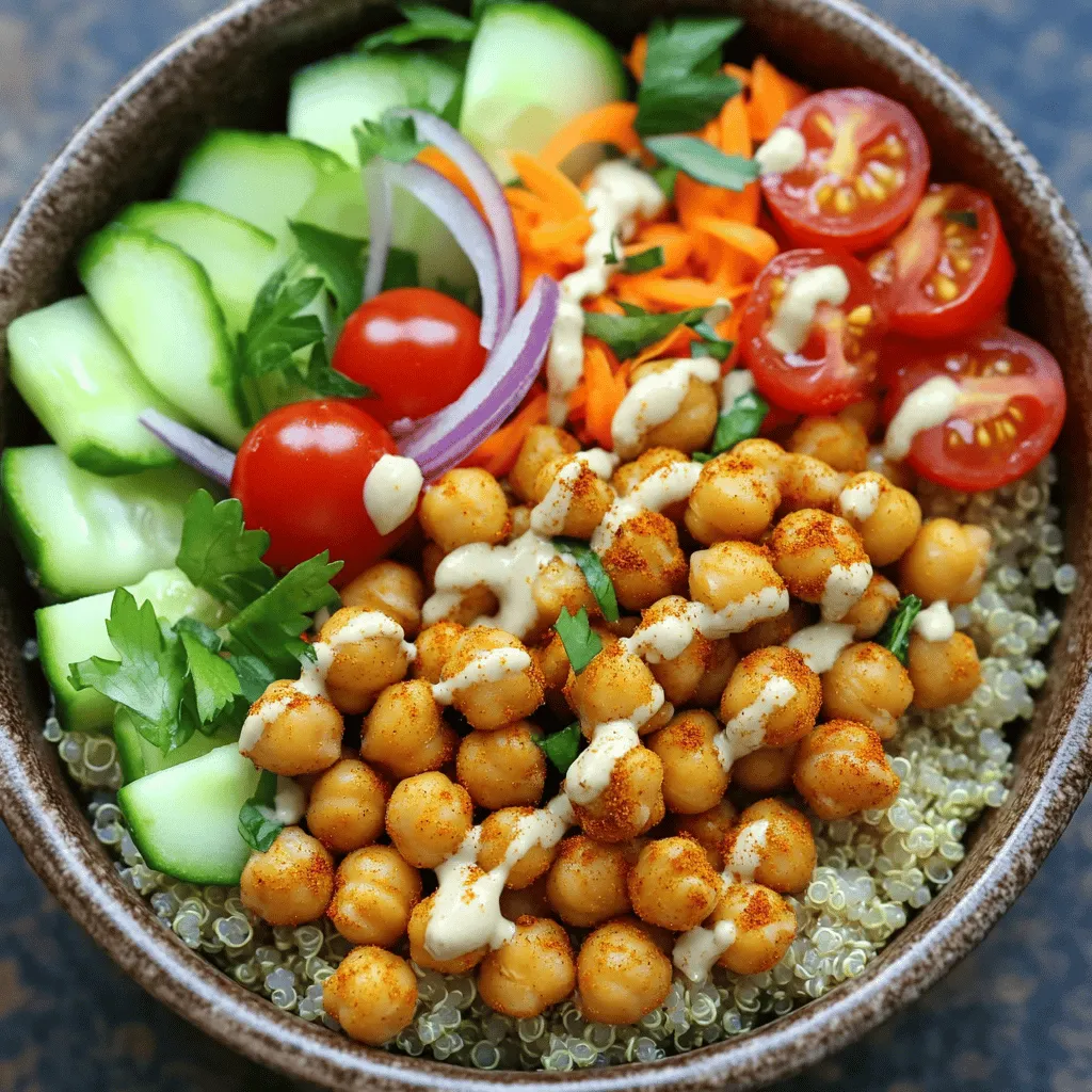 - 1 can (15 oz) chickpeas, rinsed and drained - 2 tablespoons extra virgin olive oil - 2 teaspoons ground cumin - 2 teaspoons smoked paprika - 1 teaspoon ground turmeric - ½ teaspoon ground cinnamon - ½ teaspoon cayenne pepper (or to preferred spice level) - Salt and freshly ground black pepper to taste - 1 cup cooked quinoa or brown rice - 1 cup cherry tomatoes, cut in half - 1 medium cucumber, diced into bite-sized pieces - 1 large carrot, shredded - ½ medium red onion, thinly sliced - 1 small bunch fresh parsley or cilantro, finely chopped - ½ cup tahini - 2 tablespoons freshly squeezed lemon juice - Water, as needed for dressing consistency I love using chickpeas as the star of this dish. They bring protein and fiber, which makes the meal filling. When you roast the chickpeas with spices, they gain a crunchy texture and a warm flavor. The spices, like cumin and smoked paprika, give life to the dish. I add quinoa or brown rice as a base. They provide a nice, chewy texture. You can also mix in other veggies for color and crunch. Cherry tomatoes and cucumbers are my favorites. They add freshness and balance the spices. To finish, I drizzle tahini dressing over the top. It’s creamy and tangy, which ties all the flavors together. I like to squeeze fresh lemon juice on top too. It brightens everything up and makes each bite special. For the full recipe, you can follow the steps to create your own Chickpea Shawarma Bowls. 1. Preheat your oven to 400°F (200°C). This step is key for roasting. 2. In a bowl, mix your rinsed chickpeas with olive oil, cumin, paprika, turmeric, cinnamon, cayenne, salt, and pepper. Toss well until every chickpea is coated. 3. Spread them on a baking sheet in a single layer. Roast for 25 to 30 minutes. Stir halfway through to get a crispy texture. 1. While the chickpeas roast, cook quinoa or brown rice as the package says. This will be the base of your bowl. Once cooked, set it aside to cool slightly. 1. Start with a generous scoop of quinoa or brown rice in each bowl. 2. Add your roasted chickpeas on top. Then layer in cherry tomatoes, cucumber, shredded carrot, and red onion. 3. Drizzle with tahini dressing. Use a spoon to evenly distribute it. 4. Top with fresh parsley or cilantro for a colorful finish. This method creates a vibrant, filling meal that pleases your taste buds and looks stunning. For the complete details, check out the Full Recipe. To get crispy chickpeas, start with dry chickpeas. Rinse and drain them well. Pat them dry with a towel. This step helps remove extra moisture. Next, toss them in olive oil and spices. Spread them out in a single layer on a baking sheet. Bake at 400°F for 25 to 30 minutes. Stir them halfway to get an even crisp. If you want extra crunch, roast them a bit longer. Remember, they will crisp up as they cool. A tahini dressing adds great flavor. You can change it up easily. Add garlic for a punchy taste. Mix in some herbs like dill or parsley for freshness. Want more zing? Try adding a splash of hot sauce or extra lemon juice. You can also mix in yogurt for creaminess. Adjust the water to get your desired thickness. A thicker sauce clings better to the chickpeas and veggies. Presentation makes a big difference. Use colorful bowls to make your meal pop. Layer the ingredients neatly for a beautiful display. Start with the quinoa or rice at the base. Add the chickpeas on top, then the veggies. Finish with the tahini drizzle. A sprinkle of fresh herbs adds a nice touch. You can also add lemon wedges for extra brightness. Serve your bowls warm for the best flavor. If you want a crunch, sprinkle some nuts or seeds on top. For a complete guide, check the Full Recipe. {{image_4}} You can add more protein to your Chickpea Shawarma Bowls. Tofu and tempeh work great. They soak up flavors well. Use firm tofu for a nice texture. Press it to remove extra moisture. Cut it into cubes and season like chickpeas. Roast until golden and crispy. Tempeh is another good choice. Slice it thin, marinate, and roast. This adds a nutty flavor and great crunch. Both options make your meal heartier. Rice and quinoa are common bases, but you can mix it up. Try farro for a chewy texture. It adds a nutty taste that pairs well with spices. Couscous is another quick option. It cooks fast and soaks up flavors nicely. For a gluten-free choice, use cauliflower rice. It adds volume and freshness to your bowl. Each grain gives a different experience, so feel free to experiment! Using seasonal veggies makes your bowls fresh and colorful. In spring, add asparagus or snap peas for crunch. Summer brings ripe tomatoes and sweet corn. Fall is perfect for roasted squash, which adds warmth. In winter, use hearty greens like kale or chard. They add nutrients and bold flavors. Adjust your ingredients as seasons change. This keeps your meals exciting and tasty. To keep your Chickpea Shawarma Bowls fresh, store leftovers in an airtight container. Place them in the fridge within two hours of serving. They last well for about three to four days. If you have leftover tahini dressing, store it separately. This keeps the grains and veggies crisp. You can freeze chickpeas and some other components. First, let the chickpeas cool completely. Spread them on a baking sheet in a single layer. Freeze them for about one hour until solid. Then, transfer them to a freezer bag. They can stay frozen for up to three months. For grains, cool them and place in a freezer-safe container. To reheat, I suggest using an oven or an air fryer. Preheat the oven to 350°F (175°C). Spread the chickpeas on a baking sheet and heat for about 10-15 minutes. This helps restore their crispy texture. If you're reheating grains, add a splash of water and cover to steam them. This keeps them moist and fluffy. Yes, you can prep this dish in advance. First, roast the chickpeas. Store them in an airtight container for up to three days. You can also cook the quinoa or rice ahead of time. Keep it in the fridge for the same amount of time. Chop the veggies, like cucumbers and carrots, a day before serving. This way, you save time on busy days. You can easily change the heat in this dish. Start with less cayenne pepper if you prefer mild flavors. Add a pinch and taste as you go. You can also include a bit of yogurt or sour cream on top. This will cool down the heat while adding creaminess. These bowls pair well with several side dishes. Consider serving a simple salad with greens. You can also add pita bread or flatbreads for a fun touch. Hummus makes a great dip to enjoy on the side. For a refreshing drink, try lemonade or mint tea. This blog post covered how to make delicious Chickpea Shawarma Bowls. We talked about key ingredients like chickpeas, olive oil, and spices. I shared steps for preparation, including roasting chickpeas and making the base. You learned tips for perfecting your dish, from crispy chickpeas to tasty dressings. We explored variations for added protein and grain choices. Finally, I outlined how to store and reheat leftover components. Enjoy creating these bowls and make them your own. You have the tools to make a nutritious, tasty meal. Dive in and savor every bite!
