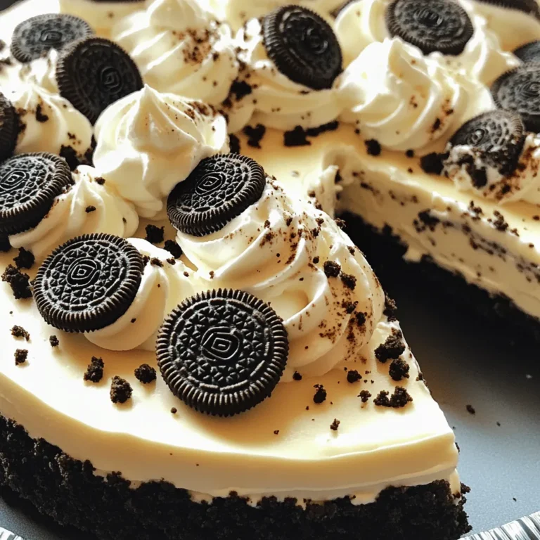 To make a tasty No-Bake Oreo Cheesecake, gather these items: - 24 Oreo cookies (plus extra for garnish) - 1/4 cup unsalted butter, melted - 16 oz cream cheese, softened - 1/2 cup granulated sugar - 1 teaspoon vanilla extract - 1 1/2 cups whipped cream (or Cool Whip) - 1/2 cup sour cream - 1/4 cup cocoa powder (optional) If you want dairy-free options, try using non-dairy cream cheese and coconut whipped cream. For gluten-free Oreos, look for brands that specify gluten-free on the package. This way, everyone can enjoy the cheesecake. When picking cream cheese, check for freshness. It should be smooth and not grainy. Choose a whipping cream that is high in fat. This helps give your cheesecake a rich taste and creamy texture. To start, take 24 Oreo cookies and place them in a food processor. Crush them into fine crumbs. This should take about a minute. Once you have your crumbs, pour in 1/4 cup of melted butter. Pulse the mixture again until it looks like damp sand. Next, grab a 9-inch springform pan. Transfer the crust mixture into the pan. Use your fingers or the bottom of a glass to press the crumbs down firmly. Make sure you create an even layer across the bottom. Now, place the pan in the fridge to chill while you work on the filling. For the filling, take 16 ounces of softened cream cheese and put it in a large bowl. Use an electric mixer and beat it for about 2 to 3 minutes. You want it to be creamy and fluffy. This step is key for a smooth texture. Next, add in 1/2 cup of granulated sugar and 1 teaspoon of vanilla extract. Mix until everything combines well and is smooth. This part sets the sweet and rich flavor of your cheesecake. Now, it’s time to fold in some whipped cream. Measure out 1 1/2 cups of whipped cream and gently add it to the cream cheese mixture. Use a spatula to fold it in carefully. This keeps the mixture light and airy. For extra Oreo goodness, take 4-5 more Oreos. Crush them coarsely and fold them into the mixture. This will add a nice texture. Once everything is combined, pour the filling over the chilled crust. Smooth the top with a spatula. Cover the springform pan with plastic wrap or aluminum foil. Place it in the fridge for at least 4 hours. If you can wait overnight, that’s even better! This chilling time helps the cheesecake set properly. When it's time to serve, remove the sides of the springform pan carefully. You can garnish the top with extra crushed Oreos for a pretty touch. Slice the cheesecake into wedges. Each slice looks and tastes amazing! For the full recipe, check out the complete instructions. To get the best texture, use room temperature ingredients. Cold cream cheese can make your filling lumpy. Leave it out for 30 minutes before mixing. This helps blend everything smoothly. To know when your cheesecake is set, look for a slight jiggle in the center. It should not be runny. After chilling, the edges will firm up while the center stays a bit soft. This is the perfect time to take it out. When serving, presentation matters. Top each slice with whipped cream for a pretty look. Add a mini Oreo on top for fun. Drizzle chocolate syrup around the plate to make it fancy. You can also pair this cheesecake with fruits like strawberries or raspberries. These add fresh flavor and color. A scoop of vanilla ice cream makes a great side as well. If your cheesecake cracks, don't worry. This can happen during cooling. To fix this, let it chill slowly. Avoid sudden temperature changes. For a smoother filling, mix well but do not overbeat. Overmixing can add air, leading to cracks. Make sure to fold in the whipped cream gently. This keeps it light and fluffy, giving you that perfect cheesecake. {{image_4}} You can have fun with different flavors for your no-bake Oreo cheesecake. Here are two tasty ideas: - Chocolate Oreo cheesecake: Add cocoa powder to the filling. This boosts the chocolate flavor and makes it richer. You can also mix in some melted chocolate for an extra treat. - Mint Oreo cheesecake: Use mint Oreos instead of regular ones. This gives your cheesecake a refreshing twist. Add a few drops of peppermint extract for an extra minty taste. If you have dietary needs, you can still enjoy this dessert. Here are some options: - Vegan no-bake Oreo cheesecake: Use vegan cream cheese and coconut whipped cream. Replace Oreos with vegan cookies. This way, you keep the creamy texture and great taste. - Sugar-free dessert options: Choose sugar-free Oreos and sugar substitutes like stevia or erythritol. This option is great for those watching their sugar intake. You can also use different cookies if you want. Here’s how: - Substituting with other cookies: Try using chocolate chip cookies, graham crackers, or even peanut butter cookies. Each option gives a unique taste and texture. - Pros and cons of using alternatives: Substituting cookies can change the flavor. Some may crumble more, while others can add a nice crunch. Make sure to choose cookies that blend well with the cheesecake filling. This recipe allows for many creative twists. Check out the Full Recipe for more details and tips to make your dessert shine! To keep your no-bake Oreo cheesecake fresh, store it in the fridge. Use an airtight container to prevent it from absorbing other flavors. If you want to keep it longer, cover it tightly with plastic wrap. - Leftovers: Place any leftover cheesecake in a container. Make sure the lid fits snugly. - Recommended containers: A glass or plastic container with a good seal works best. You can freeze your no-bake cheesecake for later enjoyment. This dessert freezes well, but it’s best to freeze it whole. - How to freeze: Wrap the cheesecake in plastic wrap. Then, place it in a freezer-safe container or bag. - Thawing instructions: When you're ready to eat it, take it out of the freezer. Move it to the fridge to thaw overnight. This helps keep the texture nice and creamy. Knowing how long your ingredients last helps you stay safe. Cream cheese and whipped cream have different shelf lives. - Durability: Cream cheese can last about 2 weeks in the fridge. Whipped cream lasts about a week once opened. - Cheesecake freshness: Your no-bake Oreo cheesecake stays fresh for about 5 days in the fridge. Enjoy it within that time for the best taste! Yes, you can use reduced-fat cream cheese in this recipe. It makes the cheesecake lighter. However, the texture may not be as rich. Reduced-fat cream cheese can make the filling a bit softer. If you want a firmer cheesecake, stick with full-fat cream cheese. You can keep the cheesecake in the fridge for up to five days. Make sure to cover it well. This helps prevent it from absorbing other smells. If you notice it getting watery, that's normal, just gently pat it dry before serving. Absolutely! You can make this cheesecake a day or two ahead of your event. Just be sure to let it chill for at least four hours. This gives it time to set. Planning ahead helps reduce stress on the big day. No, it's not necessary to use a springform pan. You can use a regular cake pan instead. Just line the bottom with parchment paper. This makes removal easier. If you use a regular pan, chill it longer for best results. If you don't have whipped cream, you can use Greek yogurt. It adds a nice tang. Another option is to use Cool Whip. For a dairy-free choice, try coconut whipped cream. Just make sure it’s stable enough for the cheesecake. For the full recipe, check out the Full Recipe section! This blog post detailed how to make a delicious no-bake Oreo cheesecake. We covered every step, from choosing top-notch ingredients to making your crust and filling. Remember to use room-temperature items for the best texture. You can also try fun variations, like mint or vegan options. Store leftovers properly to enjoy them later. Following these tips will help you create a cheesecake that impresses everyone. Enjoy your baking journey, and let creativity lead the way!