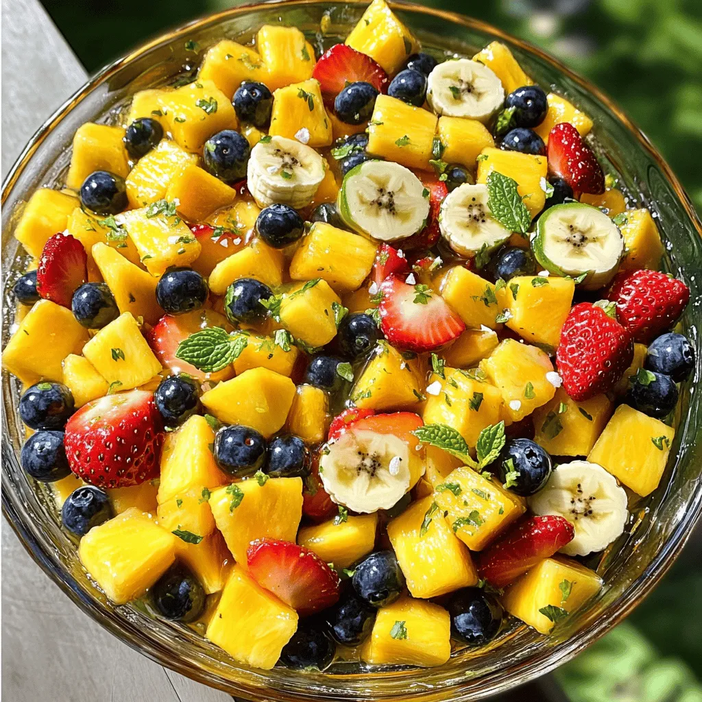 - Pineapple - Mango - Papaya - Strawberries - Blueberries - Banana - Lime Juice - Honey or Agave Syrup - Fresh Mint Leaves - Sea Salt To make a delicious tropical fruit salad, I recommend using the following amounts for six servings: - 1 ripe pineapple, diced into bite-sized chunks - 2 ripe mangoes, diced into bite-sized pieces - 1 papaya, peeled, seeded, and diced - 1 cup strawberries, hulled and halved - 1 cup fresh blueberries - 1 banana, sliced into thin rounds - Juice of 2 fresh limes - 2 tablespoons honey or agave syrup (to taste) - 1/4 cup fresh mint leaves, finely chopped - A pinch of sea salt Using these fresh ingredients makes the salad taste amazing. You can adjust the amounts based on your taste and what you love! For a full recipe, check out the details above. To start, cut your fruits into uniform pieces. This makes each bite enjoyable. I like to use a sharp knife for clean cuts. Aim for small chunks, about one inch. This helps the flavors mix well. Freshness is key for this salad. Choose ripe fruits that smell sweet. They will taste better and add more color. In a big bowl, add all your diced fruits. Gently fold them together. Use a spatula to avoid bruising the fruit. This keeps the salad looking nice and fresh. Mixing should be light and careful. You want the fruits to stay whole and vibrant. The goal is to blend flavors without crushing the fruits. Now, let’s make the lime dressing. In a small bowl, whisk the lime juice with honey or agave syrup. This gives a sweet and tangy flavor. Pour the dressing over the fruit salad. Toss everything gently to coat. Make sure each piece gets some dressing. This will enhance the taste of each fruit. To boost the taste of your tropical fruit salad, try layering flavors. Use ripe fruits for the best taste. Mix fruits that have similar sweetness levels. This creates a balanced flavor. Let your salad rest for about 10 minutes. This resting time allows the flavors to blend. You will notice a richer taste in every bite. For gatherings, serve your salad in a large, clear bowl. The vibrant colors will catch everyone's eye. You can also use individual cups for a fun touch. Top each cup with a mint leaf for a fresh look. This small detail adds a pop of color and a hint of flavor. Keeping fruits fresh and firm is key. Choose fruits that are just ripe. Avoid overripe fruits, as they can get mushy. When mixing, gently fold the fruits together. This prevents bruising and keeps them intact. If you follow these tips, your fruit salad will be a crisp delight. For the full recipe, check out the Tropical Paradise Fruit Salad. {{image_4}} You can change your tropical fruit salad with different fruits. Try adding kiwi or passion fruit for a twist. Seasonal fruits keep the salad fresh and exciting. Always pick fruits that are ripe and in season. This way, your salad tastes better and is more colorful. If you want a vegan option, skip the honey and use agave syrup. This keeps the salad sweet and plant-based. For a paleo-friendly version, replace honey with pure maple syrup. You can also reduce sugar by cutting down on sweeteners. Fresh fruits are already sweet, so you might not need much. Get creative and make tropical fruit skewers. Simply thread pieces of fruit onto skewers for fun finger food. This works well for parties or picnics! You can also blend the salad into a smoothie bowl. Just mix the fruits with yogurt or almond milk. Top it with granola and nuts for extra crunch. Try these variations to make your tropical fruit salad unique and delightful! For the full recipe, check the link above. To keep your tropical fruit salad fresh, store any leftovers in the fridge. Use an airtight container to lock in moisture and flavors. The salad stays good for about 2 to 3 days if stored properly. However, the fruits may lose some of their crunch over time. You can freeze many tropical fruits for later use. Cut fruits like mango and pineapple freeze well. Spread them out on a baking sheet first. This prevents them from sticking together. Once frozen, transfer them to a freezer-safe bag. To use frozen fruit, simply thaw it in the fridge overnight. You can also add them directly to smoothies. For cut fruits, use glass or plastic containers with lids. This keeps them fresh and safe. To avoid browning, sprinkle a bit of lime juice on apples and bananas. This simple trick slows down oxidation. You can use many fruits in a tropical fruit salad. Here are some great options: - Pineapple - Mango - Papaya - Strawberries - Blueberries - Banana Feel free to mix and match! You can add melon, kiwi, or even passion fruit. Each fruit brings its own flavor and texture. For a fun twist, try using star fruit or dragon fruit for a vibrant look. Yes, you can prepare this salad ahead of time. To keep it fresh, follow these tips: - Cut the fruits just before serving if possible. - If you must prepare early, keep fruits like bananas and apples separate. - Store the fruit in an airtight container in the fridge. This will help maintain flavor and texture. Add the dressing right before serving to keep everything crisp. Preventing browning is easy! Here are some methods: - Squeeze lime or lemon juice on cut fruits. The acid slows down browning. - Soak fruits in a mixture of water and vinegar for a few minutes. - Use products like Fruit Fresh, which are designed to keep fruits fresh. These tips help your salad look and taste great. Enjoy your Tropical Paradise Fruit Salad! For the full recipe, check out my detailed instructions above. This blog post outlined how to make a tasty tropical fruit salad. We covered the best fruits, additional ingredients, and measurement guides. The step-by-step instructions helped you prepare and mix without bruising the fruits. Tips to enhance flavor and presentation made this salad special. We discussed variations for every season and dietary need. Finally, storage methods keep your salad fresh and delicious. Now, you’re ready to impress with a fresh and vibrant fruit salad!