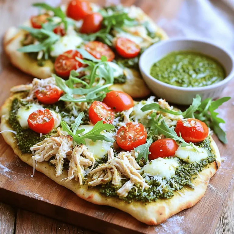 - Flatbreads: You can use store-bought or make your own at home. - Chicken: Use shredded, cooked chicken. Leftovers work great too. - Pesto Sauce: Choose store-bought for speed or make homemade for freshness. - Toppings: Use cherry tomatoes, mozzarella cheese, arugula, or your favorites. - Seasoning: Add salt, pepper, and optional Parmesan cheese for extra flavor. For this Pesto Chicken Flatbread, the right ingredients make all the difference. Flatbreads create a perfect base for our tasty toppings. Shredded chicken adds protein and keeps it hearty. Pesto sauce brings a burst of flavor, whether you buy it or whip it up yourself. When picking toppings, think about color and texture. Cherry tomatoes add sweetness and a nice pop. Fresh mozzarella melts beautifully and gives that classic taste. Arugula adds a peppery touch and makes the dish look fresh. Seasoning is key. A pinch of salt and pepper can enhance all the flavors. If you want to impress, sprinkle some shaved Parmesan cheese on top. It adds a rich, nutty taste that pairs well with everything. For the full recipe, check out the step-by-step guide to create this delightful dish! Preheating the Oven: Preheat your oven to 400°F (200°C). This temperature helps the flatbread cook evenly. A hot oven gives a nice crisp to the edges. Preparing the Flatbreads: Lay your flatbreads on a baking sheet. Use a brush to apply olive oil. A light coat of oil makes the flatbreads crispy and golden. Make sure you cover the entire surface for best results. Layering Ingredients: Spread the pesto sauce generously over each flatbread. Leave a small border at the edges. This helps form a crust. Next, add the shredded chicken evenly on top. You want every bite to have chicken. After the chicken, add the halved cherry tomatoes. Lastly, sprinkle shredded mozzarella cheese evenly over everything. Timing and Temperature Adjustments: Slide the baking sheet into your preheated oven. Bake for about 12 to 15 minutes. Look for bubbling cheese and golden edges to know it’s done. Visual Cues: Keep an eye on the flatbreads. You want the cheese to be gooey and the edges golden brown. These signs mean your flatbread is ready to come out. Adding Arugula: Once you remove the flatbreads from the oven, add fresh arugula. This adds a peppery flavor and bright color. If you like, sprinkle shaved Parmesan cheese on top for extra flavor. Slicing and Serving: Let the flatbreads cool for a minute. Then, slice them into wedges. Serve them warm for the best taste. A rustic wooden board makes a nice presentation. You can even add a small bowl of extra pesto for dipping. Enjoy your Pesto Chicken Flatbread! To get the best texture for your flatbread, focus on the edges. Apply olive oil with a brush. This helps create a golden, crispy finish. Bake at 400°F (200°C) for 12-15 minutes. Watch for bubbling cheese and browned edges. This signals your flatbread is ready! For added flavor, think about toppings. You can try sliced olives or roasted red peppers. Fresh basil or spinach can brighten your dish. Experiment with different cheeses like goat cheese or feta. Each choice adds a unique twist to your flatbread. You will need a few essential tools for this recipe. A baking sheet is key for even cooking. A basting brush helps apply oil smoothly. A sharp knife is best for slicing the flatbreads after baking. Consider helpful gadgets like a pizza cutter for easy slicing. A food processor can quickly make homemade pesto. If you have a silicone baking mat, it can aid with sticking. These tools simplify the cooking process and make it fun! {{image_4}} You can make this pesto chicken flatbread your own by swapping ingredients. - Protein Options: If you want a twist, use turkey or even chickpeas. Both add nice flavors. You can also use roasted veggies for a lighter touch. Think bell peppers or zucchini for a great taste. - Pesto Alternatives: Don’t worry if you lack pesto. Try a sun-dried tomato spread or a spinach dip. Each option gives a new flavor to your flatbread. Making this dish fit different diets is simple. - Gluten-Free Flatbreads: To make a gluten-free version, use gluten-free flatbreads. Many stores have good options. Just check the label to ensure they meet your needs. - Vegan Adjustments: For a vegan flatbread, swap out the chicken for jackfruit or tofu. Use a plant-based cheese or skip the cheese altogether. You can also make a tasty vegan pesto with nuts and herbs. With these swaps, everyone can enjoy this dish! For the full recipe, check the section above. To keep your pesto chicken flatbread fresh, store it right. Wrap the flatbread tightly in plastic wrap or foil. This step helps prevent it from drying out. You can also place it in an airtight container. If you have more than one flatbread, stack them with parchment paper between each layer. This method keeps them from sticking together. Refrigeration vs Freezing: Pros and cons Refrigeration is easy. Leftovers last about 3 days in the fridge. Freezing is another option. You can freeze flatbreads for up to 2 months. However, freezing may change the texture. When you thaw it, it might not be as crispy. Choose based on when you plan to eat them. When it’s time to eat your leftovers, reheating options include the oven or microwave. The oven is the better choice for keeping the flatbread crispy. Preheat the oven to 375°F (190°C) and bake for about 10 minutes. Check for a crispy texture and heated cheese. Options for Reheating: Oven vs. microwave comparisons The microwave is quick but may make the flatbread soggy. If you use a microwave, heat for only 30 seconds. Then, check if it needs more time. If you want warmth without losing crispiness, the oven is the way to go. Tips for Maintaining Texture: Keeping the flatbread crispy To keep the flatbread crispy, avoid covering it while reheating. You can also place it on a baking sheet instead of a plate. This method allows air to circulate. Enjoy your pesto chicken flatbread just as delicious as the first time! How long does it take to make pesto chicken flatbread? It takes about 25 minutes from start to finish. You need 10 minutes to prep and 15 minutes to bake. This fast time makes it perfect for a quick meal. Can I use frozen flatbreads? Yes, you can use frozen flatbreads. Just thaw them before you start. This way, they will bake evenly and get crispy. What can I serve with my pesto chicken flatbread? You can serve it with a simple salad or some fresh fruit. A side of extra pesto for dipping also works great. Can I prepare this in advance? You can prep the flatbreads ahead of time. Just assemble them and store them in the fridge. Bake them right before serving for the best taste. How to adjust cooking time for different ovens? Every oven is different. Check your flatbreads a few minutes early. If they look golden and bubbly, it’s time to take them out. Is there a way to make this dish healthier? Yes! Use whole-grain flatbreads and lean chicken. You can also load up on veggies like spinach or bell peppers. What type of chicken works best? Shredded rotisserie chicken works great. It’s already cooked and adds flavor. You can also use grilled chicken breast if you prefer. How to make homemade pesto sauce? To make pesto, blend fresh basil, garlic, nuts, Parmesan, and olive oil. It’s easy and tastes fresh! Can I replicate this recipe with other types of bread? Absolutely! You can use naan, pita, or even English muffins. Just adjust the baking time based on the bread you choose. In this post, I explored how to make delicious pesto chicken flatbreads. We covered key ingredients, prep steps, and baking tips. I also shared ideas for variations and storage methods. Now, you have all you need to create tasty flatbreads at home. Remember, cooking is fun! Experiment with flavors and enjoy this easy meal. Happy cooking!