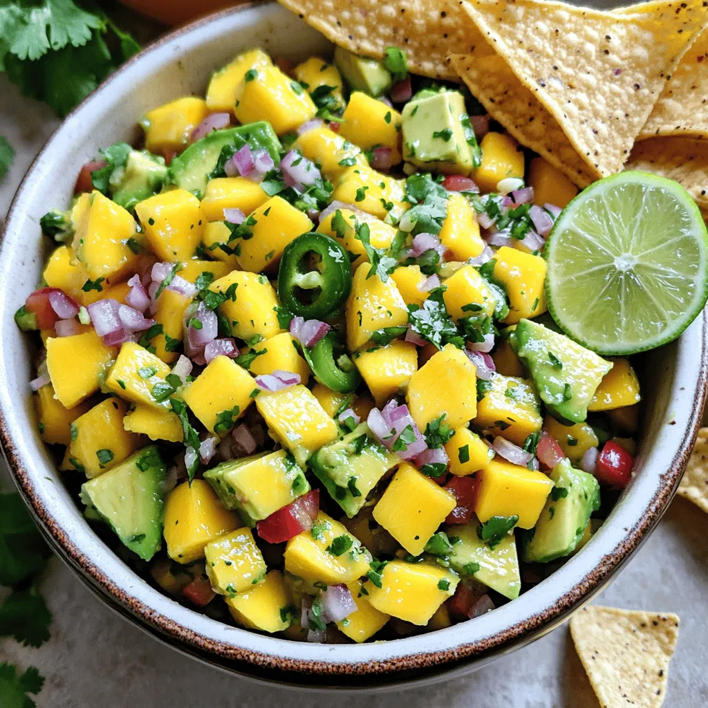- 1 ripe mango, diced - 2 ripe avocados, diced - 1 small red onion, finely chopped - 1 sweet red bell pepper, diced - 1 jalapeño, minced - 1/4 cup fresh cilantro, chopped - Juice of 2 limes - 1 tablespoon extra virgin olive oil - Salt and black pepper to taste How to choose the perfect mango Look for a mango that feels slightly soft when you press it. The skin should have a nice golden hue. A ripe mango smells sweet at the stem end. Choosing the best avocados Pick avocados that yield to gentle pressure. The skin should be dark green or black, depending on the variety. Avoid hard or overly mushy avocados. Signs of a fresh jalapeño A fresh jalapeño should be firm and glossy. Look for bright green skin without wrinkles. A fresh pepper has a crisp feel and a spicy aroma. These tips will help you find the best ingredients for your salsa. Fresh produce makes your dish more vibrant and tasty. For the full recipe, check the details above. - Start by washing all your fresh produce. - Dice the ripe mango into small cubes. - Carefully cut the avocados into bite-sized pieces. - Finely chop the red onion for sharp flavor. - Dice the red bell pepper for sweetness. - Mince the jalapeño, adjusting to your heat preference. Next, in a large mixing bowl, combine the diced mango, avocado, chopped onion, red bell pepper, and minced jalapeño. Gently fold in the chopped cilantro, spreading the fresh herb throughout. Squeeze the juice of two fresh limes over the mix, along with a tablespoon of olive oil. This adds richness. Use a spatula to carefully toss the ingredients. Keep the avocado pieces intact to maintain texture. Season the salsa with salt and freshly cracked black pepper, mixing lightly to combine. Resting time is key for great flavor. Let the salsa sit for about 10 minutes at room temperature. This duration allows the ingredients to blend and the flavors to develop. When you let the salsa rest, the lime juice and olive oil soak in. This process enhances the taste and makes every bite burst with flavor. Enjoy this fresh, vibrant dish as a wonderful side or topping. For the full recipe, check out the details above. - How to keep avocados from browning: To stop avocados from turning brown, use lime juice. The acid in lime juice slows oxidation. Squeeze fresh lime juice right after cutting the avocado. Mix it in well to cover all the flesh. You can also store the salsa in an airtight container to keep it fresh longer. - Using lime juice effectively: Lime juice brightens the flavors in your salsa. Use freshly squeezed lime juice rather than bottled juice. It tastes better and adds a nice zing. Aim for about two limes for this recipe. Adjust based on your taste! - Importance of ingredient proportions: Balance is key to great salsa. Use equal parts of mango and avocado for a good mix. Too much onion can overpower the other flavors. Keep the jalapeño mild if you prefer less heat. Taste as you go, and adjust the ingredients to suit your own palate. - Pairing with tortilla chips: Serve your mango avocado salsa with crispy tortilla chips. The crunch of the chips pairs well with the smoothness of the salsa. It makes for a perfect snack or appetizer at parties. - Using as a topping for grilled meats: This salsa works great as a topping for grilled chicken or fish. The sweet and spicy flavors complement the meat beautifully. Just spoon it on right before serving for the best taste. - Incorporating into tacos or burritos: Use this salsa to add freshness to tacos or burritos. It enhances your meal with vibrant flavors. Just add a scoop in your taco or wrap it up in a burrito, and enjoy! For the full recipe, check out the complete method to create this delicious dish. {{image_4}} You can make mango avocado salsa even better with new flavors. Try adding tropical fruits like pineapple or papaya. These fruits bring a sweet twist and a fun texture. You can also mix in fresh herbs like mint or basil. These herbs give a fresh taste that brightens the salsa. Want more heat? You can swap out the jalapeño for a serrano or habanero pepper. These peppers can make your salsa spicy and exciting. Just remember to taste as you go! Making mango avocado salsa fit your diet is easy. If you're vegan, this recipe is already perfect. It has no animal products and is full of healthy fats. If you need a low-sodium option, skip the added salt. The fresh lime juice and other ingredients give plenty of flavor. For those with allergies, check each ingredient. You can always swap out foods that cause issues for you. This salsa is a versatile dish that everyone can enjoy. Try these ideas to make it your own! For the full recipe, check out the [Full Recipe]. To keep your mango avocado salsa fresh, put it in the fridge. Use an airtight container. This helps prevent the salsa from browning. The salsa stays good for about 2 to 3 days in the fridge. If you see browning, it’s best to toss it. Yes, you can freeze mango avocado salsa! However, know that the texture might change. For best results, freeze it without the avocado. This keeps the salsa tasting fresh. When you're ready to use it, transfer it to the fridge for a slow thaw. To freeze, use a freezer-safe container. Leave some space at the top for expansion. You can also use freezer bags. Squeeze out the air before sealing. When thawing, avoid using a microwave. This can make the salsa mushy. Instead, let it sit in the fridge overnight. Once thawed, mix it well before serving. If it seems dry, add a splash of lime juice for extra flavor. Enjoy your mango avocado salsa fresh and flavorful! How long does mango avocado salsa last? Mango avocado salsa lasts about 2 to 3 days in the fridge. To keep it fresh, store it in an airtight container. The avocado may brown, but it will still taste good. Can I make salsa ahead of time? You can make salsa ahead of time. Just prepare it a few hours before serving. This allows the flavors to mix well. If you make it too early, the avocado may brown. What can I substitute for cilantro? If you dislike cilantro, you can use parsley instead. Parsley adds a fresh taste without the strong flavor of cilantro. Green onions or basil are also good options. What are the health benefits of mangoes and avocados? Mangoes are high in vitamins A and C. They support your immune system and promote healthy skin. Avocados contain healthy fats and fiber. They help with digestion and heart health. Is mango avocado salsa good for meal prep? Yes, mango avocado salsa is great for meal prep. It adds flavor to many meals. Use it on tacos, salads, or grilled meats for a fresh twist. Can I use canned ingredients instead of fresh? You can use canned ingredients, but fresh tastes better. Canned mango or avocado may change the texture. If you must use canned, pick options with no added sugar or salt. Mango avocado salsa is fresh, tasty, and easy to make. We covered how to choose ripe ingredients, prepare them, and enhance flavors. Remember to rest your salsa for the best taste. You can adjust it to fit your diet or add new ingredients. Store leftovers properly to enjoy later. This salsa pairs well with many dishes and adds great flavor. Enjoy your cooking and try new flavor combinations!