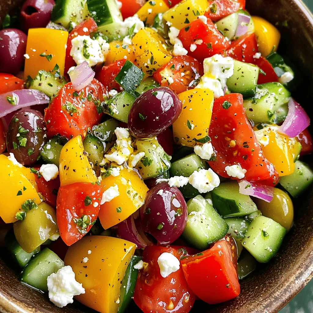 - 3 medium ripe tomatoes, diced into bite-sized pieces - 1 medium cucumber, peeled and diced - 1 bell pepper (choose your favorite color), diced - 1 small red onion, thinly sliced Fresh produce is key for a great Greek salad. Tomatoes bring juiciness and sweetness. Cucumbers add a nice crunch. Bell peppers give color and flavor. Red onion adds a sharp bite. Selecting ripe and fresh vegetables ensures your salad shines. - 100g feta cheese, crumbled into small pieces - 100g Kalamata olives, pitted and halved Feta cheese is a must for Greek salad. It adds creaminess and tang. Choose high-quality feta for the best taste. Kalamata olives bring a briny flavor. They add richness and depth. Both ingredients make the salad feel authentic. - 2 tablespoons extra virgin olive oil - 1 tablespoon red wine vinegar (or substitute with apple cider vinegar) - 1 teaspoon dried oregano - Sea salt and freshly cracked black pepper to taste The dressing ties everything together. Extra virgin olive oil adds smoothness. Red wine vinegar gives a nice zing. Dried oregano adds an earthy note. Don’t forget salt and pepper to enhance the flavors. For a full recipe, check out the Mediterranean Bliss Greek Salad. Start by washing all your fresh produce. For the tomatoes, cut them into bite-sized pieces. Aim for about one-inch chunks. Next, peel the cucumber. Slice it in half lengthwise, then dice it into half-inch pieces. For the bell pepper, remove the seeds and stem. Dice it into small squares, similar in size to the cucumber. Lastly, take the red onion. Slice it thinly to add a nice crunch and flavor. In a large mixing bowl, combine your diced tomatoes, cucumber, bell pepper, and red onion. Gently mix these vegetables together. This way, you ensure all flavors blend well. Next, fold in the crumbled feta cheese. Be careful not to break the feta too much. Add the halved Kalamata olives to the bowl, and mix them in gently. In a separate small bowl, whisk together the extra virgin olive oil and red wine vinegar. Add the dried oregano and a pinch of sea salt. Whisk until everything blends smoothly. The dressing should look thick and creamy. This step helps create an emulsified dressing that clings to your salad well. Now, drizzle your dressing over the salad mixture. Using a spatula, toss the ingredients together gently. Make sure the dressing coats all the veggies and feta evenly. This helps each bite burst with flavor. Before serving, taste your salad. You might want to add a bit more salt, pepper, or vinegar based on your preference. If you let the salad sit for about 10 minutes, the flavors will mix better. Finally, sprinkle finely chopped parsley on top for a fresh look. You can find the full recipe here: Full Recipe. To make your Greek salad pop with flavor, marinate the veggies. Toss them with a bit of salt and let them sit for 10 minutes. This step draws out their juices and enhances the taste. You can also add a splash of vinegar to the mix for extra zing. Allowing the salad to rest is key. After you toss it, let it sit for 10 minutes. This time helps the flavors blend nicely. The longer it rests, the better it tastes! Serving style matters. Use a large, shallow dish to display your salad. This allows the colors to shine through. You can also serve it in individual bowls for a personal touch. Garnishing adds flair. Sprinkle fresh parsley on top for color and aroma. You can also add a few whole Kalamata olives around the edge. These simple touches make your salad look gourmet. Avoid overmixing your salad. Gently toss the ingredients to keep the feta intact. Too much mixing can turn your salad into mush. Watch your dressing proportions. Use the right amount of oil and vinegar for balance. If you add too much oil, the salad becomes greasy. For a perfect mix, follow the Full Recipe closely. {{image_4}} You can easily change your Greek salad by adding protein. Grilled chicken adds heartiness. Shrimp gives a nice seafood twist. Both options make the salad more filling. You might also try different cheese. Feta is traditional, but you could use goat cheese for a tangy flavor. Mozzarella gives a creamier texture. Each cheese adds its unique taste to the salad. If you want a vegan version, skip the cheese and add chickpeas. They provide protein and a nice texture. Use a vegan dressing made of olive oil and lemon juice. For gluten-free diets, this salad is already safe. Just ensure all your ingredients are certified gluten-free. It’s a perfect option for those who need to avoid gluten. Using seasonal produce makes your Greek salad even better. In summer, ripe tomatoes taste amazing. In fall, try adding roasted squash for a warm touch. Winter greens like kale can also work well. Freshness makes a big difference in taste! To keep your Easy Greek Salad fresh in the fridge, follow these steps: - Use an airtight container: This keeps air out and moisture in. - Store without dressing: Keep the dressing separate until you serve to prevent sogginess. - Keep veggies crisp: Layer the ingredients carefully to avoid bruising. These simple tips help preserve the salad’s crunch and flavor. For long-term storage, it's best to store the dressing separately. Here’s how: - Use a small jar: Pour your dressing into a small, sealed jar. - Refrigerate the dressing: This keeps it fresh for a week or more. - Shake before use: Always give it a shake before you pour. Storing dressing apart ensures your salad tastes bright and fresh. Leftovers from your Easy Greek Salad can be enjoyed, but timing is key. Here’s what to know: - Consume within 3 days: For the best taste and quality, eat leftovers within three days. - Check for signs of spoilage: Look for off smells or slimy vegetables. - Revive flavors: If the salad loses some taste, add a squeeze of lemon or a dash of salt. Sticking to these guidelines keeps your salad enjoyable and safe to eat. Greek salad, or Horiatiki, comes from Greece. It is a classic dish that reflects the Mediterranean lifestyle. Traditionally, it includes fresh, local ingredients. You will find tomatoes, cucumbers, bell peppers, red onions, olives, and feta cheese in every bowl. The salad is simple but packed with flavor. It showcases the beauty of Greek cuisine and its focus on fresh, seasonal produce. Yes, you can make Greek salad ahead of time. Just prepare the vegetables and feta cheese. Store them separately in the fridge until you are ready to serve. This helps keep the veggies crisp. Mix the dressing in a small bowl. Dress the salad right before serving to keep it fresh. If you prepare it this way, the flavors will still shine. Serve Greek salad chilled or at room temperature. Use a large, shallow dish or individual bowls. It pairs well with grilled meats or fish. You can also enjoy it with pita bread and hummus. For a touch of flair, drizzle more olive oil on top. Add a few extra olives for decoration. This makes for a beautiful presentation. Absolutely! The Mediterranean Bliss Greek Salad is great for meal prep. Prepare it in batches and store it in airtight containers. Keep the dressing separate to maintain freshness. This way, you can enjoy it throughout the week. Just dress the salad before each meal. That keeps the veggies crisp and tasty. You can easily modify this recipe. For a vegan version, skip the feta cheese. Instead, use avocado or a vegan cheese alternative. If you're gluten-free, this salad is already safe. You can add protein like grilled chicken or chickpeas for extra sustenance. Adjust the ingredients to fit your taste and dietary needs. This salad is flexible and fun to make! This blog post covers how to make a delicious Greek salad. We reviewed the needed ingredients, from fresh veggies to feta cheese. I shared step-by-step instructions for preparation and mixing. You'll find tips for enhancing flavor and presentation. Variations for different diets and seasons were also mentioned. In conclusion, Greek salad is versatile and easy to customize. With these steps, you can enjoy a fresh, tasty meal that fits your needs. Dive into making your salad and enjoy the vibrant flavors!
