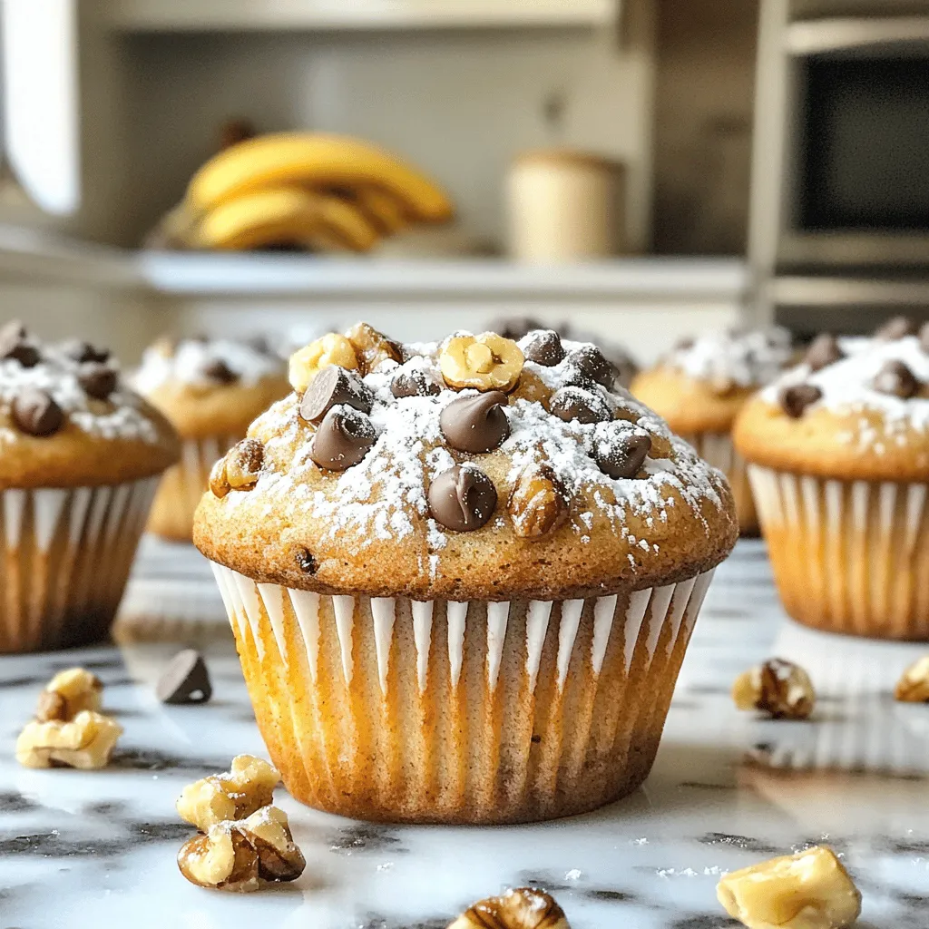 To make these tasty chocolate chip banana bread muffins, gather these simple ingredients: - 3 ripe bananas, thoroughly mashed - 1/2 cup granulated sugar - 1/4 cup brown sugar, firmly packed - 1/3 cup unsalted butter, melted and slightly cooled - 1 large egg, at room temperature - 1 teaspoon vanilla extract - 1 teaspoon baking soda - 1/4 teaspoon salt - 1 teaspoon ground cinnamon - 1 1/2 cups all-purpose flour - 1 cup semi-sweet chocolate chips - 1/2 cup chopped walnuts (optional, for added crunch) Using the right amounts matters! Here’s a quick guide for measuring: - Bananas: Use ripe ones for natural sweetness. - Sugars: Granulated sugar is your base, while brown sugar adds moisture. - Butter: Melt it but let it cool a bit so it won’t cook the egg. - Flour: Spoon it into your cup and level it off for accuracy. You can swap some ingredients for different flavors or dietary needs: - Butter: Use coconut oil for a dairy-free option. - Sugar: Try honey or maple syrup for a natural sweetener. - Flour: Use whole wheat flour for more fiber. - Nuts: Feel free to skip walnuts or use pecans instead. For the full recipe, check the [Full Recipe]. First, gather your ingredients. You will need: - 3 ripe bananas, thoroughly mashed - 1/2 cup granulated sugar - 1/4 cup brown sugar, firmly packed - 1/3 cup unsalted butter, melted and slightly cooled - 1 large egg, at room temperature - 1 teaspoon vanilla extract - 1 teaspoon baking soda - 1/4 teaspoon salt - 1 teaspoon ground cinnamon - 1 1/2 cups all-purpose flour - 1 cup semi-sweet chocolate chips - 1/2 cup chopped walnuts (optional, for added crunch) Next, preheat your oven to 350°F (175°C). Prepare a muffin tin by lining it with paper liners or greasing it with cooking spray. This keeps the muffins from sticking. In a large bowl, mash the bananas well. Then, add the granulated sugar, brown sugar, and melted butter. Mix until smooth and creamy. Now, crack the egg into the bowl. Add the vanilla extract, and whisk until everything is mixed well. Sprinkle the baking soda, salt, and ground cinnamon over the banana mix. Stir gently to combine. Gradually sift in the all-purpose flour. Mix lightly with a spatula until just combined. Be careful not to over-mix, or your muffins may turn out dense. Finally, fold in the chocolate chips and walnuts, if using. This adds great texture and flavor to the muffins. Now, divide your batter evenly among the muffin tin cups. Fill each cup about two-thirds full. This allows the muffins to rise nicely. Place the muffin tin in the oven. Bake for 18-20 minutes. You will know they are done when a toothpick inserted into the center comes out clean or with a few moist crumbs. Once baked, take the muffins out of the oven. Let them cool in the tin for about 5 minutes. After that, carefully transfer them to a wire rack to cool completely. For an extra touch, serve the muffins warm. Lightly dust them with powdered sugar. You can also add a few extra chocolate chips on top. Pair them with coffee or tea for a delightful treat. For the full recipe, check out the Choco-Banana Bliss Muffins! To get soft and fluffy muffins, follow a few key steps. Use ripe bananas; they add natural sweetness and moisture. Mash them well, leaving no lumps. This helps blend the flavors. Don't over-mix the batter. Stir just until the flour disappears. Over-mixing can lead to tough muffins. When adding chocolate chips, fold them in gently. This keeps them evenly spread without breaking apart. A few common mistakes can ruin your muffins. First, check your oven temperature. An oven that is too hot can burn the muffins. Use an oven thermometer if needed. Avoid using cold ingredients. Always let your egg and butter come to room temperature. This helps your muffins rise better. Also, remember to fill your muffin cups only 2/3 full. This allows room for rising. These muffins are great on their own. For a special touch, serve them warm. Dust them with powdered sugar, and add extra chocolate chips on top. Pair them with coffee or tea for a cozy treat. You can also enjoy them with a dollop of yogurt or a scoop of ice cream. These options add a fun twist to your muffin experience. For the full recipe, check out the [Full Recipe]. {{image_4}} You can make these muffins gluten-free. Use a gluten-free flour blend instead of all-purpose flour. Many blends work well, like almond or coconut flour. Always check the package to ensure it is gluten-free. This option keeps the muffins soft and tasty while being safe for those with gluten issues. For a vegan version, swap the egg with a flax egg. To make a flax egg, mix 1 tablespoon of ground flaxseed with 2.5 tablespoons of water. Let it sit for 5 minutes until it thickens. Use coconut oil or vegan butter in place of regular butter. Also, choose dairy-free chocolate chips to keep it all plant-based. Want to boost nutrition? Add nuts like walnuts or pecans for crunch and healthy fats. You can also mix in ground flaxseed for extra fiber. This addition makes the muffins heartier and adds a nutty flavor. Just fold these ingredients into the batter before baking. For the full recipe, check out the Choco-Banana Bliss Muffins section above. You can store your chocolate chip banana bread muffins at room temperature. Place them in an airtight container. They stay fresh for about 2 to 3 days. If your kitchen is warm, refrigerate them to keep them from spoiling. Just remember, the fridge may dry them out a bit. To keep muffins longer, freeze them. First, let them cool completely. Wrap each muffin in plastic wrap. Then, place them in a freezer bag. Label the bag with the date. These muffins can last up to 3 months in the freezer. When ready to eat, just thaw them at room temperature or microwave for a quick treat. Reheat muffins for the best taste. You can use a microwave for about 15-20 seconds. This warms them up and melts the chocolate chips. If you want a crispy top, use an oven. Preheat to 350°F (175°C) and bake for about 5-10 minutes. Enjoy them warm for a delightful treat! For the full recipe, check out the Choco-Banana Bliss Muffins. You can check if your muffins are done by using a toothpick. Insert it into the center of one muffin. If it comes out clean or with a few moist crumbs, they are ready. The muffins should also look golden brown on top. If they are still wet, bake them for a few more minutes. Always keep an eye on them as oven times can vary. Yes, you can use frozen bananas! Just make sure to thaw them first. Once thawed, mash them well. Frozen bananas can actually make your muffins even sweeter. They also add moisture, making your muffins soft and delicious. They’re a great way to avoid waste if you have ripe bananas at home. You can add a few things to boost the flavor. Here are some options: - Nuts: Add chopped walnuts or pecans for a nice crunch. - Spices: Try adding nutmeg or extra cinnamon for warmth. - Extracts: A splash of almond extract can add a nice twist. - Fruits: Diced apples or berries can enhance the taste. - Zest: A bit of lemon or orange zest can brighten the flavors. Explore your own ideas, too! Cooking is all about creativity. Check the Full Recipe for more details on how to make these muffins. You learned about making delicious muffins from start to finish. We covered ingredients, measurements, and tasty alternatives. The step-by-step guide helps you bake easily. Tips and tricks will help you dodge common mistakes and perfect muffin texture. You also discovered fun variations, like gluten-free options and healthy extras. Lastly, we discussed storage tips to keep muffins fresh. I hope you feel ready to bake and enjoy these muffins with creative twists.