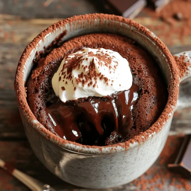 To make the best Chocolate Lava Mug Cake, you need a few simple ingredients. Here is the list: - 4 tablespoons all-purpose flour - 4 tablespoons granulated sugar - 2 tablespoons unsweetened cocoa powder - 1/8 teaspoon baking powder - A pinch of salt - 3 tablespoons milk - 2 tablespoons vegetable oil - 1/4 teaspoon vanilla extract - 1 square (approximately 1 ounce) of semi-sweet chocolate or a handful of chocolate chips - Optional: Ice cream or whipped cream for serving These ingredients come together to create a rich and gooey dessert. The all-purpose flour gives structure, while the sugar adds sweetness. Cocoa powder brings that deep chocolate flavor. Baking powder helps the cake rise, and salt balances the taste. Milk and oil keep it moist, and vanilla adds a lovely aroma. The star of the show is the semi-sweet chocolate, which melts in the center. If you want to make it extra special, consider adding ice cream or whipped cream on top when you serve it. These toppings add a creamy contrast to the warm cake. For the full recipe, check out the detailed instructions in the next section. Enjoy your cooking! 1. Combining dry ingredients Start with a large mug. Add 4 tablespoons of all-purpose flour, 4 tablespoons of granulated sugar, 2 tablespoons of unsweetened cocoa powder, 1/8 teaspoon of baking powder, and a pinch of salt. Stir these dry ingredients well with a fork. Make sure there are no lumps. 2. Mixing wet ingredients and creating the batter Next, pour in 3 tablespoons of milk, 2 tablespoons of vegetable oil, and 1/4 teaspoon of vanilla extract. Mix these wet ingredients into the dry ones until the batter is smooth. You want it to be creamy and free of dry spots. 3. Inserting the chocolate for the molten center Now, take your chocolate square or a handful of chocolate chips. Push it gently into the center of the batter. Make sure it is mostly covered but still visible. This will create that gooey center we love. 4. Cooking in the microwave Place the mug in the microwave. Cook on high for 30 to 40 seconds. Start checking after 30 seconds. The cake should rise and look set, but the center must remain soft. Avoid cooking too long; we want that lava! 5. Cooling and serving suggestions Carefully remove the mug from the microwave. It will be hot! Let it cool for about one minute. This helps it set a bit. For serving, top your cake with ice cream or whipped cream. This adds flavor and makes it even more special. For the full recipe, check out the detailed instructions above. To get the best lava cake, timing is key. Start with 30 seconds in the microwave. Check it, and if it’s not done, add 10 seconds. You want the sides firm and the center soft. The mug you use matters too. Pick a large mug, about 12 ounces. This size gives the cake room to rise. A small mug may overflow or cook unevenly. Smooth batter is a must for the best cake. Mix the dry ingredients well first. Then, add the wet ingredients slowly. Stir until there are no lumps. This helps the cake cook evenly and keeps it nice and soft. Toppings can take your cake to the next level. Ice cream is a classic choice. The cold creaminess pairs well with the warm cake. Whipped cream adds a light, airy contrast. For drinks, coffee or milk works great. The rich flavors of coffee enhance the chocolate. Milk softens the sweetness, making it perfect for any palate. Enjoy your cake with these simple but delicious pairings. For the complete recipe, refer to the [Full Recipe]. {{image_4}} You can easily switch some ingredients in your chocolate lava mug cake to fit your needs. Here are some ideas: - Gluten-free options: Use gluten-free flour instead of all-purpose flour. Almond flour or a gluten-free blend work well. - Vegan substitutions: Replace milk with almond milk or oat milk. Use coconut oil instead of vegetable oil. You can also swap the egg for a flaxseed egg if needed. - Using different chocolate types: Try dark chocolate or white chocolate for a unique twist. Each type offers its own flavor. Want to make your mug cake even more special? Consider adding extra flavors: - Adding nuts or fruit: Mix in chopped nuts like walnuts or pecans for crunch. You can also add berries or banana slices for a fresh taste. - Incorporating extracts for flavor enhancement: A drop of almond extract or peppermint extract can elevate the flavor. Just a little goes a long way! For the full recipe, check the earlier section. Enjoy making your chocolate lava mug cake with these fun variations! Store your leftover chocolate lava mug cake in the fridge. Use a clean, airtight container. This keeps the cake fresh for up to two days. If you want to reheat it, place it back in the microwave for about 10 to 15 seconds. Check the center to see if it's warm enough. You want to keep that gooey center! You can freeze the batter if you want to save time later. Just mix the ingredients as usual and pour the batter into a freezer-safe container. It will last for about a month. When you’re ready to bake, thaw it in the fridge overnight. Then, cook it in the microwave as per the [Full Recipe]. This way, you can enjoy a fresh chocolate lava mug cake whenever you want! Can I use a different type of chocolate? Yes, you can! You might try dark chocolate or milk chocolate. Both will give a rich flavor. Just ensure the chocolate is semi-sweet for the best lava effect. Is it possible to make this recipe in the oven? Absolutely! Preheat your oven to 350°F (175°C). Pour the batter into a small baking dish. Bake for about 10-12 minutes. Check the center to keep it gooey. How do I know when the cake is done cooking? Watch for the cake to rise. The edges should look set, but the center should jiggle a bit. If it's too firm, it may not have that lovely lava center. Can I make multiple cakes at once? Yes, you can. Just prepare each cake in its own mug. Cook them in batches, checking the time. You may need to add a few seconds for each additional mug. For the full recipe, check out the detailed instructions above! This blog post covered how to make a chocolate lava mug cake. We discussed the ingredients you need, from flour to chocolate chips. I shared step-by-step instructions for mixing and cooking. You learned tips for that perfect lava center and fun serving ideas. Always feel free to try different ingredients or toppings. Experimenting can make your cake even better. Enjoy your delicious treat, and happy baking!