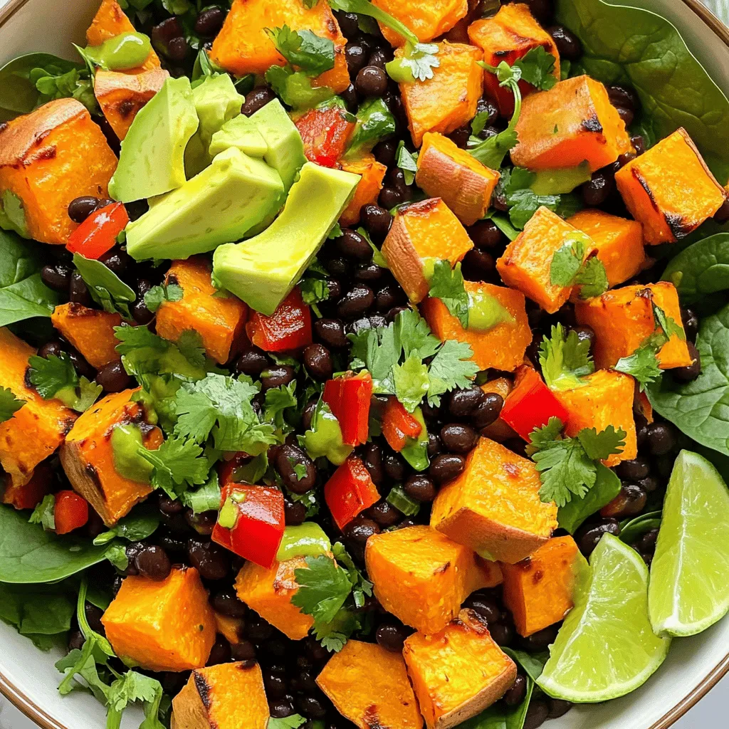 To make the Roasted Sweet Potato Black Bean Salad, you will need these fresh and vibrant ingredients: - 2 medium sweet potatoes, peeled and cut into bite-sized cubes - 1 can (15 oz) black beans, thoroughly rinsed and drained - 1 vibrant red bell pepper, diced - 1 small red onion, finely chopped - 2 cups fresh spinach, roughly chopped - 1 ripe avocado, diced - 3 tablespoons olive oil, divided - 1 teaspoon ground cumin - 1 teaspoon smoked paprika - Salt and freshly ground black pepper to taste - Juice from 1 lime - ¼ cup fresh cilantro, chopped (optional) Each item adds a layer of flavor. Sweet potatoes give a naturally sweet taste. Black beans add protein and creaminess. The red bell pepper brightens the dish with color and crunch. The red onion gives a nice zing. Spinach adds a fresh touch while the avocado brings richness. Olive oil helps blend it all together while the spices create a warm, smoky flavor. Finally, lime juice and cilantro brighten the salad, making it truly special. For the full recipe, check out the complete details to guide you through the cooking process! - Preheat the oven to 425°F (220°C). - Mix sweet potatoes with olive oil and seasonings. Start by preheating your oven. This step is key for getting those sweet potatoes nice and crispy. While the oven heats, grab a large bowl. Toss in your sweet potatoes, olive oil, ground cumin, and smoked paprika. Add a good pinch of salt and pepper. Stir well until every piece is coated in the mix. - Spread sweet potatoes on a baking sheet and roast for 25-30 minutes. Next, spread your sweet potatoes on a baking sheet. Make sure they are in a single layer. This helps them roast evenly. Place the baking sheet in the oven. Roast for 25-30 minutes. Halfway through, give them a quick stir. This way, all sides get that lovely caramelization. - In a bowl, combine black beans, red bell pepper, red onion, and spinach. - Add roasted sweet potatoes and mix with lime juice and remaining oil. - Gently fold in diced avocado and cilantro. While your sweet potatoes roast, take another bowl. Combine the black beans, diced red bell pepper, chopped red onion, and fresh spinach. Mix these ingredients well. Once the sweet potatoes are done, let them cool for just a moment. Then, add them to your bowl. Drizzle lime juice and the last bit of olive oil over the mix. Toss gently until everything is well combined. Finally, fold in your diced avocado and cilantro. Be gentle to keep the avocado nice. For the full recipe, check below! To get sweet potatoes just right, you need a few tricks. First, cut them into even pieces. This ensures they roast at the same time. Use a sharp knife for clean cuts. Next, toss them well with olive oil and spices. The oil helps with caramelization. Spread them out on the baking sheet. Avoid crowding the pan, as this can lead to steaming instead of roasting. Stir them halfway through roasting. This helps them brown evenly. If you see them getting too dark, reduce the oven temperature. Want to boost flavors? Add some extra spices. A pinch of cayenne pepper gives heat. Garlic powder adds depth. Fresh herbs like thyme or oregano can brighten the dish. Experiment with what you like best. Don’t forget about lime juice! It adds brightness and balances sweetness. You can also try a splash of balsamic vinegar for a unique twist. Make your salad pop! Use a large bowl to show off the colors. Layer your ingredients for a beautiful look. Start with greens at the bottom. Then add the roasted sweet potatoes and black beans. Garnish with fresh cilantro and lime wedges. This adds color and extra flavor. A sprinkle of feta cheese can also enhance visual appeal. Serve it chilled or at room temperature for the best experience. For the full recipe, check out the detailed steps to make this vibrant dish! {{image_4}} You can switch up the black beans if you like. Kidney beans or pinto beans work well too. If you want to change the sweet potatoes, try butternut squash for a different taste. If you need more protein, add cooked chicken or quinoa. Both options bring a nice texture and boost the nutrition. You can also toss in cooked lentils for a plant-based protein option. Homemade dressings can really change the flavor of your salad. A simple lime vinaigrette adds brightness. Just mix lime juice, olive oil, and a pinch of salt. For a creamier option, blend avocado with Greek yogurt and lime juice. This gives a rich, smooth texture. You can also try tahini dressing for a nutty flavor that pairs well with the salad. Seasonal veggies are a fun way to change your salad. In spring, add fresh peas or asparagus for a crisp bite. In summer, try ripe cherry tomatoes for sweetness. In fall, consider adding roasted Brussels sprouts or kale for a hearty feel. Fresh herbs like basil or mint can brighten up the dish. They add a lovely aroma and freshness that complements the flavors nicely. To keep your salad fresh, store the components separately. Place the roasted sweet potatoes in one container. Use another container for the black beans, red bell pepper, onion, and spinach. This way, the flavors stay bright, and the textures remain nice. You can mix them when you are ready to eat. This salad stays fresh in the fridge for about three to five days. The sweet potatoes hold well, while the other veggies stay crisp. Just make sure to seal the containers tightly. If you notice any changes in smell or texture, it's best to toss it. When reheating, keep the sweet potatoes and other veggies separate. Use a skillet on medium heat for the sweet potatoes. Stir gently until warm. This keeps them crispy. For the beans and veggies, you can heat them in the microwave for about 30 seconds. Avoid heating too long, so you don’t lose their crunch. Yes, you can make this salad ahead of time. Prepare the sweet potatoes and other ingredients separately. Store them in airtight containers in the fridge. Mix everything together right before serving. This way, the salad stays fresh and tasty. Absolutely! All the ingredients in this salad are gluten-free. Sweet potatoes, black beans, and veggies are safe for those with gluten issues. Always check labels, especially with canned goods, to ensure they are certified gluten-free. This salad pairs well with many dishes. You can serve it with grilled chicken or fish for added protein. It also goes great with quinoa or a warm tortilla. For a light meal, enjoy it with a bowl of soup. You can easily adjust this salad for different diets. For vegan options, skip the cheese and use a vegan dressing. If you're vegetarian, add cheese for extra flavor. For low-carb diets, reduce the sweet potatoes and add more greens or avocado. For the complete detailed recipe for Roasted Sweet Potato Black Bean Salad, check here: [Full Recipe]. This blog covered how to make a delicious roasted sweet potato and black bean salad. We explored the main ingredients, preparation steps, and useful tips to perfect your dish. You learned about variations and storage methods to keep your salad fresh. This salad is not just tasty; it’s also good for you. Try it for a quick meal or as a side. Enjoy customizing it to fit your taste and needs. With these techniques, you can impress anyone at the table.