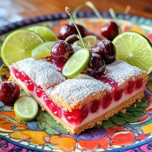 To make Cherry Limeade Bars, you need these simple ingredients: - 1 cup graham cracker crumbs - 1/2 cup unsalted butter, melted - 1 cup granulated sugar - Zest of 2 limes - 1/2 cup fresh lime juice (about 4 limes) - 2 cups fresh or frozen cherries, pitted and chopped - 3 large eggs - 1/4 teaspoon salt These items come together to create a sweet and tart treat. The graham cracker crumbs form a tasty crust. The cherries and lime juice give a bright flavor. You can make swaps if you need. Instead of graham crackers, try vanilla wafers for a different crust. Coconut flour works well if you want a gluten-free base. For sugar, you can use honey or maple syrup, but adjust the amount. You can also use bottled lime juice, but fresh juice tastes best. If cherries are out of season, use frozen ones. Just make sure to thaw and drain them first. Fresh ingredients can enhance flavor and texture. Use fresh limes for the best juice and zest. Fresh cherries add a nice bite to the bars. However, frozen cherries are fine if you can’t find fresh ones. They save time and can still taste great. Just make sure to thaw them out. This way, your Cherry Limeade Bars will be just as refreshing! Start by preheating your oven to 350°F (175°C). This ensures even cooking. Next, prepare an 8x8 inch baking pan. You can grease it or line it with parchment paper. This helps with easy removal later on. In a medium bowl, mix 1 cup of graham cracker crumbs with 1/2 cup of melted butter. Stir until the crumbs are coated and look wet. Then, press this mixture into the bottom of your pan. Make sure it’s packed tightly for a solid crust. Bake this for about 10 minutes. You want it to turn a light golden color before removing it to cool. In a different bowl, whisk together 1 cup of granulated sugar, the zest of 2 limes, 1/2 cup of fresh lime juice, 3 large eggs, and 1/4 teaspoon of salt. Mix until it’s smooth and well-blended. Now, gently fold in 2 cups of chopped cherries. Be careful not to break them. Pour this cherry-lime mixture over your cooled crust. Spread it evenly so every bite has flavor. Bake for another 25-30 minutes. The center should look set, and the edges will puff up a little. After baking, take the pan out and let it cool at room temperature. This is crucial for setting the bars. Once cool, place the pan in the fridge for at least 2 hours. This chilling step is key for the bars to hold their shape. When ready, cut them into squares. For a fun touch, dust the tops with powdered sugar. You can serve them on a bright plate with lime slices and whole cherries. It makes for a beautiful display that will impress your guests! When making Cherry Limeade Bars, avoid overmixing the batter. This can make the texture tough. Also, watch the baking time closely. If you bake too long, the bars may become dry. Lastly, remember to let the crust cool before adding the filling. This helps keep the layers separate. To boost the flavor of your Cherry Limeade Bars, try adding a pinch of lime zest to the filling. This gives a nice, bright taste. You can also mix in a bit of almond extract for a sweet twist. If you like more tartness, add extra lime juice. Fresh cherries are best, but frozen ones work too. Just let them thaw and drain excess liquid. Presentation matters! Cut the bars into even squares for a neat look. Place them on a colorful plate. Garnish with lime slices and whole cherries for fun. A light dusting of powdered sugar adds elegance. Serve them chilled for a refreshing treat. For the full recipe, you can refer to the recipe section above. {{image_4}} You can switch up the cherries for other fruits. Try fresh strawberries, blueberries, or raspberries. Each fruit adds its own twist. For example, strawberries give a sweet taste, while blueberries add a nice tartness. You can mix fruits for a fun flavor blend. Just keep the same amount as the cherries in the recipe. To make these bars healthier, you can reduce the sugar. Use a sugar substitute or honey instead. You can also use less butter by swapping it with applesauce. This keeps the bars moist without all the fat. You might also choose to use yogurt instead of some eggs for a creamier texture. If you need a gluten-free treat, swap the graham cracker crumbs for gluten-free ones. Look for brands that use almond or coconut flour. These options give a nice flavor without gluten. Be sure to check labels for any hidden gluten. This way, everyone can enjoy your cherry limeade bars! For the full recipe, check out the complete instructions above. To keep your Cherry Limeade Bars fresh, store them in the fridge. Place the bars in an airtight container. This helps to keep them moist. If you don't have a container, wrap them tightly in plastic wrap. They will stay fresh for up to five days. You can freeze Cherry Limeade Bars if you want to save some for later. First, cut the bars into squares. Place the squares on a baking sheet lined with parchment paper. Freeze them for about two hours until firm. Then, transfer them to a freezer-safe bag or container. They will last for up to three months in the freezer. Just thaw them in the fridge before serving. Use a glass or plastic container with a lid for the best storage. These containers help keep the bars fresh and prevent them from drying out. Avoid metal containers, as they can react with the lime juice. If you freeze the bars, make sure the container is labeled and dated. This way, you can track how long they have been stored. Cherry Limeade Bars stay fresh for about a week in the fridge. I keep them in an airtight container. This helps keep them moist and tasty. If you want them to last longer, you can freeze them. They will stay good for up to three months in the freezer. Yes, you can make these bars a day or two ahead of time. Just bake them and let them cool. Then, store them in the fridge. This way, the flavors will blend and get even better. They are perfect for parties or family gatherings. These bars taste great on their own, but you can add fun sides. Try serving them with whipped cream or vanilla ice cream. Fresh mint leaves or lime slices also make a nice touch. You can even pair them with a refreshing drink like lemonade or iced tea. You can find the full recipe for Cherry Limeade Bars above. It includes all the ingredients and steps to make this sweet and tangy treat. Enjoy making these delicious bars! In this article, we covered everything about Cherry Limeade Bars. We explored vital ingredients, step-by-step instructions, helpful tips, and tasty variations. Each section aimed to guide you through every stage, from baking to storage. Remember, avoiding common mistakes is key to success. You can also mix flavors to make it unique. Keep this recipe handy for future sweet treats. With just a few simple steps, you can enjoy delicious bars that impress. Happy baking!
