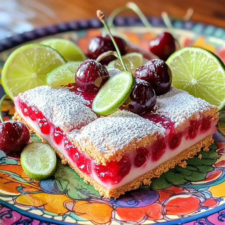 To make Cherry Limeade Bars, you need these simple ingredients: - 1 cup graham cracker crumbs - 1/2 cup unsalted butter, melted - 1 cup granulated sugar - Zest of 2 limes - 1/2 cup fresh lime juice (about 4 limes) - 2 cups fresh or frozen cherries, pitted and chopped - 3 large eggs - 1/4 teaspoon salt These items come together to create a sweet and tart treat. The graham cracker crumbs form a tasty crust. The cherries and lime juice give a bright flavor. You can make swaps if you need. Instead of graham crackers, try vanilla wafers for a different crust. Coconut flour works well if you want a gluten-free base. For sugar, you can use honey or maple syrup, but adjust the amount. You can also use bottled lime juice, but fresh juice tastes best. If cherries are out of season, use frozen ones. Just make sure to thaw and drain them first. Fresh ingredients can enhance flavor and texture. Use fresh limes for the best juice and zest. Fresh cherries add a nice bite to the bars. However, frozen cherries are fine if you can’t find fresh ones. They save time and can still taste great. Just make sure to thaw them out. This way, your Cherry Limeade Bars will be just as refreshing! Start by preheating your oven to 350°F (175°C). This ensures even cooking. Next, prepare an 8x8 inch baking pan. You can grease it or line it with parchment paper. This helps with easy removal later on. In a medium bowl, mix 1 cup of graham cracker crumbs with 1/2 cup of melted butter. Stir until the crumbs are coated and look wet. Then, press this mixture into the bottom of your pan. Make sure it’s packed tightly for a solid crust. Bake this for about 10 minutes. You want it to turn a light golden color before removing it to cool. In a different bowl, whisk together 1 cup of granulated sugar, the zest of 2 limes, 1/2 cup of fresh lime juice, 3 large eggs, and 1/4 teaspoon of salt. Mix until it’s smooth and well-blended. Now, gently fold in 2 cups of chopped cherries. Be careful not to break them. Pour this cherry-lime mixture over your cooled crust. Spread it evenly so every bite has flavor. Bake for another 25-30 minutes. The center should look set, and the edges will puff up a little. After baking, take the pan out and let it cool at room temperature. This is crucial for setting the bars. Once cool, place the pan in the fridge for at least 2 hours. This chilling step is key for the bars to hold their shape. When ready, cut them into squares. For a fun touch, dust the tops with powdered sugar. You can serve them on a bright plate with lime slices and whole cherries. It makes for a beautiful display that will impress your guests! When making Cherry Limeade Bars, avoid overmixing the batter. This can make the texture tough. Also, watch the baking time closely. If you bake too long, the bars may become dry. Lastly, remember to let the crust cool before adding the filling. This helps keep the layers separate. To boost the flavor of your Cherry Limeade Bars, try adding a pinch of lime zest to the filling. This gives a nice, bright taste. You can also mix in a bit of almond extract for a sweet twist. If you like more tartness, add extra lime juice. Fresh cherries are best, but frozen ones work too. Just let them thaw and drain excess liquid. Presentation matters! Cut the bars into even squares for a neat look. Place them on a colorful plate. Garnish with lime slices and whole cherries for fun. A light dusting of powdered sugar adds elegance. Serve them chilled for a refreshing treat. For the full recipe, you can refer to the recipe section above. {{image_4}} You can switch up the cherries for other fruits. Try fresh strawberries, blueberries, or raspberries. Each fruit adds its own twist. For example, strawberries give a sweet taste, while blueberries add a nice tartness. You can mix fruits for a fun flavor blend. Just keep the same amount as the cherries in the recipe. To make these bars healthier, you can reduce the sugar. Use a sugar substitute or honey instead. You can also use less butter by swapping it with applesauce. This keeps the bars moist without all the fat. You might also choose to use yogurt instead of some eggs for a creamier texture. If you need a gluten-free treat, swap the graham cracker crumbs for gluten-free ones. Look for brands that use almond or coconut flour. These options give a nice flavor without gluten. Be sure to check labels for any hidden gluten. This way, everyone can enjoy your cherry limeade bars! For the full recipe, check out the complete instructions above. To keep your Cherry Limeade Bars fresh, store them in the fridge. Place the bars in an airtight container. This helps to keep them moist. If you don't have a container, wrap them tightly in plastic wrap. They will stay fresh for up to five days. You can freeze Cherry Limeade Bars if you want to save some for later. First, cut the bars into squares. Place the squares on a baking sheet lined with parchment paper. Freeze them for about two hours until firm. Then, transfer them to a freezer-safe bag or container. They will last for up to three months in the freezer. Just thaw them in the fridge before serving. Use a glass or plastic container with a lid for the best storage. These containers help keep the bars fresh and prevent them from drying out. Avoid metal containers, as they can react with the lime juice. If you freeze the bars, make sure the container is labeled and dated. This way, you can track how long they have been stored. Cherry Limeade Bars stay fresh for about a week in the fridge. I keep them in an airtight container. This helps keep them moist and tasty. If you want them to last longer, you can freeze them. They will stay good for up to three months in the freezer. Yes, you can make these bars a day or two ahead of time. Just bake them and let them cool. Then, store them in the fridge. This way, the flavors will blend and get even better. They are perfect for parties or family gatherings. These bars taste great on their own, but you can add fun sides. Try serving them with whipped cream or vanilla ice cream. Fresh mint leaves or lime slices also make a nice touch. You can even pair them with a refreshing drink like lemonade or iced tea. You can find the full recipe for Cherry Limeade Bars above. It includes all the ingredients and steps to make this sweet and tangy treat. Enjoy making these delicious bars! In this article, we covered everything about Cherry Limeade Bars. We explored vital ingredients, step-by-step instructions, helpful tips, and tasty variations. Each section aimed to guide you through every stage, from baking to storage. Remember, avoiding common mistakes is key to success. You can also mix flavors to make it unique. Keep this recipe handy for future sweet treats. With just a few simple steps, you can enjoy delicious bars that impress. Happy baking!