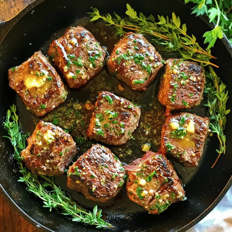 - 1 lb sirloin steak, cut into 1-inch cubes - 3 tablespoons unsalted butter - 4 cloves garlic, minced - Fresh herbs: rosemary and thyme - Olive oil, salt, and pepper When making garlic butter steak bites, you want to start with high-quality sirloin steak. This cut is tender and holds flavor well. Cut it into 1-inch cubes for even cooking. Next, unsalted butter is key. It melts beautifully, adding richness. Garlic brings a strong flavor to the dish. Use fresh cloves, and don't skip this step. Fresh herbs like rosemary and thyme brighten the taste. Seasoning with salt and pepper enhances every bite. Finally, a splash of olive oil keeps the steak from sticking. - Alternative cuts of steak - Butter alternatives for a dairy-free version - Additional spices for flavor enhancement If you don't have sirloin, ribeye or tenderloin work well too. They offer rich flavors and tenderness. For a dairy-free option, you can use olive oil or coconut oil instead of butter. This keeps the dish tasty while meeting dietary needs. Want more flavor? Try adding spices like smoked paprika or chili flakes for a kick. You can mix and match based on what you have at home. The goal is to create a dish that you enjoy. For the complete recipe, check out the [Full Recipe]. First, pat the steak cubes dry with a paper towel. This step helps the steak sear better. If the surface is wet, the steak will steam instead of brown. Next, season both sides with salt and pepper. Use enough to enhance the flavor but not too much to overpower it. Heat a large skillet over medium-high heat. Add the olive oil and wait until it shimmers. This shows the oil is hot and ready. Carefully place the steak bites in a single layer. Avoid overcrowding the pan; this helps each piece brown nicely. Sear each side for 2-3 minutes until you reach your desired doneness. For best results, medium-rare is ideal. Once you remove the steak bites, lower the heat to medium. Add the unsalted butter to the same skillet. Let it melt completely, stirring with a wooden spoon. This picks up any flavorful bits from the pan. These bits add depth to your sauce. After melting, stir in the minced garlic, rosemary, and thyme. Cook for about a minute. You want the garlic fragrant but not browned, as it can taste bitter. Return the seared steak bites to the skillet. Gently toss them in the garlic butter sauce. This ensures each piece is well-coated. Cook for another 1-2 minutes. This allows the flavors to meld beautifully. The aroma will fill your kitchen, making it hard to wait. For the full recipe, refer to the earlier section. To get a great sear on your steak bites, you need patience. Heat your skillet until it's hot. A good sear locks in flavor and keeps the meat tender. If you crowd the skillet, the steak will steam instead of sear. Cook in batches if needed. This will give you that beautiful brown crust. When cooking garlic, be careful not to burn it. Add the garlic to the butter only after it has melted. Stir it for about a minute until it smells amazing. If you want a bit of spice, add a pinch of red pepper flakes. This will give your garlic butter a nice kick. For serving, think about how to impress your guests. You can serve the steak bites in the skillet they cooked in. This adds a rustic charm. Drizzle the garlic butter over the top for a nice look. Garnish with fresh herbs like parsley. Use toothpicks for easy eating. These ideas will make your dish stand out at any gathering. {{image_4}} You can use many cuts for steak bites. Sirloin is great, but ribeye is richer. Ribeye has more fat, which adds flavor. Other choices include tenderloin and flank steak. Each cut has its own cooking time. - Sirloin: Cook for 2-3 minutes per side for medium-rare. - Ribeye: Needs about 3-4 minutes per side. - Tenderloin: A quick 2-3 minutes per side works well. - Flank Steak: Cook for 3-4 minutes, but cut against the grain. You can change the flavor by adding herbs and spices. Try fresh cilantro or basil for a twist. If you want heat, use paprika or cayenne. These spices bring a new layer of taste to your dish. - Cilantro: Add at the end for a fresh taste. - Basil: Use fresh or dried for a sweet flavor. - Paprika: Adds warmth and color. - Cayenne: Just a pinch for a spicy kick. Want to make your dish fit your diet? There are great low-carb and keto choices. Use a different type of butter for dairy-free options. You can also skip the butter and use olive oil. - Low-Carb: Stick to steak and herbs. - Keto: All ingredients are keto-friendly. - Gluten-Free: This recipe is naturally gluten-free. - Dairy-Free: Olive oil can replace butter for a lighter taste. For the Full Recipe, check out the main section. To keep your cooked steak bites fresh, store them in the fridge. Let them cool first. Place them in an airtight container. This helps keep moisture in and air out. Use glass or plastic containers with tight lids. They work best for storage. When reheating, aim to keep the steak juicy. The best method is using the skillet. Heat it on low. Add a splash of broth or water to keep moisture. Place the steak bites in the skillet for a few minutes. Stir gently to warm them up. This method helps keep the steak tender and flavorful. You can freeze cooked steak bites for later. First, let them cool completely. Then, place them in a freezer-safe bag. Squeeze out as much air as you can. This prevents freezer burn. When you’re ready to eat, thaw them in the fridge overnight. Reheat in a skillet for best taste. To check if steak bites are done, use a meat thermometer. For medium-rare, aim for 130°F. Insert the thermometer into the center of a steak bite. You can also press the meat with your finger. If it feels firm but still has some give, it's likely medium-rare. - Tips for checking doneness levels: - Use a thermometer for accurate results. - Learn the feel of different doneness levels. - Recommended meat thermometers: - Instant-read thermometers work best. - Probe thermometers are great for cooking longer cuts. Yes, you can prepare some parts ahead of time. Cut the steak and season it a few hours before cooking. This makes the flavors blend well. - Preparing ahead of time: - Cut and season the steak. - Make the garlic butter and store it. - Best storage practices: - Keep uncooked steak in the fridge. - Store garlic butter in an airtight container. Garlic Butter Steak Bites go well with many sides. Fresh salads, roasted veggies, or mashed potatoes are popular choices. - Popular side dishes like salads and vegetables: - A crisp green salad adds freshness. - Roasted asparagus or broccoli complements the steak. - Creative serving suggestions: - Serve on a bed of creamy mashed potatoes. - Add some crusty bread to soak up the garlic butter. For medium-rare steak bites, sear them for about 2-3 minutes on each side. Timing can vary with the heat of your skillet. - Timing tips for different levels of doneness: - Medium: 3-4 minutes per side. - Rare: about 1-2 minutes per side. - Common mistakes to avoid during cooking: - Don't overcrowd the pan; it lowers the heat. - Avoid flipping too often; let them sear well. You’ve learned how to make delicious garlic butter steak bites step by step. We covered essential and optional ingredients, cooking techniques, and tips for the perfect sear. You can personalize the dish with different herbs and cuts of steak. Plus, we discussed how to store and reheat leftovers properly. Now, you have the tools to impress at any meal. Enjoy experimenting with flavors while creating your own delicious variations. Happy cooking!