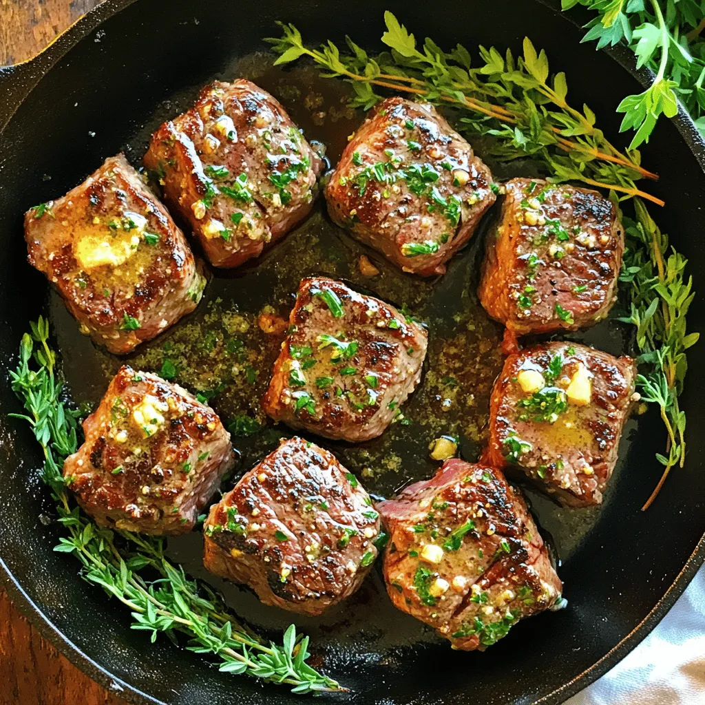 - 1 lb sirloin steak, cut into 1-inch cubes - 3 tablespoons unsalted butter - 4 cloves garlic, minced - Fresh herbs: rosemary and thyme - Olive oil, salt, and pepper When making garlic butter steak bites, you want to start with high-quality sirloin steak. This cut is tender and holds flavor well. Cut it into 1-inch cubes for even cooking. Next, unsalted butter is key. It melts beautifully, adding richness. Garlic brings a strong flavor to the dish. Use fresh cloves, and don't skip this step. Fresh herbs like rosemary and thyme brighten the taste. Seasoning with salt and pepper enhances every bite. Finally, a splash of olive oil keeps the steak from sticking. - Alternative cuts of steak - Butter alternatives for a dairy-free version - Additional spices for flavor enhancement If you don't have sirloin, ribeye or tenderloin work well too. They offer rich flavors and tenderness. For a dairy-free option, you can use olive oil or coconut oil instead of butter. This keeps the dish tasty while meeting dietary needs. Want more flavor? Try adding spices like smoked paprika or chili flakes for a kick. You can mix and match based on what you have at home. The goal is to create a dish that you enjoy. For the complete recipe, check out the [Full Recipe]. First, pat the steak cubes dry with a paper towel. This step helps the steak sear better. If the surface is wet, the steak will steam instead of brown. Next, season both sides with salt and pepper. Use enough to enhance the flavor but not too much to overpower it. Heat a large skillet over medium-high heat. Add the olive oil and wait until it shimmers. This shows the oil is hot and ready. Carefully place the steak bites in a single layer. Avoid overcrowding the pan; this helps each piece brown nicely. Sear each side for 2-3 minutes until you reach your desired doneness. For best results, medium-rare is ideal. Once you remove the steak bites, lower the heat to medium. Add the unsalted butter to the same skillet. Let it melt completely, stirring with a wooden spoon. This picks up any flavorful bits from the pan. These bits add depth to your sauce. After melting, stir in the minced garlic, rosemary, and thyme. Cook for about a minute. You want the garlic fragrant but not browned, as it can taste bitter. Return the seared steak bites to the skillet. Gently toss them in the garlic butter sauce. This ensures each piece is well-coated. Cook for another 1-2 minutes. This allows the flavors to meld beautifully. The aroma will fill your kitchen, making it hard to wait. For the full recipe, refer to the earlier section. To get a great sear on your steak bites, you need patience. Heat your skillet until it's hot. A good sear locks in flavor and keeps the meat tender. If you crowd the skillet, the steak will steam instead of sear. Cook in batches if needed. This will give you that beautiful brown crust. When cooking garlic, be careful not to burn it. Add the garlic to the butter only after it has melted. Stir it for about a minute until it smells amazing. If you want a bit of spice, add a pinch of red pepper flakes. This will give your garlic butter a nice kick. For serving, think about how to impress your guests. You can serve the steak bites in the skillet they cooked in. This adds a rustic charm. Drizzle the garlic butter over the top for a nice look. Garnish with fresh herbs like parsley. Use toothpicks for easy eating. These ideas will make your dish stand out at any gathering. {{image_4}} You can use many cuts for steak bites. Sirloin is great, but ribeye is richer. Ribeye has more fat, which adds flavor. Other choices include tenderloin and flank steak. Each cut has its own cooking time. - Sirloin: Cook for 2-3 minutes per side for medium-rare. - Ribeye: Needs about 3-4 minutes per side. - Tenderloin: A quick 2-3 minutes per side works well. - Flank Steak: Cook for 3-4 minutes, but cut against the grain. You can change the flavor by adding herbs and spices. Try fresh cilantro or basil for a twist. If you want heat, use paprika or cayenne. These spices bring a new layer of taste to your dish. - Cilantro: Add at the end for a fresh taste. - Basil: Use fresh or dried for a sweet flavor. - Paprika: Adds warmth and color. - Cayenne: Just a pinch for a spicy kick. Want to make your dish fit your diet? There are great low-carb and keto choices. Use a different type of butter for dairy-free options. You can also skip the butter and use olive oil. - Low-Carb: Stick to steak and herbs. - Keto: All ingredients are keto-friendly. - Gluten-Free: This recipe is naturally gluten-free. - Dairy-Free: Olive oil can replace butter for a lighter taste. For the Full Recipe, check out the main section. To keep your cooked steak bites fresh, store them in the fridge. Let them cool first. Place them in an airtight container. This helps keep moisture in and air out. Use glass or plastic containers with tight lids. They work best for storage. When reheating, aim to keep the steak juicy. The best method is using the skillet. Heat it on low. Add a splash of broth or water to keep moisture. Place the steak bites in the skillet for a few minutes. Stir gently to warm them up. This method helps keep the steak tender and flavorful. You can freeze cooked steak bites for later. First, let them cool completely. Then, place them in a freezer-safe bag. Squeeze out as much air as you can. This prevents freezer burn. When you’re ready to eat, thaw them in the fridge overnight. Reheat in a skillet for best taste. To check if steak bites are done, use a meat thermometer. For medium-rare, aim for 130°F. Insert the thermometer into the center of a steak bite. You can also press the meat with your finger. If it feels firm but still has some give, it's likely medium-rare. - Tips for checking doneness levels: - Use a thermometer for accurate results. - Learn the feel of different doneness levels. - Recommended meat thermometers: - Instant-read thermometers work best. - Probe thermometers are great for cooking longer cuts. Yes, you can prepare some parts ahead of time. Cut the steak and season it a few hours before cooking. This makes the flavors blend well. - Preparing ahead of time: - Cut and season the steak. - Make the garlic butter and store it. - Best storage practices: - Keep uncooked steak in the fridge. - Store garlic butter in an airtight container. Garlic Butter Steak Bites go well with many sides. Fresh salads, roasted veggies, or mashed potatoes are popular choices. - Popular side dishes like salads and vegetables: - A crisp green salad adds freshness. - Roasted asparagus or broccoli complements the steak. - Creative serving suggestions: - Serve on a bed of creamy mashed potatoes. - Add some crusty bread to soak up the garlic butter. For medium-rare steak bites, sear them for about 2-3 minutes on each side. Timing can vary with the heat of your skillet. - Timing tips for different levels of doneness: - Medium: 3-4 minutes per side. - Rare: about 1-2 minutes per side. - Common mistakes to avoid during cooking: - Don't overcrowd the pan; it lowers the heat. - Avoid flipping too often; let them sear well. You’ve learned how to make delicious garlic butter steak bites step by step. We covered essential and optional ingredients, cooking techniques, and tips for the perfect sear. You can personalize the dish with different herbs and cuts of steak. Plus, we discussed how to store and reheat leftovers properly. Now, you have the tools to impress at any meal. Enjoy experimenting with flavors while creating your own delicious variations. Happy cooking!