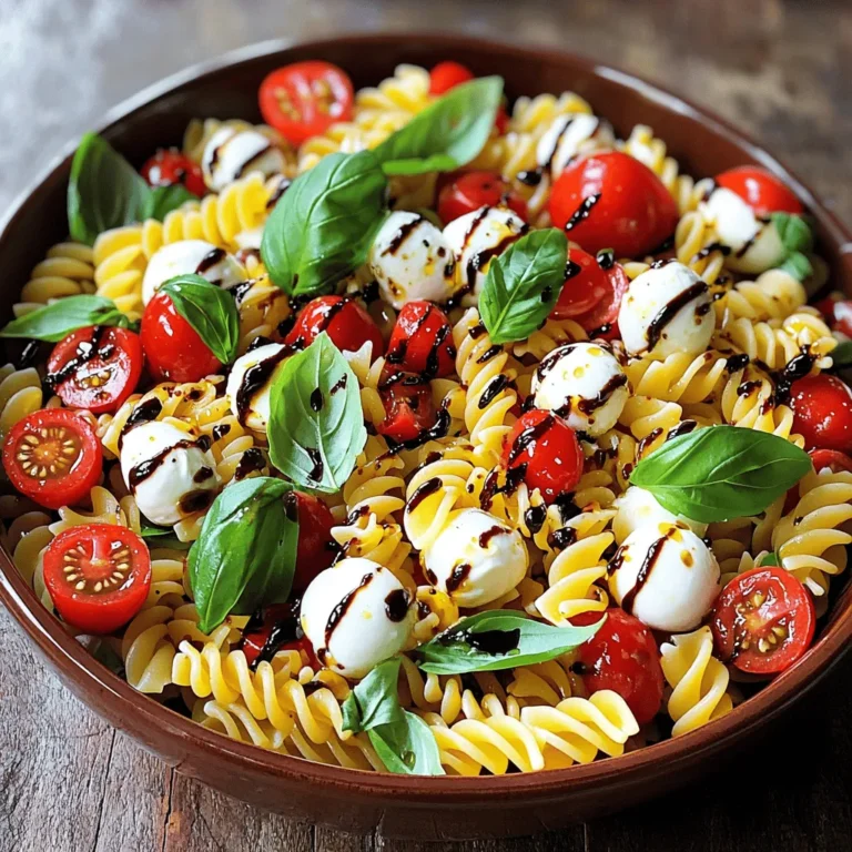 For a tasty Caprese Pasta Salad, gather these key ingredients: - 8 oz (225g) fusilli or rotini pasta - 2 cups cherry tomatoes, halved - 1 cup fresh mozzarella balls, cut in half - 1 cup fresh basil leaves, roughly torn - 3 tablespoons extra virgin olive oil - 2 tablespoons balsamic glaze - 1 clove garlic, finely minced - Salt and freshly ground black pepper to taste These ingredients create a bright and fresh flavor. The pasta gives a nice base, while the tomatoes and mozzarella add creaminess and sweetness. Fresh basil brings a lovely herbal note. You can make this salad your own by adding some optional ingredients: - 1 teaspoon dried oregano - Grilled chicken for protein - Avocado for creaminess - Arugula for a peppery bite Feel free to mix and match these options. Customization makes the dish special to your taste. This salad is not only delicious but also healthy. Here’s a quick look at its benefits: - High in vitamins from fresh vegetables - Good source of protein from mozzarella - Healthy fats from olive oil Each serving offers a balanced mix of nutrients. This dish is great for a light lunch or a side at dinner. You can enjoy it as a meal or share it at gatherings. For the full recipe, check out the details above. Start with a large pot. Fill it with water and add salt. Bring the water to a rolling boil. Add 8 oz of fusilli or rotini pasta. Cook it until al dente, usually about 7 to 9 minutes. Drain the pasta in a colander. Rinse it under cold water to cool it down. This stops the cooking and keeps the pasta firm. Grab a spacious mixing bowl. Add 2 cups of halved cherry tomatoes. Then, add 1 cup of fresh mozzarella balls, cut in half. Finally, toss in 1 cup of roughly torn fresh basil leaves. Mix these gently to avoid bruising the ingredients. This blend is the heart of your salad. In a small bowl, whisk together 3 tablespoons of extra virgin olive oil. Add 2 tablespoons of balsamic glaze next. Then, include 1 clove of finely minced garlic. Season with a pinch of salt and freshly ground black pepper. If you like, add 1 teaspoon of dried oregano for extra flavor. This dressing will bring your salad to life. Now, add the cooled pasta to the bowl with the tomatoes and mozzarella. Drizzle the dressing over everything. Use salad tongs to mix gently. Make sure all the ingredients are evenly coated. This step is key to a tasty salad. Cover the salad with plastic wrap or a lid. Let it sit at room temperature for at least 15 minutes. This resting time allows the flavors to meld together. Just before serving, give the salad one last gentle toss. This ensures all the ingredients are well mixed. For the full recipe, check out Caprese Pasta Salad . To cook pasta just right, start with a large pot. Fill it with water and add a good amount of salt. The salt helps flavor the pasta. Bring the water to a rolling boil before adding your pasta. Stir it often to keep it from sticking. Cook it until it is al dente, which means it has a slight bite to it. This usually takes about 8-10 minutes for fusilli or rotini. Once done, drain the pasta in a colander. Rinse it under cold water to stop the cooking. This keeps your pasta firm and fresh for the salad. A great dressing makes your salad pop! For this Caprese Pasta Salad, mix extra virgin olive oil and balsamic glaze. Add finely minced garlic for a punch of flavor. Don't forget to season with salt and freshly ground black pepper. If you want, sprinkle in some dried oregano for extra taste. Whisk these together until they blend well. Drizzle this dressing over your salad right before serving. This ensures the fresh ingredients remain vibrant and lively. When mixing your salad, be gentle. You want to combine all the flavors without crushing the tomatoes or mozzarella. Use salad tongs to toss everything together. Start with the tomatoes, mozzarella, and basil. Then, add your cooled pasta. Drizzle the dressing on top and toss carefully. This way, every bite has the perfect mix of flavors. Letting the salad sit for a bit helps the flavors meld together nicely. Aim for at least 15 minutes of resting time. This simple step makes a big difference in taste. {{image_4}} If you need a gluten-free version, use gluten-free pasta. Many brands offer pasta made from rice or chickpeas. These options taste great and keep the salad's texture. You can follow the same cooking instructions. Just remember to check the cooking time, as it may vary. This way, everyone can enjoy Caprese pasta salad. Adding protein can make this salad more filling. Grilled chicken is a popular choice. Simply cook the chicken, chop it, and toss it in. Shrimp is another tasty option. Cook shrimp until they turn pink, then add them to the salad. You can also use canned chickpeas for a fun twist. This will boost the protein and make it heartier. For a vegetarian twist, replace mozzarella with an alternative cheese. Try using feta or goat cheese for a tangy flavor. You can also add some nuts like pine nuts or walnuts. They add crunch and healthy fats. Consider tossing in some roasted vegetables too, like zucchini or bell peppers. This makes the salad even more colorful and nutritious. To keep your pasta salad fresh, place it in an airtight container. Make sure to cover the container tightly. This helps prevent air from getting in and keeps the flavors intact. I like to use glass containers because they do not hold smells. You can store the salad in the fridge for up to three days. It is best to eat it within this time for the best taste. Pasta salad is usually served cold. If you prefer it warm, heat it gently. You can use the microwave for about 30 seconds. Stir it halfway through to ensure even warming. Be careful not to overheat, as it can change the texture of the mozzarella and basil. I recommend enjoying it cold to keep the fresh flavors bright. The shelf-life of your Caprese pasta salad is about three days in the fridge. After this time, the tomatoes may begin to lose their firmness, and the salad may not taste as fresh. To keep it at its best, avoid adding dressing until you are ready to eat. This keeps the pasta from becoming soggy. If you want to store it longer, consider freezing the plain pasta only. You can make the salad fresh when you are ready to eat it. For the full recipe, check the provided link. To make Caprese Pasta Salad vegan, swap fresh mozzarella for a plant-based cheese. You can use cashew cheese or any vegan mozzarella. Both will give you a similar creamy texture. Make sure to check labels, as some products may contain dairy. You can also boost flavors with extra herbs and spices. Yes, you can use different types of cheese in your Caprese Pasta Salad. Feta cheese adds a tangy kick. Goat cheese works well for a creamy touch. You can also try vegan cheese if you want a dairy-free option. Just keep in mind that each cheese changes the flavor profile. Serve Caprese Pasta Salad as a side dish at barbecues or picnics. It pairs nicely with grilled chicken or fish. You can also serve it as a light lunch on its own. For a fun twist, add it to a wrap or sandwich. Yes, Caprese Pasta Salad is great for meal prep. You can make it a day ahead and store it in the fridge. The flavors deepen as it sits, making it even tastier. Just keep the dressing separate until you’re ready to eat. This keeps the pasta fresh and prevents it from getting soggy. You now know how to make a delicious Caprese Pasta Salad. We discussed essential and optional ingredients, plus their nutritional benefits. I outlined clear steps for cooking, mixing, and serving. Remember, there are many tasty variations to explore, like gluten-free options or adding protein. Store leftovers properly for the best taste and freshness. Enjoy your cooking adventure and make every meal a delight!