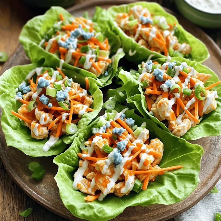 - Diced chicken breasts - Buffalo sauce selections - Olive oil and spices To make the best Buffalo chicken lettuce wraps, you need a few key items. Start with diced chicken breasts. They cook quickly and stay tender. Next, pick your favorite buffalo sauce. You can choose mild or spicy based on your taste. Olive oil adds moisture to the chicken. Lastly, you need spices like garlic powder and smoked paprika for flavor. These will make your wraps truly special. - Shredded carrots for crunch - Blue cheese crumbles - Green onions for garnish You can add toppings to enhance your wraps. Shredded carrots add a nice crunch. Blue cheese crumbles give a rich, creamy taste. Green onions add a fresh, mild flavor. These toppings make each bite even better. - Butter lettuce vs. romaine lettuce - Tips for selecting fresh lettuce leaves For the wraps, you can use butter or romaine lettuce. Butter lettuce is soft and flexible. It wraps easily around the chicken. Romaine lettuce is crisp and sturdy. It holds up well, too. When selecting your lettuce, look for bright green leaves. They should feel firm and fresh. Avoid any with brown spots or wilting. Fresh lettuce makes your wraps tasty and visually appealing. To start, you need to season the chicken. Grab a medium bowl and add diced chicken, olive oil, garlic powder, onion powder, smoked paprika, salt, and pepper. Mix well to coat each piece. This step is important for flavor. Aim for an even coating on the chicken. If you see any dry spots, just toss it a bit more. Next, heat a skillet over medium heat. You want it hot but not smoking. Add the seasoned chicken, spreading it out in the pan. Cook it for about 6-8 minutes. Stir it occasionally to ensure even cooking. Check for doneness by cutting a piece. It should be white and no longer pink inside. Now it’s time to assemble the wraps. Take a sturdy lettuce leaf and place a scoop of the buffalo chicken in the center. Top it with shredded carrots and optional blue cheese crumbles. You can also add green onions for more flavor. Finally, drizzle some ranch or blue cheese dressing on top for creaminess. Now, carefully fold the lettuce around the filling to form a wrap. Enjoy the burst of flavors! If you want the full recipe, check it out [here](#). When making buffalo chicken lettuce wraps, choose your buffalo sauce wisely. Some sauces are mild, while others pack a punch. If you like heat, go for a hotter sauce. If you prefer less spice, choose a milder option. You can also add extra spices. A pinch of cayenne or red pepper flakes boosts the heat without changing the sauce. To make your wraps even better, think about toppings. Shredded carrots add crunch and color. You can also try diced celery for extra freshness. Blue cheese crumbles add a creamy touch. If you want a sauce, ranch or blue cheese dressing pairs well. They balance the heat of the buffalo sauce and add creaminess. Serve your wraps in a fun way. Use a large platter to hold the wraps. Surround them with extra lettuce leaves. This lets guests make their own wraps. Add a small bowl of dressing on the side for dipping. Use bright garnishes, like chopped green onions, to make the dish pop. These tips make your wraps look as good as they taste! {{image_4}} You can switch up the protein in these wraps. Ground chicken or turkey works well. Just cook it in the same way as the diced chicken. For a vegetarian twist, try using plant-based proteins. Crumbled tofu or tempeh can soak up the buffalo sauce nicely. These options keep the wraps healthy and flavorful. If you need gluten-free options, check your buffalo sauce. Many brands are gluten-free. For a dairy-free option, skip the blue cheese. You can use a vegan ranch dressing instead. It brings a nice creaminess without the dairy. These swaps let everyone enjoy the wraps. Pair your wraps with fresh veggies, like carrot sticks or cucumber slices. These sides add crunch and color. You might also serve chips for a fun crunch. For drinks, refreshing iced tea or lemonade works well. These options make a great meal or snack. If you want the full recipe, you can find it here: [Full Recipe] To store your buffalo chicken lettuce wraps, place them in an airtight container. This keeps them fresh and tasty. Try to refrigerate them within two hours after cooking. They will stay good for about 3 to 4 days in the fridge. When reheating, I suggest using the stovetop or microwave. For the stovetop, warm them in a skillet over low heat. This helps keep the wraps from getting soggy. If using a microwave, heat on medium power for short bursts. Do not reheat more than once, as this can affect the flavor and texture. Yes, you can freeze buffalo chicken wraps! To freeze, place the chicken filling in a freezer-safe bag or container. Remove as much air as possible. You can freeze them for up to three months. When ready to eat, thaw the filling overnight in the fridge. Reheat it and serve in fresh lettuce leaves for the best taste. The spice level depends on the buffalo sauce you choose. You can find mild, medium, or hot sauces. If you like heat, pick a hot sauce. For a mild kick, go for a mild sauce. You can also mix sauces to control the heat. If you want to tone down the spice, add extra toppings like ranch dressing or blue cheese. These cool flavors balance the heat well. Yes, you can prepare the chicken and other ingredients in advance. Cook the chicken and store it in the fridge for up to three days. You can also wash and dry the lettuce leaves ahead of time. Keep the chicken and lettuce in separate containers to maintain freshness. When you’re ready to eat, just assemble the wraps. This makes for a quick and healthy snack. If you want an alternative to lettuce, try tortillas or collard greens. Tortillas work well if you prefer a more traditional wrap. Collard greens are sturdy and add a nice flavor. You can also use rice paper for a fun twist. Each option brings its own taste and texture, so choose what you like best. For the complete recipe, check out the Buffalo Bliss Chicken Lettuce Wraps full recipe for easy access. Buffalo chicken lettuce wraps are a fun and tasty dish. We reviewed key ingredients, cooking steps, and tips for customization. You can mix flavors, adjust spice, and even swap proteins to suit your needs. These wraps are great for meals and snacks. Remember to store leftovers properly for later enjoyment. I hope this guide helps you create delicious wraps for friends or family. Enjoy experimenting with your own twists!