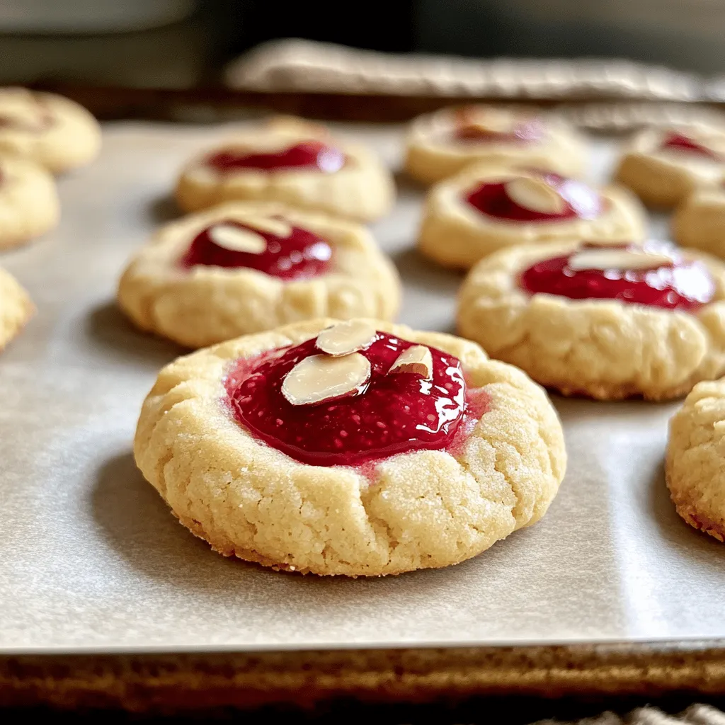 The ingredients for Raspberry Almond Thumbprint Cookies are simple and delightful. Each one plays a key role in creating the perfect cookie. - 1 cup unsalted butter, softened to room temperature - 3/4 cup granulated sugar - 1 cup almond flour - 2 cups all-purpose flour - 1/2 teaspoon fine sea salt - 1 teaspoon pure vanilla extract - 1/4 teaspoon pure almond extract - 1/2 cup raspberry jam - Optional: Sliced almonds for garnish Using high-quality ingredients makes a big difference. The unsalted butter gives a rich flavor and smooth texture. Granulated sugar adds sweetness and helps the cookies spread just right. Almond flour brings a nutty taste that pairs well with raspberry jam. The fine sea salt balances the sweetness and enhances all the flavors. Vanilla and almond extracts add depth to the cookies. Raspberry jam gives that burst of fruity goodness, making each bite a treat. If you want a bit of crunch, sliced almonds add a lovely touch. For the complete recipe, check out the Full Recipe. Make sure you have everything ready before you start. Happy baking! - Preheat the oven to 350°F (175°C). This step ensures your cookies bake evenly and rise well. While the oven heats, line two baking sheets with parchment paper. This prevents cookies from sticking. - Cream the butter and sugar. In a large bowl, mix the softened butter and sugar until light and fluffy. This takes about 2-3 minutes. - Combine the dry ingredients and mix in the flavorings. Gradually add almond flour, all-purpose flour, and sea salt. Stir until a soft dough forms. Then, pour in vanilla and almond extracts and mix until smooth. - Roll the dough into balls. Use your hands to shape 1-inch balls and place them on the baking sheets. Make sure to space them about 2 inches apart, so they have room to spread. - Create indentations in each ball. Use your thumb or a small spoon to press down in the center of each dough ball. This creates a well for the jam. - Fill each indentation with raspberry jam. Carefully add about 1 teaspoon of jam to each well. Be careful not to overfill, or it may spill during baking. - Optional: For a crunchy texture, press sliced almonds around the edges of the filled indentations. - Bake the cookies. Place the baking sheets in the oven and bake for 12 to 15 minutes. Look for lightly golden edges. - Cooling instructions: After baking, let the cookies sit for about 5 minutes on the baking sheets. This helps them firm up. Then, transfer them to a wire rack to cool completely. - Presentation tips: Once cooled, dust the cookies lightly with powdered sugar. Arrange them on a decorative platter with fresh raspberries and mint leaves for a vibrant look. Check out the Full Recipe for more details and tips! Achieving the perfect texture To get soft and chewy cookies, use softened butter. This helps create the right mix of air and fat. Make sure to cream it well with the sugar. Mixing should take about 2 to 3 minutes. If you want a slight crunch, use finely ground almond flour. This gives the cookies a nice bite. Ensuring even cooking For even baking, space the cookie balls well on the baking sheet. Place them about 2 inches apart. This helps prevent them from sticking together. Additionally, rotate the baking sheets halfway through the baking time. This ensures all cookies bake evenly. Recommended amendments for enhanced flavor To boost the almond flavor, add a bit more almond extract. Just a few extra drops can make a big difference. You can also add a pinch of cinnamon for warmth. It pairs well with the raspberry jam and adds depth to the taste. Alternative fillings for the thumbprint While raspberry jam is great, try other flavors too! Strawberry, apricot, or even lemon curd can work well. Each jam gives a unique twist to the cookies. You can also use chocolate ganache for a rich, sweet center. Avoiding overfilling the jam When filling the cookie indentations, use about 1 teaspoon of jam. If you add too much, it can overflow during baking. This can make a mess on your baking sheet. Stick to the recommended amount for best results. Preventing dough from spreading too much in the oven If your dough spreads too much, try chilling it for about 30 minutes before baking. This helps firm up the butter. You can also bake on parchment paper, which helps maintain shape. Keeping your dough cold is key to keeping those lovely thumbprint shapes! {{image_4}} You can play with flavors in Raspberry Almond Thumbprint Cookies. Using different fruit jams can change the taste. Try strawberry, apricot, or blueberry jam for a fun twist. Each jam brings its unique flavor, making each bite special. You can also add chocolate or citrus flavors. Mix in some cocoa powder for a chocolatey touch. Or, add a hint of lemon zest for a fresh kick. These small changes can give your cookies a new vibe. Making these cookies gluten-free is easy. Substitute regular flour with gluten-free flour blends. Look for blends that include almond or coconut flour. These options keep the cookies soft and chewy. To maintain the right texture, watch the moisture levels. Gluten-free flour often absorbs more liquid. You may need to adjust the butter or add a bit of milk. This keeps the cookies from being too dry or crumbly. You can make these cookies vegan too. Replace butter with coconut oil or vegan butter. Both options keep the cookies rich and tasty. For eggs, use flaxseed meal or applesauce. These act as great binding agents. Flaxseed meal is simple to use. Mix one tablespoon with three tablespoons of water. Let it sit for a few minutes until it thickens. This blend works well and keeps the cookies together. To keep your Raspberry Almond Thumbprint Cookies fresh, store them in an airtight container at room temperature. This helps prevent them from getting stale. I recommend enjoying them within 5 to 7 days for the best taste. If you want to save some cookies for later, you can freeze them. For baked cookies, let them cool completely. Then, place them in a freezer-safe bag or container. They will stay good for up to three months. If you prefer to freeze the dough, wrap it tightly in plastic wrap, then place it in a freezer bag. When ready, thaw the dough in the fridge overnight for the best results. Reheating your cookies is easy! To keep their soft texture, preheat your oven to 300°F (150°C). Place the cookies on a baking sheet and warm them for about 5 to 8 minutes. This method helps restore their fresh-baked taste. Enjoy them warm, and they will feel like new! To make these cookies, follow these key steps: 1. Preheat your oven to 350°F (175°C). 2. Cream butter and sugar until fluffy in a bowl. 3. Combine dry ingredients: mix almond flour, all-purpose flour, and salt. 4. Add extracts: stir in vanilla and almond extracts. 5. Shape dough into 1-inch balls and place on a baking sheet. 6. Create indentations in the dough using your thumb. 7. Fill with jam: add raspberry jam to each well. 8. Bake cookies for 12 to 15 minutes until edges are golden. 9. Cool cookies on a wire rack after baking. This simple process leads to delicious treats. For the full recipe with detailed instructions, check the [Full Recipe]. Yes, you can use different nuts! If you are allergic to almonds, consider these options: - Pecans: Their rich flavor pairs well with fruit jams. - Walnuts: They add a nice crunch and depth to the cookies. - Cashews: These nuts give a creamy texture and mild taste. Feel free to experiment with your favorite nuts. Just chop them finely to mix into the dough or use them as a garnish. Many fun variations exist for thumbprint cookies. Here are some popular adaptations: - Different jams: Try strawberry, apricot, or blueberry for a twist. - Chocolate filling: Use chocolate ganache instead of jam for a rich flavor. - Citrus zest: Add lemon or orange zest to the dough for a fresh taste. These variations keep the recipe interesting. Mixing flavors can lead to delightful surprises! This blog post covered how to make delicious Raspberry Almond Thumbprint Cookies. We explored the ingredients, preparation steps, and tips for the best results. You learned about variations, storage methods, and common mistakes to avoid. Remember, baking is fun and rewarding. Try these cookies with different jams or flavors for new twists. Keep practicing to refine your skills. Enjoy baking and sharing these tasty treats with others. You now have the tools to impress your friends and family with your cookie-making expertise.