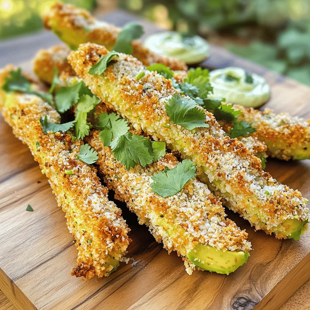 - 2 ripe avocados - 1 cup panko breadcrumbs - 1/2 cup all-purpose flour - 2 large eggs - 1 teaspoon garlic powder - 1 teaspoon onion powder - 1 teaspoon smoked paprika - Salt and pepper to taste - Cooking spray To make these crispy air fryer avocado fries, you need fresh and ripe avocados. They should yield slightly when you press them. Panko breadcrumbs are key for a crunchy texture. All-purpose flour helps the coating stick. Eggs bind everything together. Garlic powder, onion powder, and smoked paprika add delicious flavor. Don’t forget the salt and pepper to enhance all the tastes. Cooking spray keeps the fries from sticking in the air fryer, ensuring they cook perfectly. These ingredients are simple but create a delightful treat. Each bite brings creamy avocado and a crispy crust. You’ll enjoy the blend of flavors and textures. This recipe is not only easy but also healthy. You can customize the spices to fit your taste. For the full recipe, follow the steps carefully and enjoy your snack! Preheat the Air Fryer Set the temperature to 400°F (200°C). This step is key to getting crispy fries. Prepare the Avocados Cut each avocado in half and pit them. Scoop the flesh out gently. Slice each half into wedges. Aim for even sizes to cook well. Set Up the Breading Station Prepare three bowls: - In the first bowl, mix all-purpose flour with salt, pepper, garlic powder, onion powder, and smoked paprika. - In the second bowl, crack two eggs and beat them. - In the third bowl, add panko breadcrumbs. Bread the Avocado Wedges First, take a wedge and coat it in the flour mixture. Shake off extra flour. Next, dip it in the beaten eggs. Make sure it’s fully coated. Finally, roll it in panko breadcrumbs. Press gently so the crumbs stick. Repeat this for all wedges. Prepare the Air Fryer Basket Lightly spray the air fryer basket with cooking oil. This helps prevent sticking. Arrange the breaded avocado fries in a single layer. Leave space between them for even cooking. Air Fry the Wedges Cook the avocado fries for 10-12 minutes. Flip them halfway through for even browning. You want them to be golden brown and crispy. For the full recipe, remember to check the details above for perfecting your crispy air fryer avocado fries! For the best crunch, use panko breadcrumbs. They give a light and airy texture. Flip the fries halfway through cooking. This ensures they brown evenly on both sides. Pair these fries with tasty dipping sauces. Lime aioli and sriracha mayo add great flavor. You can also garnish with chopped cilantro or lime wedges. This adds color and freshness to your dish. Enjoy your crispy avocado fries as a fun snack or appetizer! {{image_4}} You can enhance your crispy avocado fries with fun spices. Try adding cayenne pepper for heat or Italian seasoning for a herb-filled twist. If you need a gluten-free option, swap regular breadcrumbs for gluten-free ones. This change keeps the flavor without the gluten. If you want to mix it up, substitute avocados with zucchini or eggplant. Both veggies give a different texture while still tasting great. For the flour, consider almond flour or chickpea flour. These options add unique flavors and fit various diets. Check the Full Recipe for more details on cooking time and methods. To keep your crispy air fryer avocado fries fresh, place them in an airtight container. Store them in the refrigerator. They taste best within a few days, but they can last up to a week. Just make sure they are fully cooled before sealing them. When you want to enjoy your leftovers, reheat them in the air fryer. Set the air fryer to 350°F (175°C) for about 5 minutes. This helps restore their crispiness. You can also check them halfway through and give them a little shake to ensure even heating. Enjoy your snack as if it were fresh! You can easily bake or fry avocado fries. For baking, preheat your oven to 425°F (220°C). Follow the same steps to bread the avocados. Place them on a baking sheet lined with parchment paper. Bake for 15-20 minutes or until golden brown. For frying, heat oil in a pan over medium heat. Fry the breaded wedges for 2-3 minutes on each side. This will give you crispy avocado fries without an air fryer. Using frozen avocados is possible, but there are some steps to follow. First, thaw the frozen avocados in the fridge overnight. After thawing, slice them into wedges. Note that frozen avocados may be softer. Make sure to handle them gently when breading. The taste will be similar, but the texture might differ slightly. Avocado fries taste great with a variety of dipping sauces. Here are some delicious options: - Zesty lime aioli - Spicy sriracha mayo - Creamy ranch dressing - Sweet chili sauce - Garlic yogurt sauce These sauces will enhance the flavor and make your snack even more enjoyable. This blog post shared a simple recipe for tasty avocado fries. We covered the ingredients, easy steps, and tips for extra crispiness. You learned how to customize flavors and substitute ingredients. Don’t forget to store your leftovers properly and reheat them for the best crunch. These fries are a fun and healthy snack choice. Enjoy making them and share your creations with friends!