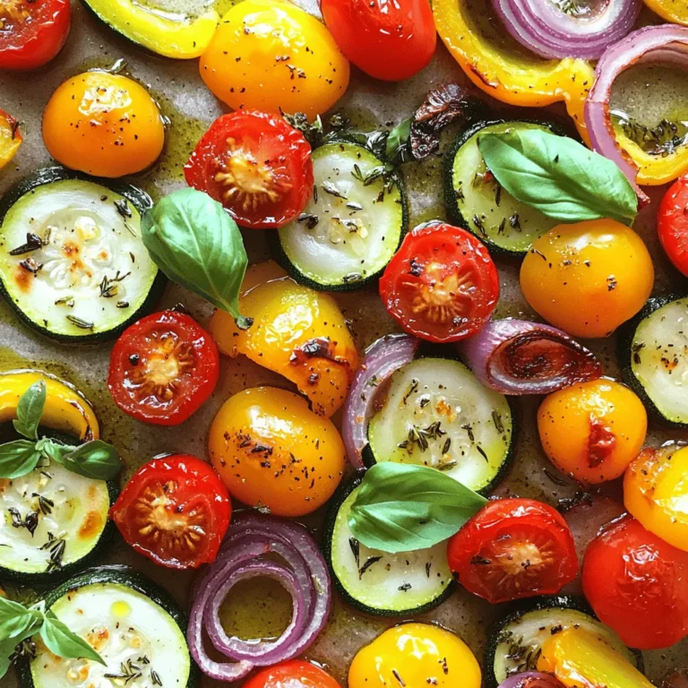 For this recipe, you will need: - 2 cups zucchini, sliced into rounds - 2 cups mixed bell peppers (red, yellow, and orange), chopped into bite-sized pieces - 1 cup cherry tomatoes, halved - 1 cup red onion, thinly sliced - 3 cloves garlic, minced These fresh vegetables shine when roasted. They bring color and taste to your dish. You can mix any summer vegetables you love. Try eggplant or asparagus for variety. To enhance the taste, gather: - 1 teaspoon dried oregano - 1 teaspoon dried thyme - 1/2 teaspoon smoked paprika - Salt and freshly cracked pepper to taste - Fresh basil leaves for garnish These herbs add depth and aroma. Oregano and thyme pair well with the sweetness of the veggies. Smoked paprika adds a lovely warmth and a hint of smokiness. Fresh basil leaves at the end brighten the dish. For roasting, you want to use the right oil. - 1/4 cup extra-virgin olive oil is my go-to choice. This oil adds richness and helps the veggies crisp up. You can also use avocado oil for a neutral taste. Avoid oils with low smoke points. Besides the herbs mentioned, consider: - A squeeze of fresh lemon juice for brightness - A sprinkle of chili flakes if you like heat These seasonings can lift the dish and make it even more exciting. A little acidity from lemon balances the flavors nicely. Start by washing all your vegetables well. This step removes dirt and pesticides. Next, chop the zucchini into rounds, bell peppers into bite-sized pieces, and halve the cherry tomatoes. Slice the red onion thinly. Then, mince the garlic. In a large bowl, combine all the chopped vegetables. Drizzle the olive oil evenly over the mix. Sprinkle in the dried oregano, dried thyme, smoked paprika, salt, and pepper. Use a large spoon to toss everything together. Make sure each piece gets coated with oil and seasoning. This ensures maximum flavor in every bite. Preheat your oven to 425°F (220°C). This temperature helps the vegetables roast perfectly. Spread your seasoned vegetables in a single layer on a large, rimmed baking sheet. This way, they roast evenly. Place the baking sheet in the oven. Roast the vegetables for about 25-30 minutes. Halfway through, stir the vegetables. This step is key for even cooking. You want them tender and slightly caramelized. Once your vegetables are done, remove them from the oven. Let them cool for a few minutes to enhance the flavors. For a fresh touch, garnish with basil leaves. Serve the roasted vegetables warm. You can place them over a bed of quinoa or alongside grilled chicken. Drizzle with more olive oil, and add extra herbs for a beautiful look. This dish is not only tasty but also healthy and colorful! To pick ripe summer vegetables, look for bright colors and firm textures. Zucchini should feel solid, while bell peppers should have smooth skin. When choosing cherry tomatoes, opt for those that are deep red and plump. For organic versus conventionally grown produce, organic options often have fewer pesticides. They can be a bit pricier but are great if you want to avoid chemicals. If you buy conventionally grown, wash them well to remove any residues. Set your oven to 425°F (220°C). This high heat helps the veggies caramelize. Spread them in a single layer on the baking sheet. Crowding them can make them steam instead of roast. Look for a golden brown color on the edges. This shows they are done. The veggies should be tender when pierced with a fork. Stir halfway through cooking to ensure even roasting, so all sides get that nice flavor. For the full recipe, check out the complete guide on making these vibrant roasted summer vegetables. {{image_4}} You can easily change the vegetables in this recipe. If you have other veggies, use them! Here are some ideas: - Swap zucchini for yellow squash. - Replace bell peppers with carrots or eggplant. - Use broccoli or cauliflower for a crunchy twist. - Try asparagus or green beans for a fresh bite. If you follow a special diet, you can make changes too. For a vegan option, this recipe is already perfect. If you need gluten-free, all ingredients work well. To switch up the flavor, try different spices. Here are some great ideas: - Add cumin for a warm, earthy taste. - Use curry powder for an exotic twist. - Sprinkle chili powder for a bit of heat. - For sweetness, mix in honey or maple syrup. These spices can change the whole meal. You can make it fit any cuisine you love. Enjoy exploring these flavors in your cooking! After you enjoy your roasted summer vegetables, let them cool first. This step helps keep them fresh. Store leftovers in an airtight container. This keeps moisture in and flavors safe. Roasted vegetables can last in the fridge for about 3 to 5 days. Always check for any signs of spoilage before eating. To reheat, use your oven or a skillet. Preheat your oven to 350°F (175°C). Spread the vegetables on a baking sheet and heat for about 10 minutes. This method keeps them crispy. In a skillet, add a splash of oil and heat over medium heat. Stir them gently until they warm up. You can also use leftover roasted vegetables creatively. Toss them in salads for a warm touch. Add them to pasta or grain bowls for more flavor. Mix them into omelets for a delicious breakfast. The options are endless! For the full recipe, check out [Full Recipe]. What are the best vegetables for roasting? The best vegetables for roasting are those that hold their shape and flavor. I love using: - Zucchini - Bell peppers - Cherry tomatoes - Red onion These veggies caramelize well and taste sweet when roasted. Feel free to mix in others like carrots or eggplant for variety. Can roasted vegetables be made ahead of time? Yes, you can make roasted vegetables ahead of time. Just roast them, let them cool, and store them in the fridge. They stay fresh for up to three days. When you’re ready to enjoy them, reheat in the oven for the best taste. How do I make roasted vegetables crispy? To make roasted vegetables crispy, follow these tips: - Spread them out on the baking sheet without crowding. - Use enough olive oil to coat each piece. - Stir halfway through cooking. These steps help achieve that crispy, golden finish. For the full recipe, check out the vibrant roasted summer vegetables recipe. Roasting summer vegetables is simple and rewarding. We learned how to choose fresh produce and seasonings. The blog covered easy step-by-step instructions for prepping and cooking. I shared tips for perfect roasting and ways to store and reheat leftovers. Incorporate these methods to enjoy tasty vegetables all season. Experiment with flavors and have fun. Your meals will shine with roasted veggies!