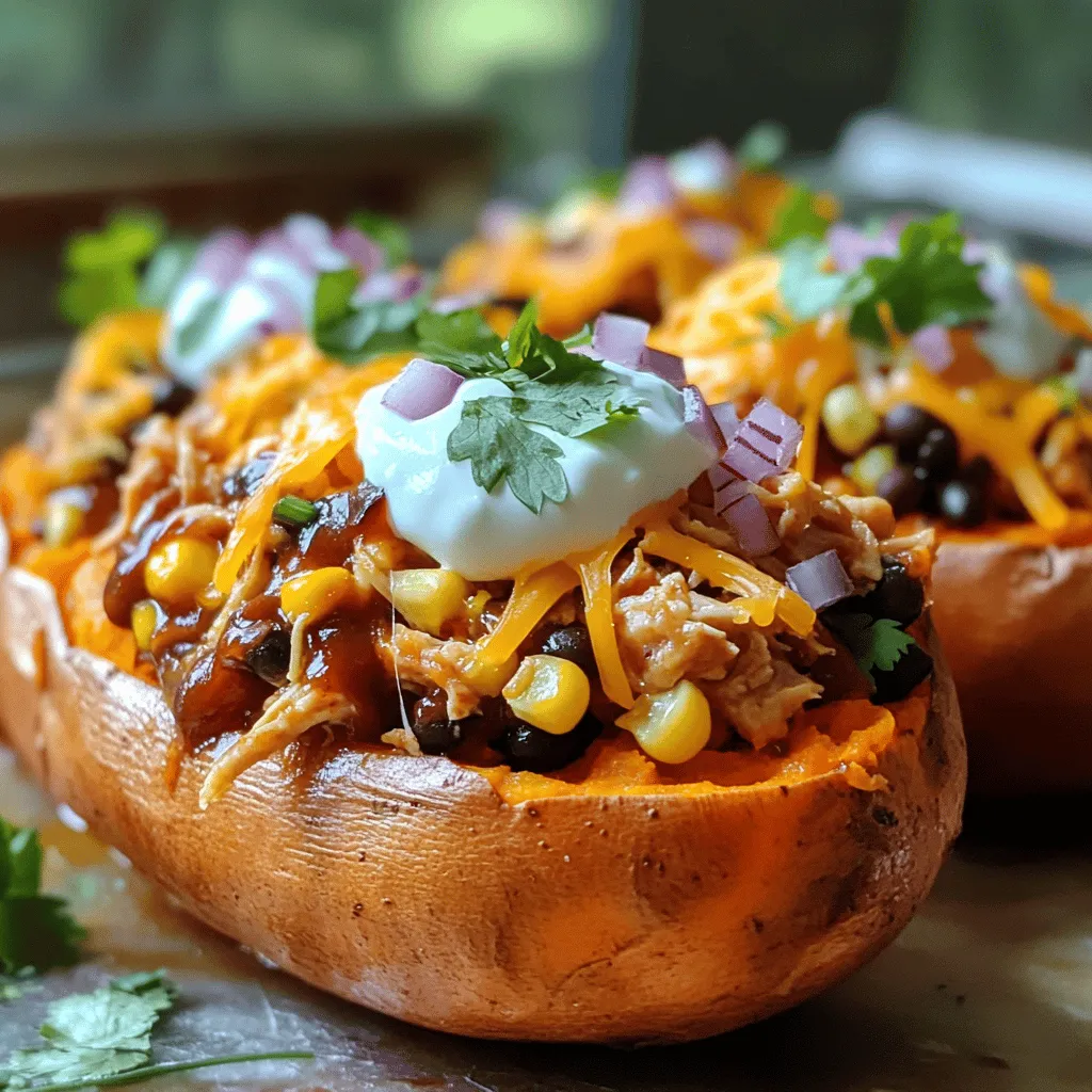 The key to making BBQ chicken stuffed sweet potatoes is gathering fresh, quality ingredients. Here’s what you need: - 4 medium-sized sweet potatoes - 2 cups cooked chicken, shredded - 1 cup BBQ sauce (choose your favorite variety) - 1 cup corn (fresh or canned, drained) - 1 cup black beans, rinsed and drained - 1 cup shredded cheddar cheese - 1/2 red onion, finely chopped - 1 teaspoon smoked paprika - 1/2 teaspoon garlic powder - Salt and pepper to taste - Fresh cilantro, chopped (for garnish) - Sour cream or Greek yogurt (optional for serving) These ingredients work together to create a delicious meal. Sweet potatoes offer a natural sweetness. The shredded chicken adds protein, while the BBQ sauce gives a smoky flavor. Corn and black beans add texture and nutrition. The cheese brings creaminess, and the red onion adds a nice crunch. The spices, like smoked paprika and garlic powder, elevate the taste. Finally, fresh cilantro and sour cream provide a refreshing finish. For the full recipe, check out the detailed instructions on how to bring this dish to life! Start by preheating your oven to 400°F (200°C). This heat is perfect for baking sweet potatoes. Wash the sweet potatoes well under running water. Prick each potato with a fork several times. This helps steam escape while they bake. Place them on a baking sheet. Bake for 45-60 minutes. They should feel soft when you poke them with a fork. In a large bowl, mix the shredded chicken with BBQ sauce. Add the corn, black beans, and red onion. Sprinkle in smoked paprika and garlic powder. Season with salt and pepper. Stir everything until well mixed. You want the chicken to be coated nicely with the sauce. Once the sweet potatoes cool, cut each one down the middle. Use a fork to fluff the insides. This creates space for your filling. Spoon the BBQ chicken mixture into each potato. Pack it in gently for a hearty meal. Now, sprinkle the shredded cheddar cheese on top of each stuffed potato. Place them back in the oven for 10 minutes. Bake until the cheese melts and bubbles. It should look golden and delicious. Let the sweet potatoes rest for a few minutes after baking. Garnish with fresh cilantro. You can add a dollop of sour cream or Greek yogurt for extra flavor. For a fun touch, serve them on a rustic wooden board. Enjoy this tasty meal! For the complete process, check the Full Recipe. Choose medium-sized sweet potatoes for even cooking. Look for firm potatoes with smooth skin. Avoid any with dark spots or soft spots. The sweeter the potato, the better your dish will taste. You can use any cooked chicken for this dish. Leftover rotisserie chicken works great. You can also poach or grill chicken breasts for added flavor. Shred the chicken well to mix easily with the BBQ sauce. For the best cheese melt, use fresh shredded cheese. Pre-shredded cheese contains anti-caking agents that can prevent melting. Spread the cheese evenly over the stuffed potatoes. Bake until bubbly and golden for a perfect finish. Add extra spices to elevate the taste. Consider a sprinkle of chili powder or cumin for warmth. You can also mix in diced jalapeños for heat. Fresh herbs like cilantro add bright flavors. Feel free to experiment and find your favorite twist! {{image_4}} You can switch the chicken for other proteins. Try pulled pork or turkey for a tasty twist. You can also use tofu or tempeh if you want a plant-based option. These choices keep the dish fun and fresh. If you want a veggie-packed meal, skip the meat. Fill the sweet potatoes with roasted veggies like bell peppers, zucchini, and mushrooms. You can add lentils or chickpeas for protein and texture. This makes the meal hearty without meat. The BBQ sauce is key, but you can mix it up. Try teriyaki sauce for a sweet touch. A spicy buffalo sauce can add some heat. If you love a smoky flavor, use chipotle sauce. Each option gives a new taste to your meal. Toppings add flair to your stuffed sweet potatoes. Try fresh avocado slices or jalapeños for a kick. Crumbled feta or goat cheese gives a creamy bite. For a crunchy texture, add crushed tortilla chips or nuts. - Explore healthy substitutes: - Use Greek yogurt instead of sour cream for a protein boost. - Swap cheddar for a lighter cheese like mozzarella. - Add extra greens like spinach or arugula for a fresh crunch. These variations keep BBQ chicken stuffed sweet potatoes exciting and full of flavor. Use your imagination and try new things! To keep BBQ chicken stuffed sweet potatoes fresh, store them in an airtight container. Place the stuffed sweet potatoes in the fridge right after they cool down. They will last for 3 to 5 days. Make sure to keep the BBQ chicken mixture in the potatoes for best flavor. When you’re ready to eat the leftovers, preheat your oven to 350°F (175°C). Place the stuffed sweet potatoes on a baking sheet. Cover them with foil to keep them moist. Heat for about 20 minutes or until they are warm. If you prefer, you can use a microwave. Heat them on a microwave-safe plate for 2-3 minutes, checking to see if they are hot enough. You can freeze BBQ chicken stuffed sweet potatoes if you want to save some for later. Wrap each stuffed sweet potato tightly in plastic wrap, then put them in a freezer bag. They can last up to 3 months in the freezer. When you’re ready to enjoy them, thaw them overnight in the fridge before reheating. This keeps the texture nice and tasty. For the full recipe, check out the earlier section! Yes, you can use other potatoes. Russet potatoes or Yukon gold are great options. They are starchy and will hold the filling well. Just keep in mind that cooking times may differ. Test them by piercing with a fork to check for softness. Making BBQ chicken is easy. Start with boneless chicken breasts or thighs. Season with salt and pepper. Grill or bake until fully cooked. Then, shred the chicken and mix it with your favorite BBQ sauce. This adds great flavor to the stuffed sweet potatoes. Yes, you can prepare this recipe in advance. Cook the sweet potatoes and BBQ chicken mixture. Store them separately in the fridge for up to three days. When ready to serve, just stuff the sweet potatoes and bake to heat through. You can add many toppings. Sliced jalapeños give a spicy kick. Avocado adds creaminess. Chopped green onions bring freshness. You can also use diced tomatoes or extra cheese for more flavor. Get creative with your favorites! Sweet potatoes are fully cooked when they are soft. You can test them by piercing with a fork. If it goes in easily, they are done. The skin may look slightly wrinkled, which is normal. Enjoy them tender and warm! Sweet potatoes make a perfect base for delicious BBQ chicken and mixed flavors. We covered the ingredients, cooking steps, and tips for success. Remember, you can customize with different proteins or sauces. Store leftovers wisely, and don’t hesitate to experiment with toppings. Making stuffed sweet potatoes can be fun and tasty. Enjoy your meal, and get creative in the kitchen!