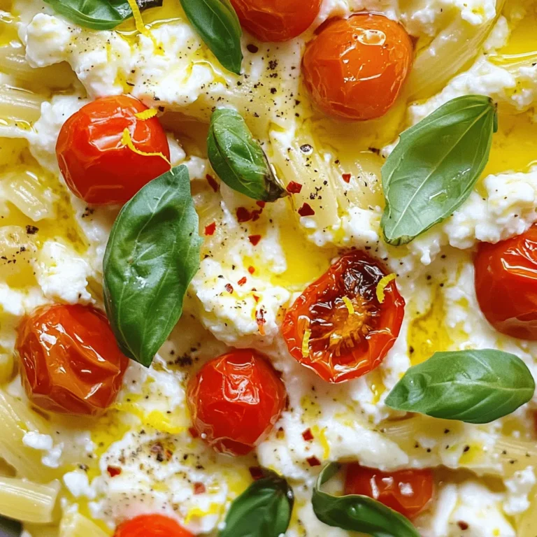 - 1 block (200g) of feta cheese - 300g pasta (penne or fusilli recommended) - 2 cups cherry tomatoes, halved The base of this dish is simple yet flavorful. Feta cheese is the star, giving a creamy texture. The pasta, whether you choose penne or fusilli, holds the sauce well. Cherry tomatoes add sweetness and freshness. - 4 cloves garlic, minced - 1 teaspoon dried oregano - 1 teaspoon red pepper flakes (adjust according to spice preference) - ½ cup extra virgin olive oil Garlic and oregano bring warmth to the dish. The red pepper flakes add a nice kick, while olive oil helps everything blend together. This mix creates a rich flavor profile that elevates the dish. - Fresh basil leaves, for garnish - Zest of 1 lemon - Salt and freshly ground black pepper to taste Garnishes are key for finishing the dish. Fresh basil adds a bright note. The lemon zest brightens the flavors. A touch of salt and black pepper enhances every bite. For the full recipe, check the link provided. First, preheat your oven to 400°F (200°C). This step is key for getting the best flavors. In a large baking dish, combine 2 cups of halved cherry tomatoes, 4 cloves of minced garlic, 1 teaspoon of dried oregano, and 1 teaspoon of red pepper flakes. Pour in ½ cup of extra virgin olive oil. Season generously with salt and freshly ground black pepper. Use your hands or a spoon to toss everything until the tomatoes are well coated. Now, create a well in the center of the mixture. Place 1 block (200g) of feta cheese right in that well. Drizzle a little olive oil over the feta for extra richness. Transfer the baking dish to your oven. Bake for about 30 minutes. You know it’s done when the tomatoes burst and the feta turns golden and creamy. While your feta and tomatoes bake, bring a large pot of salted water to a boil. Cook 300g of pasta, like penne or fusilli, according to the package instructions. Aim for an al dente texture. This means the pasta should be firm but cooked. Drain the pasta, and set it aside. Reserve a small cup of the pasta water for later. Once the baking time is up, carefully remove the dish from the oven. Using a fork, mash the feta cheese and mix it with the roasted tomatoes. Stir until you create a creamy sauce. Add the cooked pasta directly into the baking dish. Gently toss everything together. If the mixture seems thick, add a splash of the reserved pasta water to loosen it up. Incorporate the zest of 1 lemon for a burst of freshness. Taste and adjust the seasoning with more salt and pepper if needed. To serve, plate the pasta hot and garnish with fresh basil leaves. This adds a lovely touch and great aroma. For the full recipe, check out the complete instructions. To make great baked feta pasta, timing is key. Cook your pasta just until it is al dente. This means it should still have a slight bite when you chew it. If you cook it too long, the pasta will get mushy once you mix it with the sauce. Adjusting the sauce's thickness is also important. If your feta-tomato mix seems too thick after baking, add a splash of the reserved pasta water. This helps you get the right creamy texture without losing flavor. Flavor is what makes this dish sing. I suggest adding a bit more seasoning if you want a bolder taste. Try extra oregano or a pinch of garlic powder. Don’t shy away from adding more red pepper flakes if you enjoy heat. Using high-quality ingredients is non-negotiable. Choose a good block of feta cheese that has a rich, creamy texture. Fresh cherry tomatoes give you the best taste and sweetness, making your dish even better. Presentation can elevate your meal. After plating, add fresh basil leaves on top. This not only looks beautiful but adds a fresh aroma. A sprinkle of lemon zest enhances the dish’s visual appeal and adds brightness. Serve it in a big bowl for family-style dining, or plate it individually for a more elegant touch. For more details on how to make this dish, check out the Full Recipe. {{image_4}} You can make baked feta pasta even better with fresh veggies. Adding spinach or zucchini gives it a colorful look and a nice crunch. These veggies cook well and blend with the creamy feta. You can also choose different cheeses. Try goat cheese for a tangy twist or mozzarella for a milder taste. Each cheese adds its unique flavor, which makes the dish more exciting. Not everyone can eat regular pasta. If you need gluten-free options, look for rice or corn pasta. These work just as well and taste great. Whole wheat pasta is another choice. It adds more fiber and has a nutty taste. Using these options keeps the meal healthy and satisfying. You can change the flavor of your baked feta pasta with herbs and spices. Basil, thyme, or rosemary can give a new aroma and taste. If you like heat, try adding cayenne pepper or more red pepper flakes. For a protein boost, mix in cooked chicken, shrimp, or chickpeas. This addition makes the dish heartier and more filling. For the complete recipe, check out the Full Recipe. After enjoying your baked feta pasta, store any leftovers in a cool place. Place them in air-tight containers. This keeps your pasta fresh longer. If you use regular storage containers, the pasta may dry out. Proper storage helps maintain the flavor and texture. When it's time to eat leftovers, you have options. Use the microwave for quick reheating. Place the pasta in a bowl and cover it to keep moisture in. Stir it halfway through for even heating. If you prefer the stovetop, heat it in a pan. Add a splash of water or olive oil. This helps maintain the creamy texture of the sauce. Freezing is great for long-term storage. First, let the pasta cool completely. Then, place it in a freezer-safe container. Make sure to seal it tightly to avoid freezer burn. When you're ready to eat, thaw it overnight in the fridge. Reheat it gently on the stove or microwave for the best results. Baked Feta Pasta stays fresh in the fridge for about three to five days. To keep it tasty, store it in an airtight container. This helps prevent it from drying out. Always let it cool before putting it away. If you want to reheat it, use a microwave or stovetop for best results. Yes, you can easily make Baked Feta Pasta vegetarian. Simply use vegetable broth instead of chicken broth if you want more flavor. You can also add more veggies, like spinach or zucchini, for extra nutrition. Just be sure to check the feta cheese for any animal rennet if you want it to be fully vegetarian. Baked Feta Pasta can be spicy, but that’s up to you! The red pepper flakes add heat. If you like it mild, use less or skip them entirely. You can also add fresh herbs like basil or parsley for flavor without the spice. Adjust the amount to fit your taste! Baked Feta Pasta combines feta, pasta, and fresh tomatoes for a tasty dish. You learned how to prepare, bake, and combine the main ingredients. I shared tips for flavor, texture, and presentation. You can also explore variations to make this meal your own. Lastly, I provided storage tips to keep leftovers fresh. Enjoy your cooking adventure with baked feta pasta!