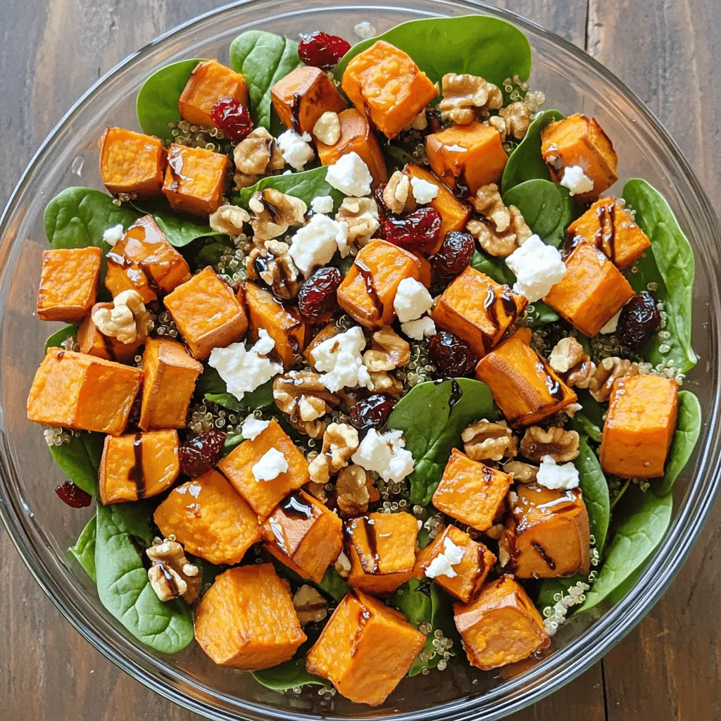 To create a delicious roasted sweet potato salad, you need the right ingredients. Here’s what you will need: - 2 large sweet potatoes, peeled and cubed into bite-sized pieces - 1 tablespoon extra virgin olive oil - 1 teaspoon ground cumin - 1/2 teaspoon smoked paprika - Salt and freshly ground black pepper to taste - 1 cup fresh spinach, roughly chopped - 1/2 cup cooked quinoa, cooled - 1/4 cup dried cranberries - 1/4 cup feta cheese, crumbled - 1/4 cup walnuts, roughly chopped - 2 tablespoons balsamic glaze (for drizzling) These ingredients bring great flavor and nutrition to your salad. Sweet potatoes provide a natural sweetness and are rich in vitamins. The quinoa adds protein, while cranberries and walnuts bring crunch and texture. Feta cheese gives a salty bite that pairs well with the sweet potatoes. If you want the complete recipe, check out the Full Recipe. Each ingredient plays an important role in making this salad both tasty and satisfying. Enjoy the process of mixing these vibrant components to create a dish that’s not just good for you but also a feast for your eyes! First, preheat your oven to 425°F (220°C). This hot temperature helps the sweet potatoes roast well. A hot oven ensures they cook evenly and get that nice, caramelized flavor. Next, we prepare the sweet potatoes. Peel and cube two large sweet potatoes into bite-sized pieces. In a big mixing bowl, add the sweet potatoes. Drizzle one tablespoon of extra virgin olive oil over them. Sprinkle one teaspoon of ground cumin, half a teaspoon of smoked paprika, and salt and pepper to taste. Toss them gently until all the pieces are well coated. This step is key for flavor. Spread the seasoned sweet potatoes in a single layer on a large baking sheet. Roast them in the preheated oven for 25 to 30 minutes. Flip them halfway through for even cooking. They're done when they turn golden brown and feel tender when pierced with a fork. While the sweet potatoes roast, we prepare the salad base. Take a large bowl and mix one cup of chopped fresh spinach, half a cup of cooked quinoa (make sure it's cooled), a quarter cup of dried cranberries, a quarter cup of crumbled feta cheese, and a quarter cup of roughly chopped walnuts. Stir these vibrant ingredients gently to combine them. This mix adds freshness and texture. Once the sweet potatoes are roasted, let them cool slightly. Then, add them to your salad base. Gently toss everything together until you mix it evenly. This step helps distribute the flavors and textures throughout the salad. Just before serving, drizzle two tablespoons of balsamic glaze over the salad. This adds a tangy sweetness that pairs perfectly with the sweet potatoes. For a beautiful presentation, serve the salad in a clear glass bowl. You can also sprinkle some extra feta and walnuts on top to make it look even better. Enjoy your delicious roasted sweet potato salad! Check out the Full Recipe for more details. To make great roasted sweet potatoes, avoid common mistakes. One mistake is not cutting the sweet potatoes into even pieces. If they are uneven, they won’t cook at the same rate. Aim for bite-sized cubes, about one inch thick. Another mistake is overcrowding the baking sheet. This leads to steaming instead of roasting. Make sure to spread them out. Try different seasonings to add flavor. You can use cinnamon for warmth or garlic powder for depth. A sprinkle of cayenne pepper adds a nice kick. Experimenting with herbs like rosemary or thyme can also be fun. To elevate the flavor of your salad, consider adding new dressings or toppings. A lemon-tahini dressing adds a bright touch. You can also try a spicy chipotle dressing for a bold flavor. Serving suggestions can enhance your meal. Pair the salad with grilled chicken or fish for protein. You can also serve it alongside crusty bread for a complete meal. If you love meal prep, this salad is great for you. You can roast the sweet potatoes in advance. Store them in the fridge for up to four days. Keep the salad components separate until you are ready to eat. This keeps everything fresh and crisp. For best storage, use airtight containers. This helps maintain the flavors and textures. When you are ready to eat, just toss everything together and add the dressing. {{image_4}} You can boost the protein in your roasted sweet potato salad. Consider adding chicken, chickpeas, or tofu. - Chicken: Grilled or roasted chicken works well. Dice it into bite-sized pieces. - Chickpeas: For a plant-based option, use canned chickpeas. Rinse and drain them before adding. - Tofu: Use firm tofu. Press it to remove excess water, then cube it and sauté until golden. Incorporate these proteins by mixing them directly into the salad after you add the roasted sweet potatoes. This method keeps the flavors balanced and ensures each bite is satisfying. Adjusting your salad based on the season can keep things fresh and exciting. - Summer: Try adding fresh corn and diced bell peppers. These ingredients add crunch and sweetness. - Winter: Include roasted Brussels sprouts or apples for a cozy twist. You can swap out the spinach for arugula in the summer. This change adds a peppery flavor that pairs well with the sweet potatoes. If you have dietary needs, you can easily adapt this salad. - Vegan: Omit feta cheese or use a vegan cheese alternative. - Gluten-free: Ensure that your quinoa is certified gluten-free. - Nut-free: Replace walnuts with pumpkin seeds or sunflower seeds for crunch. These substitutes keep the salad delicious and safe for everyone to enjoy. Always check labels for allergens. This way, you can eat worry-free and enjoy every bite of your roasted sweet potato salad. To keep your roasted sweet potato salad fresh, use airtight containers. Glass or plastic containers work well. Make sure to cool the salad to room temperature before sealing. This helps prevent moisture buildup. For the best flavor, store the salad in the fridge. The salad lasts for about 3 to 5 days in the fridge. Always check for signs of spoilage. If you see mold or a bad smell, throw it away. It’s better to be safe than sorry when it comes to food. If you want to enjoy the roasted sweet potatoes warm, reheat them gently. Use a microwave on a low setting for about 30 seconds. You can also use an oven at 350°F (175°C) for about 10 minutes. Avoid overheating, as it can change the texture. If you want a different cheese, try goat cheese or cotija. These options give a similar tangy taste. For a dairy-free choice, consider using crumbled tofu or cashew cheese. Both options add creaminess without the dairy. Each choice brings a unique flavor, so feel free to experiment. Roasting sweet potatoes usually takes 25 to 30 minutes. The time may vary based on the size of the cubes. Smaller pieces roast faster, while larger ones need more time. Check them at the 25-minute mark. They should be golden brown and fork-tender when done. Yes, you can use frozen sweet potatoes. They are convenient and save time. Just be sure to thaw them first. This helps them roast evenly. You may need to adjust the cooking time, as frozen potatoes may take a bit longer to cook through. Yes, this salad is gluten-free. All the ingredients, including sweet potatoes, quinoa, and nuts, are safe for gluten-free diets. Just double-check the labels on any packaged items. This way, you can ensure no hidden gluten sneaks in. Enjoy this delicious and nutritious dish without worry! In this post, we explored a tasty roasted sweet potato salad. You learned the key ingredients, from sweet potatoes to nuts. I provided simple steps for preparing and serving this healthy dish. We discussed tips for perfect roasting and ideas for variations to suit your taste. Remember, cooking is about fun and creativity. Don’t hesitate to adapt recipes as you like. Enjoy your salad and the flavors it brings together!