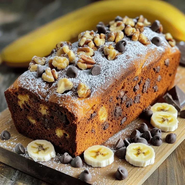 To make the best chocolate chip banana bread, you need these simple ingredients: - 3 ripe bananas, thoroughly mashed - 1/3 cup coconut oil, melted and slightly cooled - 1 teaspoon pure vanilla extract - 1 teaspoon baking soda - A pinch of fine salt - 1/2 cup brown sugar, packed tightly - 1 large egg, beaten - 1 cup all-purpose flour - 1/2 cup semi-sweet chocolate chips - 1/4 cup walnuts, chopped (optional) Using ripe bananas is key. They add natural sweetness and moisture. Coconut oil keeps the bread moist and gives it a lovely flavor. The vanilla extract enhances all the tastes. Baking soda helps the bread rise, while the salt balances the sweetness. Brown sugar adds richness. The egg binds everything together. All-purpose flour gives the bread its structure. Chocolate chips add delicious bursts of chocolate in every bite. If you like nuts, walnuts add a nice crunch and flavor. You can find the full recipe for the chocolate chip banana bread in the next sections. First, set your oven to 350°F (175°C). Grab a 9x5-inch loaf pan. You can grease it with oil or line it with parchment paper. I recommend parchment paper. It helps the bread come out easily. In a large bowl, mash three ripe bananas. Then, add 1/3 cup of melted coconut oil. Mix them well until smooth. Next, add 1 teaspoon of pure vanilla extract. This adds great flavor! Stir everything together until blended. Now it's time for the dry stuff. Add 1 teaspoon of baking soda, a pinch of fine salt, and 1/2 cup of packed brown sugar. Mix these in well. Then, pour in 1 beaten large egg. Stir until it’s all mixed. Next, gently fold in 1 cup of all-purpose flour. Do this until the flour is just mixed in. Be careful not to over-mix. This keeps your bread light and fluffy. Finally, add 1/2 cup of semi-sweet chocolate chips. If you like, toss in 1/4 cup of chopped walnuts for some crunch. Fold them in gently. Now, pour the batter into your prepared loaf pan. Use a spatula to smooth the top. Your batter is ready! To make your chocolate chip banana bread moist, start with ripe bananas. Ripe bananas have more natural sugars and flavors. Look for bananas with brown spots. They blend well and add sweetness. Using coconut oil is another great way to keep your bread moist. It adds a rich flavor and keeps the bread soft. Melt the coconut oil and let it cool slightly before mixing. This helps blend it smoothly with the bananas. The way you mix the batter can affect your bread’s texture. Mix the wet ingredients first until smooth. Then add the dry ingredients. Stir gently when adding flour. Over-mixing can make your bread tough and dense. To check for doneness, insert a toothpick into the center. If it comes out clean, your bread is ready. If it has batter on it, bake for a few more minutes. For an extra flavor boost, consider adding spices like cinnamon or nutmeg. These spices pair well with bananas and chocolate. You can also try adding more chocolate chips or nuts. When serving, presentation matters too. Dust the top with powdered sugar for a sweet touch. Slice the bread and arrange it on a wooden board. Add fresh banana slices and extra chocolate chips for a lovely display. For the full recipe, check out the Choco-Banana Bliss Bread. {{image_4}} To make your chocolate chip banana bread nut-free, simply leave out the walnuts. Instead, you can add seeds for a crunch. Flaxseeds or sunflower seeds work great. They add texture without nuts. You can also add extra chocolate chips for more sweetness and richness. Want to change up the flavor? You can add different types of chocolate. White chocolate or dark chocolate chips will give a unique twist. You can also mix in fruits like blueberries or strawberries. These fruits add freshness and a burst of flavor. Just make sure to adjust the sugar if you add sweet fruits. If you need a gluten-free version, swap the all-purpose flour with gluten-free flour. Many brands offer blends that work well in baking. You can also try almond flour for a nutty taste. Just remember to check your baking time. Gluten-free bread may bake faster or slower. Keep an eye on it! For more details and the full recipe, check out the Choco-Banana Bliss Bread recipe above. Enjoy experimenting with these variations! To keep your chocolate chip banana bread fresh, wrap it tightly in plastic wrap or aluminum foil. This helps to keep moisture in and air out. You can also place it in an airtight container. Store it at room temperature for best results. Avoid putting it in direct sunlight or near heat. If you want to freeze your banana bread, let it cool completely first. Then, wrap it tightly in plastic wrap, ensuring no air gets in. After that, place the wrapped bread in a freezer bag. Make sure to label the bag with the date. To defrost, simply take it out of the freezer and leave it at room temperature for a few hours or overnight. When stored at room temperature, chocolate chip banana bread lasts about 3 to 4 days. If you keep it in the refrigerator, it can stay fresh for about a week. However, refrigeration might change the texture slightly. For the best flavor and moisture, enjoy it within the first few days. For longer storage, freezing is the best option. Yes, you can use frozen bananas in this recipe. First, thaw them completely. Then, mash them up like fresh bananas. The moisture from thawed bananas helps keep the bread moist. Just remember to drain any excess juice before adding them to your mix. If you don't have coconut oil, there are many options. You can use: - Unsalted butter - Vegetable oil - Applesauce (for a healthier twist) - Avocado oil These substitutes will keep your bread moist and tasty, just like coconut oil. Dense banana bread can happen for a few reasons. Here are some common ones: - Over-mixing the batter can lead to density. Mix until just combined. - Using too much flour can weigh it down. Measure carefully. - Not enough ripe bananas can affect the texture. Use fully ripe bananas for the best results. By following these tips, you can avoid a dense loaf. For the full recipe, refer back to the main sections. This article covered how to make delicious banana bread. We looked at key ingredients, step-by-step instructions, and helpful tips. You learned the best ways to store and freeze your bread, too. Remember, using ripe bananas and coconut oil keeps it moist. Experiment with flavors and variations to make it your own. With a few simple steps, you can enjoy tasty banana bread that makes your kitchen smell great. Try this recipe and share it with friends and family for a sweet treat!