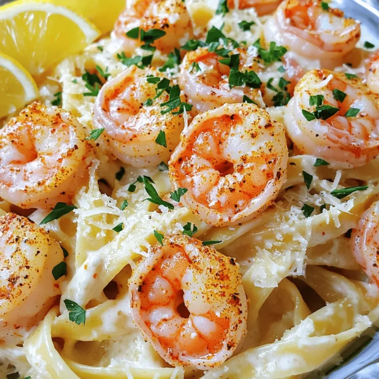 Let’s dive into what you need for this flavorful dish. Each ingredient plays a key role in making Cajun Shrimp Alfredo a true delight. - 8 oz fettuccine pasta - 1 lb large shrimp, peeled and deveined - 2 tablespoons Cajun seasoning - 2 tablespoons olive oil - 3 cloves garlic, minced - 1 cup heavy cream - 1 cup freshly grated Parmesan cheese - 1/4 cup fresh parsley, finely chopped - Salt and black pepper to taste - Lemon wedges, for a zesty garnish The fettuccine pasta gives the dish its heartiness. I prefer large shrimp because they soak up flavors well. Cajun seasoning brings the heat and spice, making this dish pop. Olive oil is perfect for sautéing the shrimp, while garlic adds depth. Heavy cream creates that rich and creamy sauce we crave. The Parmesan cheese melts in beautifully, adding a savory note. Fresh parsley adds color and freshness, while salt and black pepper enhance all the flavors. Finally, lemon wedges brighten every bite. Gather these ingredients, and let’s start cooking! For the full recipe, check the details above. Bring a large pot of salted water to a boil. The water should bubble steadily. Add the fettuccine to the pot. Cook the pasta according to the package instructions. Aim for al dente, which means it should be firm but tender. Once cooked, drain the pasta. Reserve about 1/4 cup of the pasta water. This water will help adjust the sauce later. In a medium bowl, toss the peeled and deveined shrimp with Cajun seasoning. Make sure each shrimp gets a good coating. This seasoning gives the shrimp its bold flavor. You want every bite to burst with flavor. Heat olive oil in a large skillet over medium heat. Wait until the oil shimmers before adding the shrimp. Spread the shrimp in a single layer. Cook for 2-3 minutes on each side. Look for the shrimp to turn pink and opaque. This means they are fully cooked. Once done, remove the shrimp from the skillet and keep them warm on a plate. In the same skillet, add minced garlic. Sauté it for about 30 seconds. You want it fragrant but not burnt. Next, pour in the heavy cream. Stir constantly to blend it with the garlic. Bring the mixture to a gentle simmer. Lower the heat to keep it warm without boiling. Gradually whisk in the freshly grated Parmesan cheese. Continue whisking until the cheese melts and the sauce is smooth. If the sauce is too thick, add some of the reserved pasta water. This helps you reach your desired consistency. Add the cooked fettuccine and shrimp back into the skillet. Toss everything together, ensuring the pasta and shrimp are well coated with sauce. Taste and season with salt and black pepper if needed. Remove the skillet from the heat. Stir in the freshly chopped parsley for color and freshness. Plate the Cajun Shrimp Alfredo right away. Garnish with lemon wedges for a zesty finish. This adds a nice pop of flavor and brightness to your dish. For a lovely presentation, serve the pasta in deep bowls. Place shrimp on top and sprinkle with more parsley. Enjoy your flavorful and creamy delight! For the full recipe, check the details above. Seasoning is key to great Cajun Shrimp Alfredo. The right spices bring warmth and depth. I love using Cajun seasoning for its bold taste. It includes paprika, garlic powder, and cayenne pepper. You can adjust the heat to your liking. Fresh ingredients make a big difference too. Use plump shrimp and fresh garlic. This ensures each bite bursts with flavor. One common mistake is overcooking shrimp. Shrimp cooks fast, so watch them closely. They should turn pink and opaque in just a few minutes. If you cook them too long, they’ll become rubbery. Another mistake is the sauce consistency. A sauce that is too thick can overpower the dish. Too thin, and it won't coat the pasta well. Aim for a creamy texture that clings to every strand. If your sauce is too thick, use reserved pasta water. Add it a little at a time until you reach the right consistency. This also helps the sauce stick to the pasta better. If it’s too thin, add a bit more cheese. Grated Parmesan works wonders for thickening. Balancing flavors is crucial too. Taste as you go, and adjust with salt or lemon juice. This brightens the dish and enhances the overall taste. For the Full Recipe, check your favorite cooking site! {{image_4}} You can swap shrimp for other seafood. Scallops or crab meat taste great too. If you prefer meat, use chicken or sausage. Each option offers a unique twist. You can also change the pasta type. Fettuccine is the classic choice, but penne or linguine work well too. Whole wheat or gluten-free pasta is an option for different diets. Just be sure to adjust cooking times. If you want less spice, use less Cajun seasoning. Start with one tablespoon and taste as you go. You can also add a touch of paprika for flavor without heat. For more heat, try adding cayenne pepper or crushed red pepper flakes. A little goes a long way, so add slowly. Adjusting the spice lets you customize the dish to your taste. Adding vegetables can make this dish even better. You can toss in bell peppers, spinach, or broccoli. They add color and nutrients while keeping it tasty. For more protein options, think about adding tofu or chickpeas. These options provide great texture and flavor. Don't hesitate to mix and match to find your favorite version of Cajun Shrimp Alfredo. For the full recipe, click here: [Full Recipe]. To keep your Cajun Shrimp Alfredo fresh, store it in the fridge. Use airtight containers to prevent moisture loss. Make sure the dish cools down before sealing it. This way, you can avoid soggy pasta. I recommend dividing the leftovers into smaller portions. This makes it easier to reheat only what you need. When you are ready to enjoy your leftovers, use the stovetop or microwave for reheating. The stovetop gives you better control over the heat. Heat it in a skillet on low. Stir it often to warm evenly. If it looks too thick, add a splash of milk or cream to loosen it up. The microwave works too, but be cautious. Heat in short bursts. Stir between each burst to avoid hot spots. Yes, you can freeze Cajun Shrimp Alfredo! However, the shrimp may change texture after freezing. To freeze, let the dish cool completely. Then, pack it in a freezer-safe container or bag. Remove as much air as possible to prevent freezer burn. When you are ready to eat, thaw it in the fridge overnight. Reheat as mentioned before to bring back the creamy goodness. For the best taste, try to eat it within three months. For the complete cooking experience, check out the Full Recipe. Cajun Shrimp Alfredo is a creamy pasta dish that blends Italian and Cajun flavors. It features tender shrimp, seasoned with a mix of spices, served in a rich Alfredo sauce. This dish has roots in both Cajun cooking and classic Italian cuisine. The combination of heat and creaminess makes it a favorite for many. Yes, you can use different pasta types! While fettuccine is traditional, you can try linguine, penne, or even spaghetti. Each pasta shape will hold the sauce differently, giving a unique taste experience. Choose your favorite pasta based on texture and how it pairs with the sauce. The spice level of Cajun Shrimp Alfredo largely depends on the Cajun seasoning you use. Cajun seasoning can range from mild to hot. If you prefer less heat, start with a smaller amount of seasoning. You can always add more to suit your taste. This dish should be flavorful without overwhelming your palate. You can prep elements ahead of time. Cook the pasta and shrimp separately, then store them in the fridge. Make the sauce fresh when you're ready to eat. This keeps the pasta from becoming soggy. If you need to reheat, do so gently to maintain its creamy texture. Cajun Shrimp Alfredo pairs well with several side dishes. Consider a simple green salad with a lemon vinaigrette. Garlic bread is also a great choice for scooping up that creamy sauce. For a heartier meal, you can serve it with roasted vegetables or steamed asparagus to add some crunch. This blog post guides you through making Cajun Shrimp Alfredo. You learned about essential ingredients, cooking techniques, and storage tips. I hope the simple steps help you create a tasty meal. Remember, fresh ingredients and proper seasoning boost flavor. Avoid common mistakes like overcooking the shrimp. If you change the ingredients, you still keep the dish delicious. With practice, you’ll master this recipe. Enjoy sharing this meal with friends and family!