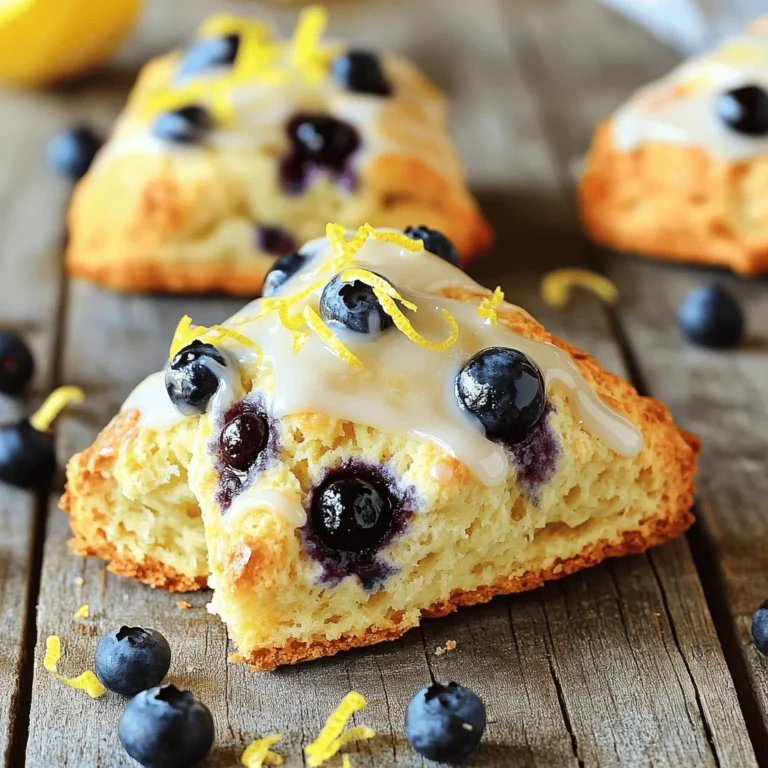 To make these lovely lemon blueberry scones, you'll need: - 2 cups all-purpose flour - 1/4 cup granulated sugar - 1 tablespoon baking powder - 1/2 teaspoon salt - 1/2 cup unsalted butter, chilled and cut into small cubes - 1 cup fresh blueberries (frozen may be used if fresh aren't available) - Zest of 1 large lemon - 1/4 cup heavy cream - 1 large egg - 1 tablespoon freshly squeezed lemon juice - 1 teaspoon vanilla extract Measuring your ingredients is key for great scones. Use a kitchen scale for the flour. If you don’t have a scale, scoop and level the flour with a spoon. For sugar, any granulated type works fine. If you want a healthier option, consider using coconut sugar. You can also swap unsalted butter for margarine, but the taste may change slightly. If you can’t find fresh blueberries, frozen ones are a suitable option. Just remember to avoid thawing them before adding them to the dough. Fresh ingredients make a big difference in flavor. The lemon zest adds brightness, while fresh blueberries burst with juicy sweetness. Using quality butter gives scones their rich taste. If your ingredients are old, your scones might not rise as well or taste as good. Always check the freshness of your baking items for the best results. Good quality ingredients lead to the best Lemon Blueberry Scones. For the complete recipe, check out the Full Recipe section. First, preheat your oven to 400°F (200°C). This step is crucial for perfect scones. While the oven heats, line a baking sheet with parchment paper. This keeps the scones from sticking and makes cleanup easy. In a large bowl, sift together the dry ingredients. Use 2 cups of all-purpose flour, 1/4 cup of granulated sugar, 1 tablespoon of baking powder, and 1/2 teaspoon of salt. Whisk these together until they blend well. This airiness helps the scones rise. Now, it’s time to add the butter. Use 1/2 cup of unsalted butter, cold and cut into small cubes. Add these cubes to your flour mix. Use your fingertips or a pastry cutter to blend the butter into the flour. You want a coarse crumb texture with small butter bits still visible. This is what makes the scones flaky and tender. Next, gently fold in 1 cup of fresh blueberries and the zest of one large lemon. Be careful not to crush the blueberries; we want them whole for bursts of flavor in each bite. The zest adds a nice lemony kick that pairs perfectly with the blueberries. For the wet ingredients, whisk together 1/4 cup of heavy cream, 1 large egg, 1 tablespoon of fresh lemon juice, and 1 teaspoon of vanilla extract in a separate bowl. Then, pour this mixture into the dry ingredients. Stir gently until just combined. The dough should be slightly sticky but hold together. Now, turn the dough onto a floured surface. Knead it gently a few times to bring it together. Pat it into a disc about 1 inch thick. Cut the disc into 8 wedges and place them on the baking sheet, spaced about 2 inches apart. Bake for 15-20 minutes until golden brown. That’s it! You’ve made Lemon Blueberry Scones with ease. For the full recipe, check the section above. To get the right texture, keep your butter cold. Use chilled butter for the best scones. When mixing, stop as soon as the dough comes together. Overmixing makes scones tough. Aim for a dough that is slightly sticky, but holds its shape. Make sure to space the scones about two inches apart on the baking sheet. This allows hot air to circulate and bake them evenly. Keep an eye on them as they bake. If they start to brown too quickly, lower the heat slightly. Serve your scones warm for the best taste. A drizzle of lemon glaze adds sweetness and a nice touch. You can make the glaze by mixing powdered sugar with fresh lemon juice. Garnish with lemon zest and a few blueberries for a pretty presentation. For the full recipe, check out the Lemon Blueberry Delight Scones. {{image_4}} You can easily modify this recipe to fit different dietary needs. If you're gluten-free, use a gluten-free flour blend. For a dairy-free version, substitute the butter with coconut oil and the heavy cream with almond milk. If you need to avoid eggs, replace the egg with a flax egg, which is made by mixing one tablespoon of flaxseed meal with three tablespoons of water. Let it sit for five minutes to thicken. Lemon and blueberry is a classic mix, but you can explore other flavors too! Try adding raspberries for a berry medley, or incorporate chopped nuts for a crunchy bite. If you enjoy spices, a pinch of cinnamon or cardamom can add warmth. For a tropical twist, consider adding shredded coconut or even diced mango. Take your scones to a new level with creative twists. You could drizzle a lemon glaze over the cooled scones for extra sweetness. Another idea is to add a cream cheese filling before baking, creating a surprise in every bite. You can also shape your scones into mini rounds or use a cookie cutter for fun shapes. Experiment with different citrus zest, like orange or lime, for fresh flavor changes. Explore these variations to find your perfect scone delight! For the complete recipe, check out the Full Recipe. To keep your leftover scones fresh, place them in an airtight container. They stay good at room temperature for up to two days. If you live in a humid area, put them in the fridge. This helps to avoid moisture and keeps them fluffy. You can freeze scones for later enjoyment. First, let them cool completely. Wrap each scone tightly in plastic wrap, then place them in a freezer bag. They last up to three months in the freezer. When you're ready to enjoy, just pull them out and thaw them at room temperature. To reheat your scones, preheat your oven to 350°F (175°C). Place the scones on a baking sheet. Warm them for about 5 to 10 minutes. This helps to restore their fluffy texture. You can also microwave them for 15-20 seconds for a quick option, but they won’t be as crispy. For the best flavor, enjoy them warm! For detailed steps on making these delightful scones, check out the Full Recipe. Many ask, "What makes these scones so fluffy?" The key is how you mix the dough. You want to mix until just combined. Overmixing makes them tough. Another common question is, "Can I use frozen blueberries?" Yes! They work great. Just add them straight from the freezer. You might wonder how to make smaller or larger scones. To make mini scones, cut the dough into smaller wedges. For larger scones, form fewer, bigger wedges. You need to adjust the baking time, too. Mini scones may bake in 10-12 minutes, while larger ones may need 20-25 minutes. Always look for a nice golden color. I recommend serving these scones warm. They taste best fresh from the oven. Pair them with a cup of tea or coffee. A drizzle of lemon glaze adds sweetness. For a fruity touch, serve with fresh fruit or jam. You can find the full recipe to explore more ideas! We've covered the key ingredients for making delicious lemon blueberry scones, emphasizing fresh choices. You learned step-by-step instructions, plus tips for the best texture and even baking. Variations can suit your diet and spark creativity. Storing and reheating tips help keep scones fresh. Remember, great scones start with quality ingredients and a little care. Enjoy crafting your perfect batch!