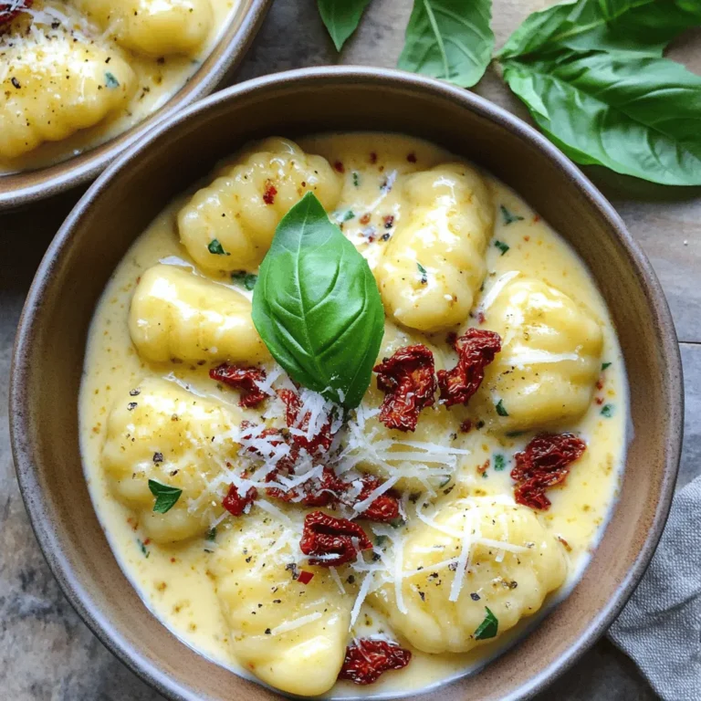 - 1 lb store-bought gnocchi - 1 cup sun-dried tomatoes, chopped - 2 cups heavy cream - 1/2 cup grated Parmesan cheese (plus extra for garnish) - 2 tablespoons olive oil - 3 garlic cloves, minced - 1/2 teaspoon red pepper flakes (optional) - Salt and black pepper to taste - 1/4 cup fresh basil, chopped This dish starts with simple, fresh ingredients. The gnocchi gives a soft and fluffy texture. I love using store-bought gnocchi for quick meals. Sun-dried tomatoes add a rich, tangy flavor. Their sweetness pairs well with cream. Heavy cream forms the base of the sauce. It makes the dish rich and smooth. Parmesan cheese adds a salty umami kick. I always recommend using freshly grated cheese for the best taste. Olive oil brings a lovely depth and helps sauté the garlic. Garlic is a must in this recipe. It adds warmth and aroma. Red pepper flakes can spice things up if you like heat. Adjust the amount based on your taste. Finally, fresh basil brings brightness to this dish. Its vibrant green color also makes it look beautiful. These ingredients blend to create a creamy, flavorful delight. You can find the Full Recipe for detailed steps on how to bring it all together. Start by bringing a large pot of salted water to a rolling boil. The salt will help flavor the gnocchi. Gently add the gnocchi to the pot. Stir them lightly to stop sticking. Cook until they float to the surface. This usually takes about 2-3 minutes. Once they float, they are ready. Drain the gnocchi and set them aside. Next, grab a large skillet and heat the olive oil over medium heat. When the oil shimmers, add the minced garlic and red pepper flakes. Sauté for about a minute. Be careful not to burn the garlic; it should smell fragrant. Then, stir in the chopped sun-dried tomatoes. Cook for another 2-3 minutes. This warms them and releases their rich flavor. Now it’s time for the cream! Pour in the heavy cream while stirring. Bring the mixture to a gentle simmer. Let it thicken slightly for about 4-5 minutes. Stir it occasionally to keep it smooth. After that, gradually add the grated Parmesan cheese. Stir constantly until the cheese melts and blends well. Season with salt and freshly ground black pepper to taste. It’s almost done! Gently fold the cooked gnocchi into the sauce. Toss them carefully to coat each piece. Heat everything together for about 2 minutes. This ensures the gnocchi are warm and well-coated. Finally, remove the skillet from the heat. Mix in the chopped fresh basil. This adds a burst of flavor and freshness to your dish. For the complete process, check the Full Recipe. Enjoy your creamy sun-dried tomato gnocchi! To get the best texture in your gnocchi, avoid overcooking them. Cook them just until they float. This usually takes about two to three minutes in boiling water. After cooking, drain them right away. Keep them warm while you make the sauce. Stirring the sauce is key for a smooth blend. As you mix, you prevent any lumps from forming. This helps the cream sauce stay creamy and coats the gnocchi well. To boost flavor, consider adding more spices. A pinch of Italian seasoning or a dash of lemon zest can make a big difference. Fresh herbs like thyme or oregano also add nice notes. Using homemade gnocchi can really enhance the taste. When you make it, you control the flavors and texture. Plus, fresh gnocchi cooks up light and fluffy, giving your dish that gourmet touch. Serve your creamy sun-dried tomato gnocchi in shallow bowls. This keeps the sauce visible and inviting. A sprinkle of extra Parmesan on top adds a lovely finishing touch. For garnishing, fresh basil leaves work wonders. They add color and a fresh taste. You can also drizzle a little olive oil on top for shine. This makes the dish look as good as it tastes. {{image_4}} You can easily change the recipe to fit your needs. If you prefer a gluten-free option, try using gluten-free gnocchi. Many brands offer tasty alternatives that work well in this dish. For a lighter version, consider using half-and-half or coconut cream instead of heavy cream. This swap cuts the fat while still keeping a creamy texture. Want to add protein? Chicken and shrimp are great options. Cook them in the skillet before adding the sun-dried tomatoes. This way, your protein absorbs all the flavors of the dish. If you want a meat-free choice, try chickpeas. They add a nice protein boost and pair well with the creamy sauce. Adapt this dish to the seasons with fresh veggies. In spring, add peas or asparagus. In the fall, try roasted butternut squash. These seasonal ingredients bring extra flavor and color. For special occasions, think about adding festive spices, like nutmeg or sage, to the cream sauce. These small changes can really impress your guests. Explore all these variations to make your creamy sun-dried tomato gnocchi a personal favorite. For the complete guide, check out the Full Recipe. To store leftover gnocchi and sauce, let them cool first. Place the gnocchi and sauce in separate containers. Use airtight containers to keep them fresh. You can store them in the fridge for up to three days. When reheating, add a splash of cream or water to help the sauce stay creamy. You can freeze gnocchi before or after cooking. If you freeze them raw, spread them on a baking sheet. Freeze until firm, then transfer to a freezer bag. Cooked gnocchi can also freeze well. Just make sure the sauce is cooled before freezing. To thaw, place frozen gnocchi in the fridge overnight. For best results, reheat the gnocchi in a pan with a little cream or water. This keeps their texture nice and smooth. Enjoy your creamy sun-dried tomato gnocchi anytime with these simple tips! You can tell gnocchi is ready when it floats. Watch for this sign while cooking. Gnocchi should feel soft yet firm, not mushy. If you bite into one, it should have a slight spring. This means they are perfect and ready to enjoy. Yes, you can prepare this dish in advance. Cook the gnocchi and make the sauce separately. Store them in airtight containers in the fridge. Reheat the sauce gently, then add the gnocchi before serving. This way, the flavors stay fresh and vibrant. Pair this dish with a simple green salad. A fresh arugula salad with lemon dressing works well. You can also serve garlic bread on the side. This adds a crunchy contrast to the creamy gnocchi. Absolutely! This dish is great for meal prep. Store the gnocchi and sauce separately in the fridge. Enjoy them within 3 to 4 days for the best taste. You can also freeze the sauce for longer storage. Just thaw and reheat when you’re ready. You can find the Full Recipe for creamy sun-dried tomato gnocchi above. It gives detailed steps and all the ingredients you need to create this delicious dish. In this blog post, we explored the creamy sun-dried tomato gnocchi recipe. You learned the key ingredients, step-by-step cooking instructions, and helpful tips. I also shared ways to customize the dish and how to store any leftovers. Remember, you can always adapt this recipe to fit your taste. Enjoy creating a delicious meal that everyone will love. Happy cooking!