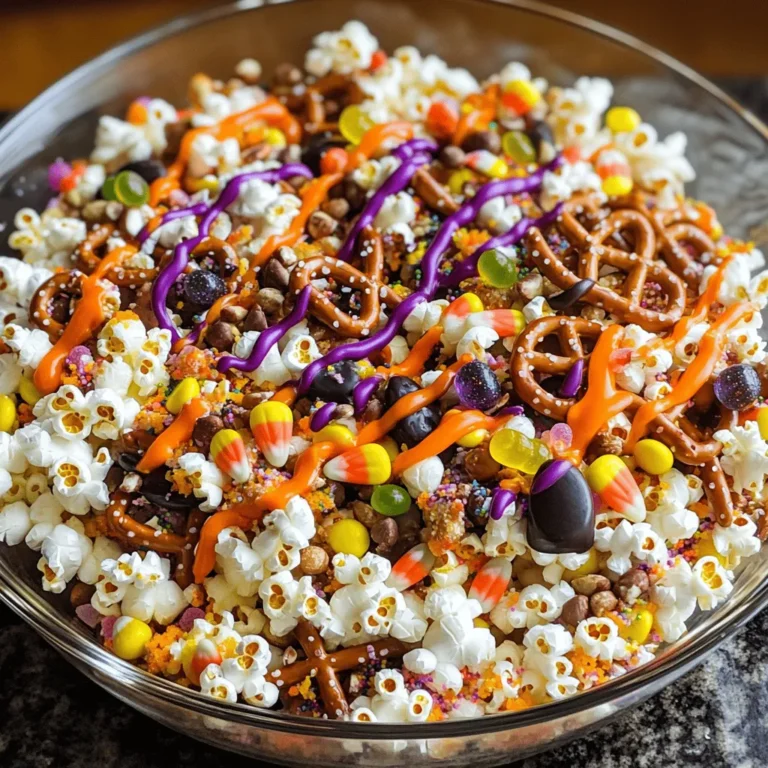 To create a fun Spooky Halloween Snack Mix, gather the following ingredients: - 2 cups popcorn (popped) - 1 cup pretzel sticks - 1 cup candy corn - 1 cup chocolate-covered pretzels - 1 cup mixed nuts (almonds, peanuts, cashews) - 1 cup Halloween-themed gummy candies (worms, spiders, etc.) - 1/2 cup orange candy melts - 1/2 cup purple candy melts - 1 teaspoon sea salt - Optional decorations: edible glitter or Halloween-themed sprinkles Each item brings its own flavor and texture. The popcorn adds lightness, while pretzel sticks give a salty crunch. Candy corn offers sweetness, and chocolate-covered pretzels add richness. The mixed nuts introduce a savory element, and gummy candies bring fun shapes and tastes. The candy melts are key for that spooky look. Melted orange and purple candy create an eye-catching drizzle that makes this mix a true Halloween treat. Feel free to adjust the quantities or swap some ingredients. You can make this mix your own. For the full recipe, check the earlier section. Enjoy making this festive snack! - Mix the Base Ingredients: In a large bowl, add the popcorn, pretzel sticks, candy corn, chocolate-covered pretzels, mixed nuts, and gummy candies. This mix is fun and colorful! - Toss for Even Distribution: Use your hands or a spatula to gently toss everything together. You want the flavors to mix well without breaking anything. - Use Microwave-Safe Bowls: Grab two separate microwave-safe bowls. One is for orange melts, and the other is for purple melts. This keeps it organized. - Heating Instructions: Microwave each bowl for 30 seconds. After each time, stir until the candy is smooth. Repeat until melted. This step makes your mix pop with color! - Pouring the Melted Candy: Start with the orange candy. Drizzle it over the snack mix. Let it cover as much as possible. Then, do the same with the purple candy. The colors create a spooky swirl! - Seasoning with Sea Salt: Evenly sprinkle sea salt over the snack mix. This little touch makes the sweet flavors stand out. It’s a simple yet tasty step! Now you have a delightful spooky snack mix ready to enjoy! For the full recipe, check out the complete instructions. - Recommended Mixing Tips: Mix the snack base gently. You want all flavors to blend well. Avoid crushing the pretzels or popcorn. - Balancing Sweet and Savory Elements: Use sea salt to enhance the sweetness. This balance makes each bite exciting. Try adding more nuts for a rich taste. - Creative Serving Suggestions: Serve in orange or black bowls. Use clear bags tied with spooky ribbons for gifts. - Thematic Decoration Options: Add plastic spiders or toy bats to your serving dish. This will impress your guests. You can even use fake cobwebs for a haunted look. - Incorporating Seasonal Elements: Add pumpkin spice or cinnamon to the mix. It adds a cozy fall flavor. - Fun Add-ins for a Festive Twist: Try using Halloween-themed marshmallows or candy eyes. These will make your mix extra fun and spooky. You can find the full recipe for this delightfully spooky treat above. {{image_4}} You can get creative with your spooky snack mix. Adding different nuts or snacks makes it more fun. Try using: - Almonds - Peanuts - Cashews - Sunflower seeds - Flavored chips These options change the taste and crunch. You can also use various gummy candies. Instead of just worms or spiders, think about: - Gummy bears - Sour gummies - Candy eyeballs Mixing these can bring new flavors and excitement. If you want to make this snack mix gluten-free, swap the pretzel sticks for gluten-free options. You can use rice cakes or gluten-free crackers. For a vegan alternative, choose dairy-free chocolate-covered pretzels. You can also use vegan candy melts for the drizzle. These small changes help everyone enjoy the mix. This mix isn’t just for Halloween! You can make Christmas or Thanksgiving variants. For Christmas, add red and green candies. Use peppermint bark for a festive flair. For Thanksgiving, mix in autumn-themed candies like pumpkins or acorns. You can also make it for birthday celebrations. Choose colors that match the birthday theme. This makes your snack mix suitable all year round! - Airtight Containers: Store your spooky snack mix in airtight containers. This keeps it fresh and crunchy. - Keeping Freshness: Avoid exposure to air and moisture. This prevents the mix from getting soggy or stale. - How Long It Lasts: General Guidelines: If stored properly, your spooky snack mix lasts about 1-2 weeks. Check for any off smells or textures before eating. - Can You Freeze Snack Mix?: Yes, you can freeze it! Place it in a freezer-safe bag or container. This helps keep it fresh longer. - Best Ways to Restore Texture: When ready to eat, let the mix thaw at room temperature. This helps keep its original crunch. Avoid microwaving, as it may make it chewy. A Spooky Halloween Snack Mix is a fun treat for Halloween. It combines sweet and salty snacks. Common ingredients include: - 2 cups popcorn (popped) - 1 cup pretzel sticks - 1 cup candy corn - 1 cup chocolate-covered pretzels - 1 cup mixed nuts (almonds, peanuts, cashews) - 1 cup Halloween-themed gummy candies (like worms and spiders) - 1/2 cup orange candy melts - 1/2 cup purple candy melts - 1 teaspoon sea salt This mix is colorful and festive. You can even add edible glitter or Halloween sprinkles for extra fun. To make your snack mix less sweet, focus on the salty components. Here are some tips: - Use less candy corn and chocolate-covered pretzels. - Add more pretzel sticks or mixed nuts. - Consider adding popcorn without any coating. - Use a pinch of sea salt to balance the flavors. These changes will help create a mix that is not overly sweet. You can also use dark chocolate instead of milk chocolate for a richer taste. Yes, you can make this snack mix ahead of time. Here’s how: - Prepare the mix up to two days in advance. - Store the mix in an airtight container. - Keep it in a cool, dry place to maintain freshness. This way, you can enjoy your Spooky Halloween Snack Mix whenever you want. It will still be tasty and fun! For the full recipe, check out the section above. This blog post explains how to create a fun and spooky Halloween snack mix. You learned about the key ingredients, preparation steps, and tips to enhance flavor and presentation. I shared variations for different dietary needs and themes, plus storage tips to keep your mix fresh. Making snack mixes can be a fun project. Customize it for any occasion, and enjoy sharing it with friends and family! With simple steps, you’ll have a delicious treat everyone will love.