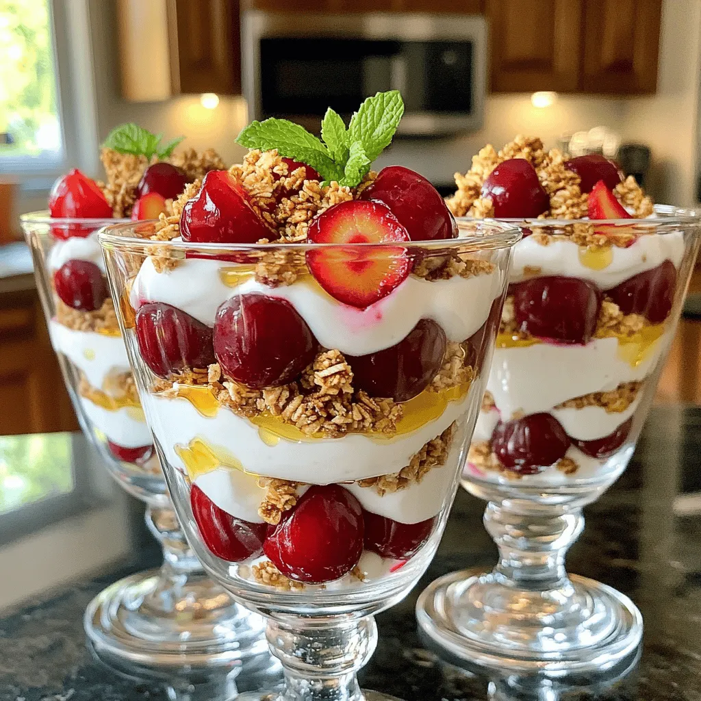 - 2 cups Greek yogurt - 1 cup fresh cherries, pitted and halved - 1/2 cup granola Greek yogurt serves as the base. It gives the parfait its creamy texture. You can use plain yogurt for a tangy taste or vanilla for sweetness. Fresh cherries add a burst of flavor. They are juicy and sweet, making them perfect for this dish. Granola adds a nice crunch. Choose your favorite variety to enhance the flavor. - 2 tablespoons honey or maple syrup - 1 teaspoon vanilla extract - A pinch of cinnamon You can sweeten the yogurt with honey or maple syrup. Adjust the sweetness to your liking. Adding vanilla extract brings out a warm aroma. A pinch of cinnamon can add a cozy spice. These add-ins can elevate the yogurt's flavor, making it even more delicious. - Fresh mint leaves - Additional toppings Garnishing with fresh mint makes the parfait look pretty. It adds a pop of color and freshness. You may also add more toppings like nuts or seeds for extra texture. These simple touches can make your parfait stand out even more. For the full recipe, check the section above! - In a mixing bowl, combine 2 cups of Greek yogurt, 2 tablespoons of honey, 1 teaspoon of vanilla extract, and a pinch of cinnamon if you like. - Stir the ingredients well until the mixture is smooth and creamy. This step is key for a rich texture. - Start your parfait by adding a generous spoonful of the yogurt mixture at the bottom of your serving glass. - Next, add a layer of the halved fresh cherries on top of the yogurt. Their sweetness will shine through. - Follow this with a sprinkle of granola. This adds a nice crunch to each bite. - Repeat the layering process. Add another layer of yogurt, then more cherries and granola. - Keep layering until your glass is full, ensuring the top showcases a colorful mix of cherries and granola. - Before serving, place a fresh mint leaf on top. This not only looks good but adds a fresh touch. For the complete recipe, check the [Full Recipe]. For the best Cherry Greek Yogurt Parfaits, start with the yogurt. You can choose plain or flavored Greek yogurt. Plain yogurt gives a nice tartness. Flavored options, like vanilla, add a sweet touch. Next, consider fat content. Full-fat yogurt is creamy and rich. Low-fat yogurt has fewer calories but is still tasty. Pick what suits your taste and diet goals. You might want to adjust sweetness levels in your parfait. Adding honey or maple syrup can help. Start with a small amount and taste as you go. You can always add more if needed. Using seasonal fruits can boost flavor too. Fresh cherries are perfect for summer. In fall, consider apples or pears. In winter, try citrus fruits for a zesty twist. Your glassware matters for presentation. Tall, clear glasses show off the layers well. You can also use small jars for a rustic feel. Make sure they are clean and dry before use. For accompaniments, consider serving with herbal tea or coffee. A light snack like nuts or dark chocolate pairs nicely too. These options round out the experience and make it special. For the full recipe, check the Cherry Greek Yogurt Parfaits 🥄 section above. {{image_4}} You can switch up the fruit in your parfaits. Berries are a great choice. Strawberries, blueberries, and raspberries work well. They all add a burst of flavor. You can also use stone fruits like peaches or plums. These fruits bring a sweet and juicy taste to your dish. If you need vegan options, use plant-based yogurt. Almond or coconut yogurt is tasty. For granola, look for gluten-free brands. They add crunch without the gluten. These swaps make the parfait friendly for more diets. Want to change the flavor? Add spices like nutmeg or ginger. A few drops of almond extract can also enhance taste. For a warm cherry flavor, cook the cherries down into a compote. Just simmer them with a bit of sugar until soft. Add this layer for a delicious twist. The Cherry Greek Yogurt Parfaits can last in the fridge for up to three days. Store them in an airtight container to keep them fresh. Glass jars work well because they seal tightly and let you see the layers. You can use plastic containers too, but make sure they close securely. You can freeze these parfaits, but it may change the texture. The yogurt can become icy, and the granola might get soggy. If you decide to freeze, layer the yogurt and cherries without granola. This way, you can add fresh granola after thawing. When ready to eat, let the parfait thaw in the fridge overnight. Serve it once it's soft, and add the granola just before enjoying. To keep your parfait crunchy, store granola separately until serving. Mix it in right before you eat. This keeps it from getting soggy. Also, layer the parfaits carefully. This helps maintain the visual appeal and keeps the layers fresh longer. To make Cherry Greek Yogurt Parfaits, follow these simple steps: 1. Start with Greek yogurt in a bowl. 2. Mix in honey or maple syrup, vanilla extract, and a pinch of cinnamon. 3. Stir until the mixture is smooth and creamy. 4. Choose serving glasses and add a layer of yogurt at the bottom. 5. Add fresh cherries on top of the yogurt. 6. Sprinkle granola for some crunch. 7. Repeat these layers until glasses are full. 8. Finish with a mint leaf on top for a nice touch. This method gives you a tasty treat with layers of flavor and texture. You can find the Full Recipe for the exact amounts and instructions. Greek yogurt is a powerhouse of nutrition. Here are some key benefits: - High in Protein: Greek yogurt has more protein than regular yogurt. This helps you feel full longer. - Low in Sugar: It usually contains less sugar than other yogurts. This is great for your health. - Rich in Calcium: Calcium keeps your bones strong and healthy. - Contains Probiotics: These are good bacteria that help digestion. They can also boost your immune system. Eating Greek yogurt is a smart choice for a healthy diet. Yes, you can prepare Cherry Greek Yogurt Parfaits ahead of time. Here are some tips: - Layer Carefully: Build your parfaits in jars. This keeps layers intact. - Use Airtight Containers: Store parfaits in airtight jars to lock in freshness. - Add Granola Later: Keep granola separate until serving. This helps it stay crunchy. Making these parfaits in advance saves time and lets you enjoy a quick, healthy treat. In this post, we explored how to make delicious Cherry Greek Yogurt Parfaits. We detailed the main ingredients, including Greek yogurt, fresh cherries, and granola. You learned layering techniques and garnishes to enhance presentation. We also discussed tips for choosing yogurt and flavoring your parfaits. To wrap up, this recipe is simple and adaptable. Enjoy customizing it to fit your taste. Perfect for breakfast or a snack, these parfaits will impress everyone.