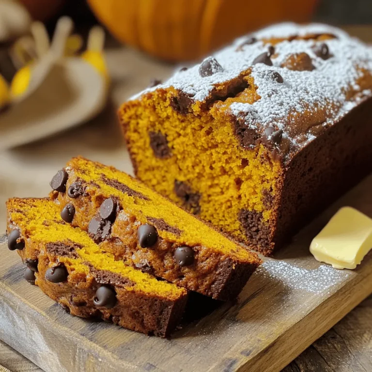 - 1 cup canned pumpkin puree - 1/2 cup vegetable oil (or melted coconut oil) - 1 cup granulated sugar - 1/2 cup packed brown sugar - 2 large eggs - 1 teaspoon pure vanilla extract - 1 1/2 cups all-purpose flour (you can use half whole wheat flour) - 1 teaspoon baking soda - 1/2 teaspoon baking powder - 1 teaspoon ground cinnamon - 1/2 teaspoon ground nutmeg - 1/4 teaspoon ground ginger - 1/2 teaspoon fine salt - 1 cup semi-sweet chocolate chips - 1/2 cup chopped walnuts (optional) Picking the best canned pumpkin puree Choose a brand without added sugar or spices. Look for 100% pumpkin puree for the best taste. Selecting chocolate chips for richness Use semi-sweet chocolate chips for a perfect balance of sweet and rich. Dark chocolate can add a nice kick. Freshness of spices for enhanced flavor Check the dates on your spice jars. Fresh spices boost the bread’s aroma and taste. Always use ground spices instead of whole ones for this recipe. First, preheat your oven to 350°F (175°C). This helps the bread bake evenly. While the oven warms up, grab a standard 9x5 inch loaf pan. Grease it well with butter or cooking spray. This step stops the bread from sticking. You want it to come out whole and pretty. For this recipe, you will need a few tools: - A large mixing bowl - A whisk for blending - Measuring cups and spoons - A spatula or wooden spoon - A toothpick for testing doneness - A wire rack for cooling In a large mixing bowl, add the canned pumpkin puree, vegetable oil, granulated sugar, brown sugar, eggs, and vanilla extract. Use your whisk to blend these well. You want a smooth and creamy mix. This mixture gives the bread its rich flavor and moist texture. Next, take a separate bowl for your dry ingredients. In that bowl, sift together the all-purpose flour, baking soda, baking powder, ground cinnamon, ground nutmeg, ground ginger, and fine salt. Sifting helps mix these well and adds air to the flour. It makes your bread light and fluffy. Now, you need to combine the wet and dry mixes. Gradually add the dry mix to the wet mixture. Use your spatula or wooden spoon to stir gently. You do not want to overmix. A few lumps are okay; they will bake out. Now it’s time to bake! Pour your thick, chocolate chip-laden batter into the prepared loaf pan. Use the spatula to smooth the top. Place the loaf pan in the preheated oven. Bake for 60-65 minutes. To check if the bread is done, use a toothpick. Insert it into the center of the bread. If it comes out clean or with a few moist crumbs, it’s ready. If not, bake a bit longer. After baking, take the bread out of the oven. Let it cool in the pan for about 10 minutes. This makes it easier to remove. After that, transfer the bread to a wire rack. Cooling it completely helps keep its soft texture. These steps will help you create a wonderful Chocolate Chip Pumpkin Bread. Follow the full recipe to ensure you don't miss any details! Baking can be tricky. Here are some tips to help you succeed: - Preventing common baking mistakes: Overmixing can make the bread tough. Mix just until combined. Use fresh ingredients, especially baking powder and soda. Check their expiration dates to avoid flat bread. - Achieving the ideal texture: Your batter should be thick but pourable. If it's too thick, add a bit of water or milk. If it’s too runny, add a little flour. The bread should be moist but not soggy. You want your bread to taste great and look good. Here are some ideas: - Serving suggestions for a delightful experience: Serve your warm bread with butter or cream cheese. It pairs well with a hot cup of tea or coffee. For a fun twist, add a scoop of vanilla ice cream on the side. - Suggested toppings or accompaniments: You can sprinkle powdered sugar on top. A drizzle of chocolate ganache adds sweetness and style. Consider serving it alongside fresh fruit like apple slices or pears for a refreshing touch. For the complete recipe, check the full recipe section above! {{image_4}} You can make your chocolate chip pumpkin bread healthier in a few ways. First, try substituting whole wheat flour for half of the all-purpose flour. This adds fiber and nutrients without losing flavor. Whole wheat flour can make the bread a bit denser, but it will still taste great. Another way to lighten the recipe is by reducing the sugar. You can cut the granulated sugar by a third. You can also use natural sweeteners like honey or maple syrup. These choices can bring extra flavor and keep your bread delicious. You can spice up your pumpkin bread by adding new flavors. Consider adding cloves or allspice for a warm, cozy taste. These spices blend well with pumpkin and chocolate. Just one teaspoon of each can change the game! You can also switch up the chocolate. Instead of semi-sweet chocolate chips, try dark or milk chocolate. Dark chocolate adds richness, while milk chocolate brings a creamy sweetness. Each choice gives a unique twist to your bread. If you want to mix things up, consider adding different ingredients. Dried fruit like cranberries or raisins can add a sweet, chewy texture. They pair well with the pumpkin flavor. You can also use different nuts, like pecans or hazelnuts. They add a nice crunch and a nutty taste. For an extra crunch, consider adding seeds like pumpkin or sunflower seeds. They provide a delightful texture and boost your bread's nutrients. To keep your chocolate chip pumpkin bread fresh, follow these tips: - Cool Completely: Always let the bread cool fully before storing. - Wrap It Up: Use plastic wrap or aluminum foil to wrap the bread tight. This keeps moisture in. - Store in a Container: Place the wrapped bread in an airtight container. This helps prevent air from drying it out. - Keep It Cool: Store the container in a cool, dry place. A pantry or cupboard works well. You can freeze chocolate chip pumpkin bread for later use. Here’s how: - Slice First: Cut the bread into slices for easy thawing. - Wrap Each Slice: Wrap each slice in plastic wrap. Then, place them in a freezer bag. - Label and Date: Write the date on the bag. This helps you track freshness. - Thawing: To thaw, take out a slice and leave it at room temperature for about an hour. You can also microwave it for 15-20 seconds if you need it faster. Frozen chocolate chip pumpkin bread lasts about three months. It will still taste great, so don’t worry about enjoying it later! Chocolate Chip Pumpkin Bread stays fresh for about 3 to 5 days at room temperature. Store it in an airtight container or wrap it tightly in plastic wrap. For longer storage, keep it in the fridge for up to a week. You can also freeze it for about 2 to 3 months. Just slice it first to make thawing easy. Yes, you can make this recipe gluten-free. Use a gluten-free all-purpose flour blend. Ensure it contains xanthan gum, which helps with texture. You can also use almond flour or coconut flour, but adjust the liquid in your recipe to avoid a dry loaf. You can use fresh pumpkin instead of canned. Start with about 2 cups of fresh pumpkin. Cook it, then puree it until smooth. This will give your bread a fresher taste. Make sure to drain excess water from the puree to keep the bread from becoming soggy. Yes, you can make mini loaves. Use mini loaf pans and fill them about halfway with batter. Bake for about 25 to 30 minutes. Check for doneness with a toothpick, just like with the larger loaf. You’ll get cute, smaller portions that are perfect for sharing! This bread pairs well with many sides. Try serving it with butter or cream cheese for spread. You can also enjoy it with a scoop of vanilla ice cream for a sweet treat. A cup of coffee or tea complements it nicely, too. For a fun twist, top it with a drizzle of maple syrup or a sprinkle of nuts. You now know how to make delicious chocolate chip pumpkin bread. We covered key ingredients, tips for picking quality items, and step-by-step baking instructions. You also learned tricks for perfecting the bread and explored tasty variations. By using the best practices for storage, you can enjoy this treat longer. Baking is fun, and this recipe is a great way to start. Enjoy your baking journey!